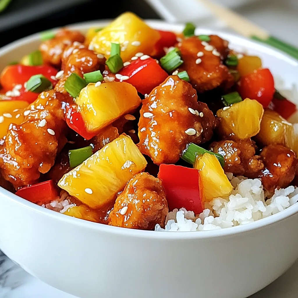 For a tasty Sweet and Sour Chicken Stir Fry, you need these simple ingredients: - 1 lb (450g) boneless, skinless chicken breast - 1 red bell pepper, sliced - 1 green bell pepper, sliced - 1 cup pineapple chunks (fresh or canned) - 1 medium onion, sliced - 2 cloves garlic, minced - 1-inch piece of ginger, minced - 1/4 cup soy sauce - 1/4 cup sweet and sour sauce - 2 tablespoons cornstarch - 2 tablespoons vegetable oil - Salt and pepper to taste - Cooked rice or noodles for serving These ingredients blend well to create a dish that is both sweet and tangy. The chicken offers protein, while the colorful bell peppers and pineapple add crunch and flavor. You can choose fresh or canned pineapple based on what you have on hand. The sauces bring everything together, making each bite a delight. The cornstarch ensures that the chicken has a nice crisp texture. Don't forget the cooked rice or noodles to complete your meal! {{ingredient_image_1}} First, take your chicken breast and slice it into bite-sized pieces. In a bowl, mix the chicken with salt, pepper, and cornstarch until each piece is well coated. The cornstarch helps the chicken become crispy when cooked. This step is key for that perfect crunch, which makes the dish so tasty. Now, heat one tablespoon of vegetable oil in a large skillet or wok over medium-high heat. Add the chicken pieces and cook for about 5-7 minutes. You want them browned and fully cooked. Keep an eye on the time; overcooking can make the chicken dry. Once done, remove the chicken from the skillet and set it aside. In the same skillet, add another tablespoon of oil. Toss in the sliced onion and bell peppers. Also, add minced garlic and ginger. Stir-fry these for about 3-4 minutes. You want the veggies to be tender-crisp. This means they should still have a bit of bite, not mushy. Next, add the pineapple chunks to the skillet. Pour in the soy sauce and sweet and sour sauce. Stir everything together and bring it to a simmer for about 2 minutes. This step helps all the flavors blend together beautifully. Return the cooked chicken to the skillet and mix well. This allows the chicken to soak up the sauce. Cook everything for another 2-3 minutes until it’s heated through. Serve the stir fry over cooked rice or noodles. This meal is quick, easy, and full of flavor! To get that nice, crispy texture, cornstarch is key. It coats the chicken well, creating a crunchy bite when cooked. Make sure to toss the chicken pieces well with salt, pepper, and cornstarch. This step is vital for the best results. When you cook the chicken, aim for a medium-high heat. This helps seal in the juices and keep the meat tender. For the veggies, cook them just enough to stay crunchy. Stir-fry the onion and bell peppers for about 3-4 minutes. They should be tender but still crisp. This will give your dish a great texture balance. To make your stir fry even better, consider using extra seasonings. A dash of sesame oil can add a nice nutty flavor. You can also add some red pepper flakes for a bit of heat. Balancing sweet and sour is important too. The sweet and sour sauce provides a good base. Taste as you mix, and adjust with more soy sauce or sugar if needed. This way, you can find the perfect mix for your palate. A great-looking dish makes meals more enjoyable. Serve your sweet and sour chicken in a bright, colorful bowl. This adds visual appeal. To make it pop even more, add garnishes like sesame seeds and chopped green onions. These small touches add both color and flavor to your meal. You’ll impress everyone at the table! Pro Tips Prep Ahead: Chop all your vegetables and chicken in advance to save time during cooking. Use Fresh Ingredients: Opt for fresh pineapple for a burst of flavor, but canned works in a pinch! Adjust the Sauce: Tweak the amount of sweet and sour sauce to suit your taste preference—more for sweetness, less for tanginess. High Heat Cooking: Ensure your skillet or wok is hot before adding ingredients to achieve the perfect stir-fry texture. {{image_2}} You can switch the chicken for shrimp, tofu, or beef. Each protein adds its own twist to the dish. For shrimp, cook it for just 3-4 minutes until it turns pink. Tofu needs a bit more time to brown, around 5-6 minutes. If you choose beef, slice it thinly and cook it about 4-5 minutes. Adjust the cooking time based on your protein choice. If you want a vegetarian or vegan meal, replace the chicken with tofu or tempeh. Both options soak up flavors well. For a boost of taste, try using a mix of soy sauce and hoisin sauce instead of sweet and sour sauce. This keeps the dish flavorful without the meat. Feel free to mix up the veggies. Snap peas, broccoli, or carrots work great. For a different flavor, use teriyaki sauce instead of sweet and sour sauce. This swap gives the dish a nice, rich taste. You can also add cashews or peanuts for extra crunch. After making Sweet and Sour Chicken Stir Fry, you might have some left. Store it in the fridge to keep it fresh. Use airtight containers for the best results. This helps keep the flavors locked in. The stir fry lasts for about 3 to 4 days in the fridge. Make sure it cools before you seal it up. When you want to eat the leftovers, reheating is key. You can use a skillet or microwave. If using a skillet, heat it on medium. Add a splash of water or soy sauce to keep it moist. Stir until it’s hot throughout. The ideal serving temperature is around 165°F. This keeps the dish safe and tasty. You can also freeze your stir fry for later. Let it cool completely before freezing. Use freezer-safe containers or bags. Squeeze out as much air as possible to avoid freezer burn. The stir fry can last for up to 3 months in the freezer. When you're ready to eat, thaw it in the fridge overnight. For quick thawing, use the microwave but be careful not to cook it. Reheat in a skillet for the best texture. Enjoy your delicious meal again! To enhance the flavor, you can add a few simple ingredients. Try using: - A splash of rice vinegar for acidity. - A teaspoon of sesame oil for richness. - Red pepper flakes for heat. - Fresh herbs like cilantro for freshness. These small changes can really boost the taste and make your stir fry pop! Yes, you can prepare this stir fry in advance. Here’s how: 1. Cook the chicken and veggies as directed. 2. Let them cool completely. 3. Store in an airtight container in the fridge for up to three days. When you are ready to eat, just reheat it in a skillet over medium heat. This saves time on busy nights! If you need a soy sauce substitute, try these options: - Tamari for a gluten-free alternative. - Coconut aminos for a sweeter taste. - Homemade blend of water, vinegar, and a pinch of salt. These will still give you that savory flavor without soy sauce. Sweet and Sour Chicken Stir Fry can be a healthy choice. It has lean protein, colorful veggies, and pineapple. Here are some tips for a lighter option: - Use less sweet and sour sauce to cut sugar. - Add more vegetables to increase fiber. - Serve it over brown rice for extra nutrients. These tweaks can help you enjoy a tasty meal that’s also good for you! In this post, we walked through making a tasty Sweet and Sour Chicken Stir Fry. You learned about the key ingredients and how to prepare them. We highlighted tips to achieve the perfect texture and flavor. You can also explore variations with different proteins and vegetables. Finally, we covered storage and reheating methods. Enjoy creating your own delightful stir fry. Experiment with flavors, and make it yours!
