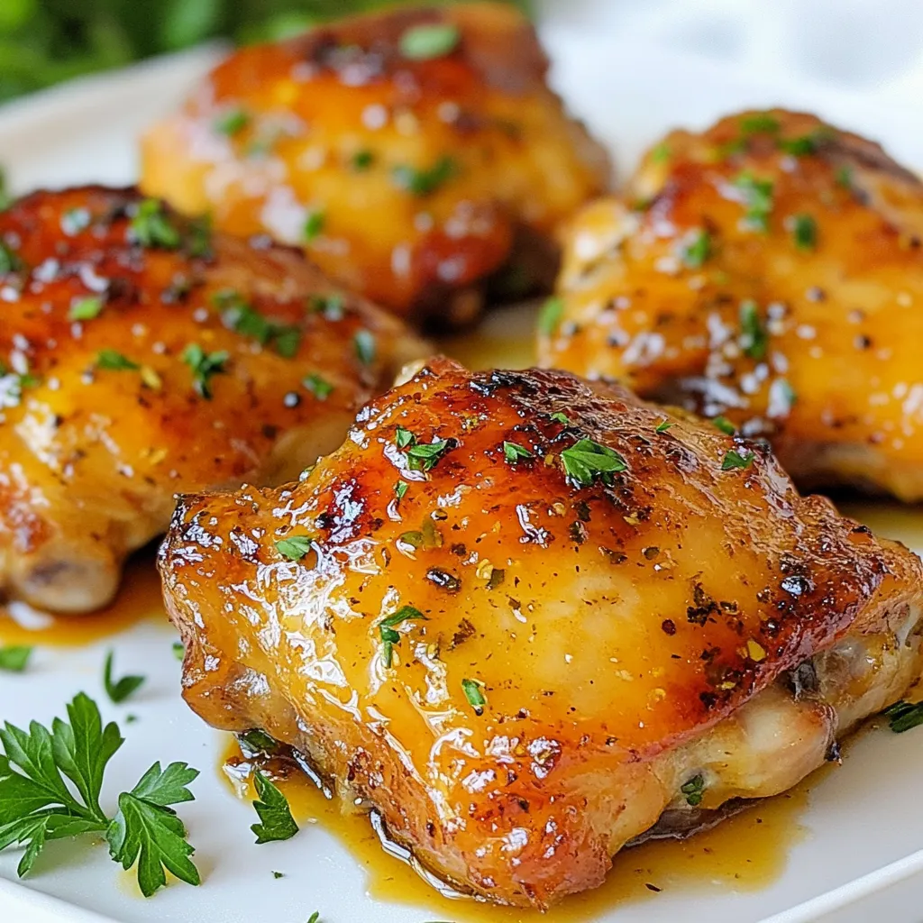 To make honey mustard chicken thighs, gather these simple ingredients: - 4 bone-in, skin-on chicken thighs - 1/4 cup honey - 1/4 cup Dijon mustard - 2 cloves garlic, minced - 1 tablespoon apple cider vinegar - 1 teaspoon dried thyme - 1 teaspoon paprika - Salt and pepper to taste - Fresh parsley, chopped (for garnish) Each ingredient plays a key role. The chicken thighs provide rich flavor and moisture. Honey adds sweetness, while Dijon mustard brings a sharp bite. Garlic adds depth, and apple cider vinegar balances the mix. Thyme and paprika enhance the taste and color. Salt and pepper are crucial for seasoning. Finally, fresh parsley brightens the dish. With these ingredients, you can create a meal that is both simple and delicious. {{ingredient_image_1}} - Preheat the oven to 400°F (200°C). - In a small bowl, whisk together: - 1/4 cup honey - 1/4 cup Dijon mustard - 2 cloves garlic, minced - 1 tablespoon apple cider vinegar - 1 teaspoon dried thyme - 1 teaspoon paprika - Salt and pepper to taste This mix gives the chicken a sweet and tangy flavor. - Pat the chicken thighs dry with paper towels. - Place them in a baking dish, skin side up. - Generously brush the honey mustard mixture over the chicken thighs. Make sure each piece is covered well. Set aside some sauce for later basting. - Bake the chicken in the preheated oven for 30 minutes. - After 30 minutes, remove the dish and baste the chicken with the reserved sauce. - Return to the oven and bake for another 15-20 minutes. - Check for doneness by using a meat thermometer. The internal temperature should reach 165°F (74°C). The chicken should be golden brown and juicy. Let it rest for 5 minutes before serving. This helps keep it moist. Enjoy your meal! To get crispy skin, pat the chicken thighs dry with paper towels. This step helps the skin crisp up in the oven. You can season the skin with salt and pepper for added flavor. If you want to switch things up, try using different herbs like rosemary or oregano. They add a nice touch to the dish. Basting is key for juicy chicken. It keeps the meat moist and enhances the taste. Use the reserved honey mustard sauce to baste the chicken halfway through cooking. This way, the flavors soak in while the chicken roasts. Basting at the right time makes a big difference. Pair your honey mustard chicken thighs with sides like roasted vegetables or mashed potatoes. A fresh salad also works well. For drinks, consider a crisp white wine or sparkling water with lemon. These options balance the rich flavors of the dish. Pro Tips Use Fresh Ingredients: Fresh herbs and quality honey make a significant difference in flavor. Whenever possible, opt for fresh thyme instead of dried for a more aromatic dish. Marinate for More Flavor: For an even deeper flavor, marinate the chicken thighs in the honey mustard mixture for a few hours or overnight before baking. Check for Doneness: Always use a meat thermometer to check the internal temperature of the chicken. It should reach 165°F (74°C) for safe consumption. Pair with Sides: This dish pairs wonderfully with roasted vegetables or a fresh salad to balance the sweetness of the honey mustard sauce. {{image_2}} You can change up this dish in fun ways! Start by using boneless chicken thighs. They cook faster and stay juicy. You can also swap out the Dijon mustard. Try yellow mustard for a milder taste or spicy brown mustard for a kick. Each mustard gives a different flavor, so feel free to experiment! You have options for cooking! Grilling gives the chicken a nice smoky flavor. Just brush the honey mustard mix on and grill until cooked through. Baking is easy and keeps the chicken moist. It’s perfect for busy days. You can even use a slow cooker. Coat the chicken with the honey mustard, then cook on low for 4-6 hours. This method makes the chicken super tender and flavorful. Want some heat? Add spices like cayenne pepper or crushed red pepper flakes. Start with a little and taste as you go. You can also mix in some hot sauce for extra zing. These spicy elements pair well with the sweet honey and tangy mustard, making a great flavor combo! To store your leftover honey mustard chicken thighs, first let them cool. Place them in an airtight container. They will keep in the fridge for up to four days. You can also freeze them for longer storage. Wrap the chicken tightly in foil or plastic wrap. Then, place it in a freezer-safe bag. Frozen chicken thighs last up to three months. When you're ready to enjoy the leftovers, the best way to reheat them is in the oven. Preheat your oven to 350°F (175°C). Place the chicken in a baking dish with a splash of water or broth. Cover it with foil to keep it moist. Heat for about 20 minutes or until hot. You can also use a microwave. Just be sure to cover the chicken. Heat it in short bursts to avoid drying it out. Keep an eye on it and stir if needed. This way, you’ll have juicy chicken just like the first time! Bake chicken thighs at 400°F for about 30 minutes. After this time, take them out to baste. Then, return them to the oven for another 15-20 minutes. The goal is to make the skin crispy and the meat juicy. The chicken is done when it reaches 165°F inside. Yes, you can use boneless chicken thighs or chicken breasts. Boneless thighs will cook faster, so check them at about 25 minutes. Breasts may dry out more, so be careful with cooking time. Drumsticks are also a fun choice. They’ll add a different flavor and texture. If you need a honey substitute, use maple syrup or agave nectar. These options will still add sweetness. You can also use brown sugar mixed with a little water for a similar effect. Adjust according to your taste. This blog post outlined a tasty honey mustard chicken thigh recipe. You learned the key ingredients and step-by-step cooking methods to make it perfect. We discussed tips for crispy skin, flavor boosts, and storage options. You can experiment with variations like spicy additions or alternative cooking methods. In the end, this dish is easy and delicious. Enjoy your cooking and savor each bite of your flavorful chicken!