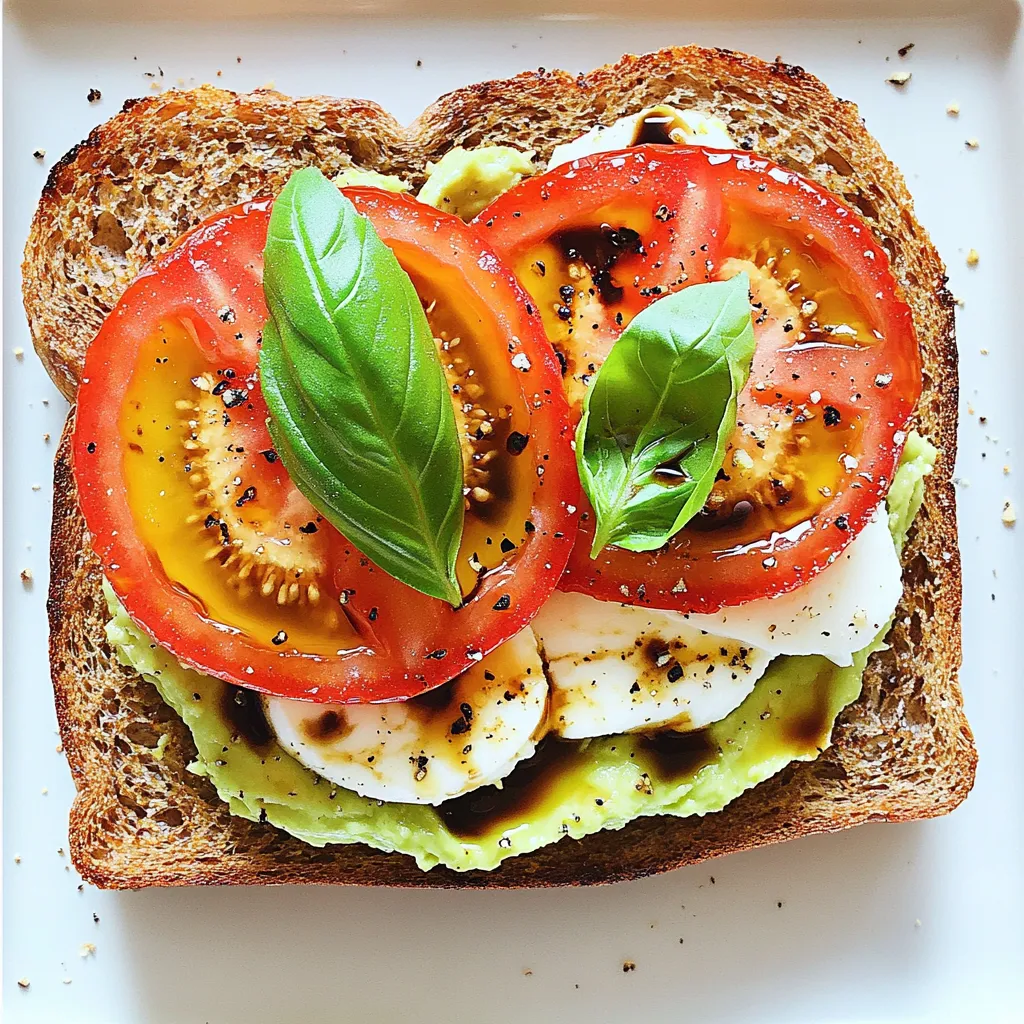 For this Minute Caprese Avocado Toast, gather these fresh ingredients: - 2 slices of whole grain bread - 1 ripe avocado - 1 medium tomato, sliced - 1 ball of fresh mozzarella, sliced - Fresh basil leaves - 1 tablespoon balsamic glaze - Salt and pepper to taste - 1 tablespoon olive oil You can add a few extras to enhance the flavor: - Crushed red pepper for heat - Garlic powder for a savory kick - Lemon juice for brightness - Extra herbs like oregano or thyme Choosing the right bread makes a big difference. Here are my top picks: - Whole grain for a nutty flavor - Sourdough for a tangy twist - Multigrain for added texture - Ciabatta for a crusty bite These choices will elevate your toast and give it a great base. Enjoy experimenting with these ingredients! Start by grabbing two slices of whole grain bread. Place the slices in a toaster. Toast them until they turn golden brown and crispy. This step adds texture and flavor. You can also use a skillet if you prefer. Just heat it over medium heat. Add a little olive oil to the pan for extra taste. While the bread is toasting, take a ripe avocado. Slice it in half and remove the pit. Scoop the green flesh into a bowl. Use a fork to mash the avocado until creamy. This should be quick and easy. Season the mashed avocado with salt and pepper. Adjust the taste as needed. Once the bread is ready, it's time to assemble. Spread a thick layer of the mashed avocado on each slice. Next, layer the tomato slices on top. Add the fresh mozzarella slices next. Tuck in fresh basil leaves for that classic Caprese taste. Finally, drizzle balsamic glaze over everything. A little olive oil adds richness too. Serve your Minute Caprese Avocado Toast right away and enjoy! When picking an avocado, look for one that feels soft but not mushy. Gently squeeze it in your palm. If it yields slightly, it’s ready to go. A dark green skin often means ripeness, but check for any dents or blemishes. These can mean the fruit is overripe. If you find a firm avocado, you can let it ripen at room temperature for a few days. This toast tastes great as is, but you can make it even better. Try adding a sprinkle of red pepper flakes for some heat. A pinch of garlic powder gives it amazing flavor too. If you want more crunch, add sliced radishes or cucumber. Pair your toast with a sunny-side-up egg for a filling meal. Fresh fruits on the side, like berries, are a nice touch. Save time by prepping your ingredients ahead of time. You can slice tomatoes and mozzarella the night before. Keep them in containers in the fridge. When you want toast, just mash your avocado and toast the bread. You can also use a store-bought balsamic glaze to skip the cooking step. This way, you can enjoy your meal in just a few minutes! {{image_2}} If you don't have mozzarella, use other cheeses. Burrata works well for a creamy touch. Feta adds a salty bite, while goat cheese gives a unique flavor. Each cheese will change the taste but keep it tasty. Mix and match toppings to make your toast special. Try sliced olives for a briny kick. You can add roasted peppers for sweetness. A sprinkle of chili flakes gives a nice heat. For crunch, add some nuts like pine nuts or walnuts. To make this toast vegan, skip the cheese. Try using a nut-based cheese instead. You can also add avocado slices for creaminess. If you want to keep it vegetarian, just replace mozzarella with a cheese of your choice. This way, you enjoy all the flavors without losing the essence of Caprese. To keep your Minute Caprese Avocado Toast fresh, store leftovers in an airtight container. This helps to prevent the bread from getting soggy. Place the toast in the fridge if you plan to eat it within a day. If you have leftover toppings, store them separately to keep the flavors fresh. When you’re ready to enjoy your leftovers, preheat your oven to 350°F (175°C). Place the toast on a baking sheet and warm it in the oven for about 5 to 8 minutes. This keeps the bread crispy. If you want to reheat in a microwave, do so for 30 seconds. But remember, this may make the bread soft. Freezing is not ideal for this toast, as the bread and toppings do not freeze well together. If you want to freeze, store only the bread slices. Wrap them tightly in plastic wrap, then place them in a freezer bag. You can toast the bread right from the freezer when you’re ready to make your toast again. You can prepare parts of this toast ahead. Toast the bread and mash the avocado. Store the avocado in an airtight container. Add a splash of lemon juice to keep it green. Assemble the toast right before serving. This keeps it fresh and tasty. If you don't have balsamic glaze, use regular balsamic vinegar. Drizzle it lightly over the toast. You can also mix balsamic vinegar with honey for a sweeter taste. Another option is a splash of lemon juice for a zesty kick. To make this toast gluten-free, choose gluten-free bread. Many brands offer tasty options. Check the label to ensure it’s gluten-free. The rest of the ingredients are naturally gluten-free. Enjoy your tasty Minute Caprese Avocado Toast without worry! This post covered the essentials for making delicious avocado toast. You learned about the best ingredients, how to prepare, and tips for success. Finding ripe avocados and storing leftovers properly ensures your toast stays fresh. Feel free to try the variations for new flavors. Remember, the key is to enjoy the process and make it your own. Happy toasting!