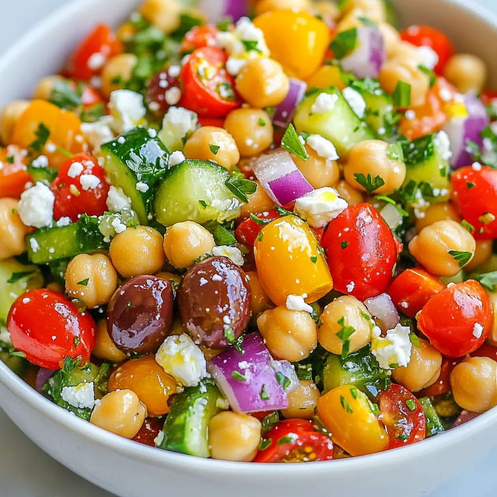 To make a delicious Mediterranean chickpea salad, you need the following ingredients: - 1 can (15 oz) chickpeas, drained and rinsed - 1 cup cherry tomatoes, halved - 1 cucumber, diced - 1/2 red onion, finely chopped - 1 red bell pepper, diced - 1/4 cup Kalamata olives, pitted and halved - 1/4 cup feta cheese, crumbled - 3 tablespoons olive oil - 2 tablespoons fresh lemon juice - 1 teaspoon dried oregano - Salt and pepper to taste - Fresh parsley, chopped (for garnish) You can swap in some ingredients if you want. Here are some easy changes: - Use canned white beans instead of chickpeas for a different flavor. - Try grape tomatoes if you can’t find cherry tomatoes. - Any crunchy bell pepper works if you don’t have red. - Use green olives if Kalamata olives are hard to find. - Feta cheese can be replaced with goat cheese or left out for vegan options. - Avocado is a great creamy addition if you want to switch things up. Choosing fresh, quality ingredients makes your salad taste better. Here are some tips: - Look for firm chickpeas without any soft spots. - Choose bright, firm tomatoes with no bruises. - Pick cucumbers that are smooth and dark green. - Select red onions that feel heavy and firm. - Check bell peppers for a shiny skin and no blemishes. - For olives, select ones stored in brine for the best flavor. - Fresh herbs, like parsley, should be vibrant and not wilted. By using these tips, you ensure your Mediterranean chickpea salad is fresh and full of flavor! {{ingredient_image_1}} To make this Mediterranean Chickpea Salad, you will gather fresh ingredients. You need to prepare the vegetables first. This will help the salad taste great. Make sure you have a large mixing bowl ready. 1. Start by draining and rinsing the chickpeas. This step removes extra salt and liquid. 2. In a large mixing bowl, add the chickpeas, halved cherry tomatoes, diced cucumber, finely chopped red onion, diced red bell pepper, and halved Kalamata olives. 3. Now, crumble the feta cheese over the top of the vegetables. This adds a nice creaminess. 4. In a small bowl, whisk together the olive oil, fresh lemon juice, dried oregano, salt, and pepper. Mix until everything is combined. 5. Pour this dressing over the salad mixture. Gently toss everything together. Make sure all the ingredients are coated well. 6. Let the salad rest for at least 15 minutes at room temperature. This allows the flavors to mix. 7. Just before serving, give the salad a final gentle toss. Taste and adjust the seasoning if needed. Garnish with chopped fresh parsley for color. - Gathering Ingredients: 5 minutes - Preparing Vegetables: 10 minutes - Mixing and Dressing: 5 minutes - Resting Time: 15 minutes - Total Time: 30 minutes By following these steps, you’ll create a colorful and tasty salad. Enjoy the fresh flavors! To enhance the flavor of your Mediterranean chickpea salad, use fresh herbs. Fresh parsley adds a bright touch. For a bolder taste, try adding fresh mint or basil. Make sure to use ripe cherry tomatoes for sweetness. They bring a juicy burst in every bite. The dressing is key; whisk it well to blend all the tastes. Letting the salad sit for 15 minutes allows the flavors to mix. This resting time makes a big difference. Taste before serving and adjust seasoning as needed. This salad pairs well with grilled meats or fish. It makes a great side dish for summer barbecues. Serve it with warm pita bread for a complete meal. You can also enjoy it on its own for a light lunch. For a fun twist, add it to a wrap with hummus. It’s also excellent over a bed of greens for extra crunch. A glass of chilled white wine complements the flavors nicely. One mistake is not rinsing the chickpeas. Rinsing removes excess salt and improves taste. Another error is skipping the resting time. If you serve it right away, the flavors won’t meld. Avoid overdoing the dressing; it can make the salad soggy. Instead, start with a little and add more as needed. Finally, don’t forget to taste before serving. Adjusting the seasoning can elevate your dish significantly. Pro Tips Chickpea Choice: Use dried chickpeas soaked overnight instead of canned for a firmer texture and enhanced flavor. Veggie Variations: Feel free to add other vegetables like bell peppers, radishes, or even avocado for added nutrition and flavor. Marinating Time: For the best flavor, let the salad marinate in the refrigerator for at least an hour before serving. Serving Suggestions: Serve this salad over a bed of greens or alongside grilled meats for a hearty meal. {{image_2}} You can customize your Mediterranean chickpea salad in many fun ways. Here are some ideas: - Vegetables: Add shredded carrots or diced zucchini for more crunch. - Herbs: Toss in fresh mint or basil for a unique twist. - Proteins: Chickpeas are great, but you can add grilled chicken or shrimp for extra protein. - Cheese: If you don’t like feta, try goat cheese or leave it out for a dairy-free option. This salad is naturally vegan and gluten-free. Chickpeas provide protein and fiber without any meat or gluten. If you skip the feta, it stays vegan. Use a gluten-free dressing if you prefer. Most store-bought dressings are vegan and gluten-free, but check labels for safety. Change your ingredients based on the season. In summer, add diced bell peppers and ripe tomatoes for freshness. In winter, use roasted vegetables like sweet potatoes or beets. Seasonal changes keep the salad exciting. You can also use canned vegetables when fresh ones are not available. This way, you enjoy the salad year-round! To store your Mediterranean chickpea salad, place it in an airtight container. Make sure to cover it tightly. This keeps the salad fresh and tasty. If you have a lot of salad, divide it into smaller portions. This way, you can grab just what you need. I recommend using glass or BPA-free plastic containers. Glass containers are great because they do not stain or hold smells. Plastic containers are lightweight and handy for packing. Look for ones with tight seals to keep air out. Your salad will last about 3 to 5 days in the fridge. It’s best to eat it cold, so no need to reheat. If you want to enjoy it warm, heat the chickpeas and then mix them in. This keeps the veggies crisp and fresh. You can boost this salad with many tasty items. Consider adding diced avocado or shredded carrots. Fresh herbs like mint or basil add bright flavor. You could also include grilled chicken or shrimp for protein. If you want a spicy kick, add red pepper flakes or diced jalapeños. Feel free to mix and match to suit your taste. The Mediterranean Chickpea Salad stays fresh for about three days in the fridge. Make sure to store it in a sealed container. The flavors will blend more over time, but the veggies may get a bit soft. It's best to eat it within this time for the best taste and texture. Yes, you can make this salad ahead of time. I often prepare it a day before serving. Just keep the salad in the fridge until you’re ready to eat. If you want the best crunch, add the feta cheese and olives just before serving. This way, they stay fresh and tasty. This salad is packed with nutrients. A serving provides protein, fiber, and healthy fats. Chickpeas offer a great source of plant-based protein. Fresh veggies add vitamins and minerals. Feta cheese brings calcium, while olive oil offers heart-healthy fats. Overall, it’s a balanced meal that supports a healthy diet. We covered key ingredients for Mediterranean Chickpea Salad, including smart swaps and quality tips. I shared step-by-step cooking instructions to ensure perfect timing. You learned how to enhance flavors and avoid common mistakes. We explored variations, storage advice, and answered your burning questions. Mastering this salad brings fresh tastes and health benefits to your table. Enjoy making it your own!