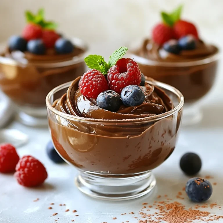 To make avocado chocolate mousse, you will need: - 2 ripe avocados, pitted and peeled - 1/3 cup unsweetened cocoa powder - 1/4 cup maple syrup or honey - 1/4 cup almond milk (or any milk of choice) - 1 teaspoon vanilla extract - A pinch of sea salt - Fresh berries and mint leaves for garnish Using ripe avocados is key. They should feel soft but not mushy. Fresh cocoa powder adds rich flavor. If you use maple syrup, choose pure, not imitation. For milk, unsweetened almond milk keeps the mousse light. Always use high-quality vanilla extract for the best taste. A pinch of sea salt enhances the chocolate flavor. If you want a vegan option, use maple syrup instead of honey. You can swap almond milk for oat or coconut milk if preferred. For a nut-free version, choose soy or rice milk. If you’re avoiding sugar, use a sugar-free sweetener that measures like sugar. For a creamier texture, add a bit of silken tofu. {{ingredient_image_1}} Start by gathering all your ingredients. You need ripe avocados, cocoa powder, maple syrup or honey, almond milk, vanilla extract, and salt. This dish is quick to prepare. It takes about 10 minutes. 1. In a blender or food processor, add the avocados. 2. Next, add the cocoa powder. 3. Pour in the maple syrup or honey. 4. Add the almond milk and vanilla extract. 5. Sprinkle in a pinch of salt. 6. Blend everything on high speed. 7. Stop to scrape the sides as needed. 8. Blend until creamy and smooth. Taste the mousse. You can add more sweetener if you want it sweeter. Once it's silky, move it to serving cups or bowls. Cover the mousse with plastic wrap. Place it in the fridge for at least 30 minutes. This helps it set and chill. The mousse will be cool and rich. Before you serve it, top it with fresh berries and mint. Enjoy this creamy dessert! To get that creamy mousse, you must blend well. Use a high-speed blender or food processor. Start with ripe avocados. They should be soft but not brown. Blend the avocados with cocoa powder and milk. Keep blending until the mix is smooth. If it feels too thick, add a bit more milk. This will help you reach the perfect texture. Taste your mousse before serving. If you want it sweeter, add more maple syrup or honey. Mix well after each addition. Remember, you can always add more, but you can't take it out. Start with a small amount and keep tasting. You want just the right balance of chocolate and sweetness. Serve your mousse in clear glass cups. This shows off its dark, rich color. Add a sprinkle of cocoa powder on top for flair. Fresh berries and mint leaves make great garnishes too. They add color and freshness. This will make your dessert look as good as it tastes! Pro Tips Choose Ripe Avocados: Ensure your avocados are perfectly ripe for the best flavor and creaminess; they should yield slightly to gentle pressure. Blend Thoroughly: To achieve the smoothest texture, blend the ingredients on high speed and scrape down the sides of the blender to incorporate all ingredients evenly. Adjust Sweetness: Always taste the mousse before chilling; feel free to adjust the sweetness by adding more maple syrup or honey according to your preference. Garnish Creatively: Use a variety of fresh berries and mint leaves to elevate the presentation and add a burst of color and flavor to the mousse. {{image_2}} You can change the sweetener in this recipe. Maple syrup works well, but honey is also great. If you want a sugar-free option, try using a sugar substitute like stevia or agave nectar. Each choice changes the flavor a bit, so feel free to experiment. Adding spices or extracts can boost the flavor. A dash of cinnamon adds warmth. Some people love a hint of coffee for a deeper taste. You can also try adding a splash of almond or peppermint extract to give it a unique twist. Just remember to start with a small amount and taste as you go. Toppings make the mousse look pretty and add flavor. Fresh berries like strawberries or raspberries are perfect. They add a nice tartness. Mint leaves give a lovely green touch and freshness. You can also sprinkle some cocoa powder on top for extra chocolatey goodness. This makes your dessert not just tasty but also beautiful! To keep your avocado chocolate mousse fresh, store it in airtight containers. This helps prevent oxidation, which can change its color and taste. If you plan to enjoy it later, cover the mousse tightly with plastic wrap. Make sure the wrap touches the surface of the mousse to limit air exposure. You don’t need to reheat this mousse since it tastes best chilled. If it looks a bit thick after chilling, simply stir it gently. You can add a splash of almond milk to make it smooth again. Blend the mixture for a few seconds if needed. This keeps the mousse creamy and delightful. Your avocado chocolate mousse stays fresh in the fridge for about 3 to 5 days. After this time, it may lose its creamy texture and flavor. Always check for any off smells or changes in color before eating. If it looks or smells strange, it’s best to toss it out for safety. Enjoy your delicious treat while it’s fresh! Yes, this recipe is vegan. It uses ripe avocados for creaminess and maple syrup for sweetness. Both ingredients come from plants. You can enjoy this mousse without animal products. It is rich in healthy fats and nutrients. Yes, you can use alternatives like carob powder. Carob has a sweet taste and works well in desserts. You can also try dark chocolate if you prefer. Just melt it and mix it in. Adjust the sweetener since chocolate can be sweeter than cocoa powder. You know the mousse is ready when it is smooth and creamy. Blend until there are no lumps left. Taste it to check the sweetness. If it’s to your liking, transfer it to serving cups. Chill it in the fridge for at least 30 minutes before serving. This blog post covered important parts of making a great mousse. We looked at key ingredients, preparation steps, and helpful tips. I shared ideas for variations and storage. You can adjust sweetness and try different flavors for your preference. Remember, quality ingredients make a big difference. Enjoy the process, and don’t rush! A little patience goes a long way. With these steps, you'll create a dessert that impresses everyone. Go ahead and get started on your next mousse adventure!