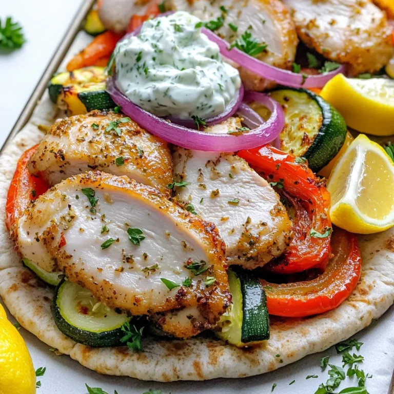 - 1.5 lbs boneless, skinless chicken thighs - 3 tablespoons olive oil - 3 cloves garlic, minced - 1 large red onion, sliced - 1 bell pepper (red or yellow), sliced - 1 zucchini, sliced - 6 whole wheat pita breads - 2 teaspoons dried oregano - 1 teaspoon ground cumin - 1 teaspoon paprika - 1 teaspoon salt - ½ teaspoon black pepper - 1 cup tzatziki sauce - Fresh parsley, chopped - Lemon wedges for serving To make the best Sheet Pan Greek Chicken Gyros, gather all your ingredients first. Start with the chicken. I love using boneless, skinless chicken thighs. They stay juicy and tender. For flavor, marinate them in olive oil, minced garlic, dried oregano, cumin, paprika, salt, and black pepper. This mix gives the chicken a vibrant taste. Next, let’s talk about the veggies. Red onions, bell peppers, and zucchini add color and crunch. Their sweetness balances the spices. I recommend slicing them evenly for even cooking. Finally, don’t forget the whole wheat pita breads. They become warm and soft, making a perfect wrap. For toppings, tzatziki sauce is a must. It adds a cool, creamy texture. Fresh parsley brings a pop of color and flavor. Lemon wedges offer a zesty kick when squeezed on top. This combination makes every bite delightful. - Combine 3 tablespoons of olive oil, 3 minced garlic cloves, 2 teaspoons of dried oregano, 1 teaspoon of ground cumin, 1 teaspoon of paprika, 1 teaspoon of salt, and ½ teaspoon of black pepper in a large bowl. - Add 1.5 lbs of boneless, skinless chicken thighs. Mix well until the chicken is fully coated. - Cover the bowl and refrigerate for at least 30 minutes, or up to 2 hours for more flavor. - Preheat your oven to 425°F (220°C). - Line a large sheet pan with parchment paper. Arrange the sliced vegetables: 1 large red onion, 1 bell pepper (red or yellow), and 1 zucchini evenly across the pan. - After marinating, place the chicken thighs on the sheet pan alongside the vegetables. Ensure they are spaced apart for even cooking. - Bake the sheet pan in the preheated oven for about 25-30 minutes. The chicken should reach an internal temperature of 165°F (75°C), and the veggies should be tender. - In the last 5 minutes of cooking, wrap 6 whole wheat pita breads in aluminum foil and place them directly on the oven rack to warm. - Once cooked, remove the sheet pan from the oven. Allow the chicken to rest for a few minutes before slicing it into strips. - To serve, lay a warm pita on a plate. Add sliced chicken, roasted vegetables, and a generous spoonful of tzatziki sauce. Garnish with fresh chopped parsley and a squeeze of lemon juice. To make great chicken gyros, marinate the chicken well. I suggest marinating for at least 30 minutes. For a deeper flavor, marinate for up to 2 hours. This allows the spices to soak in and make the chicken tender. Always check the internal temperature of the chicken. It should reach 165°F (75°C). This ensures it is safe to eat and not dry. Use a meat thermometer for the best results. You can mix in other vegetables for added flavor. Try cherry tomatoes, eggplant, or mushrooms. These veggies roast well and add great taste to your gyros. When roasting vegetables, cut them into even pieces. This helps them cook at the same rate. Toss them with olive oil and seasoning before spreading them on the sheet pan. Make sure they are in a single layer for even roasting. To keep pita bread fresh, store it in a sealed bag. This keeps it soft and prevents it from drying out. You can also store it in the fridge for longer shelf life. To warm pita, you have a few options. You can wrap it in aluminum foil and place it in the oven. You can also use a stovetop pan over low heat. This gives you warm, soft pita ready for your gyros. {{image_2}} You can switch chicken thighs for chicken breasts. Chicken breasts are leaner but still tasty. Cut them into smaller pieces for quicker cooking. For vegetarians, try chickpeas or grilled halloumi. Both options give great flavor and texture. To change the taste, add new spices. Try coriander or sumac for a fresh twist. You can also use harissa for some heat. If you want to skip tzatziki, use hummus or garlic sauce. Both add creaminess and flavor. Pair your gyros with a fresh salad. A Greek salad with feta works well. You can also serve them with roasted potatoes or rice. For a snack, add some olives or pita chips. Each option enhances your meal and keeps it fun. To store leftovers, let the food cool first. Place the chicken and veggies in a container with a tight lid. Use glass or plastic containers for best results. Make sure to separate the tzatziki sauce in a different container. This keeps it fresh and tasty. Yes, you can freeze the ingredients! Just make sure to freeze the chicken and veggies without the pita or sauce. For freezing, use freezer bags or airtight containers. To reheat frozen gyros, thaw them in the fridge overnight. Then bake them at 350°F until warm. Leftovers last about 3 to 4 days in the fridge. If you see any off smells or changes in color, it’s time to toss them. Always trust your senses to decide if the meal is still good. A gyro is a popular Greek dish. It features meat cooked on a vertical rotisserie. The name "gyro" comes from the Greek word for "turn." Traditionally, pork or lamb is used, but chicken is also popular. It is often served in pita bread with veggies and sauce. Yes, you can prepare this meal ahead of time. Marinate the chicken up to two hours in advance. This adds great flavor. Chop the vegetables and store them in the fridge. Bake everything right before serving for the best taste and texture. You can serve Greek chicken gyros with many tasty sides. Some good options include: - Greek salad - Roasted potatoes - Hummus and pita chips - Tabbouleh - Grilled vegetables Each of these pairs well with the flavors of the gyros. To make this recipe gluten-free, skip the pita bread. Instead, serve the chicken and veggies on a bed of rice or in lettuce wraps. You can also find gluten-free pita bread at many grocery stores. Just check the labels to be sure. This blog post explored making tasty Greek chicken gyros at home. You learned about key ingredients like chicken, fresh veggies, and pita bread. I walked you through marinating, baking, and serving. We discussed tips for perfecting your dish, variations for flavors, and how to store your leftovers safely. Simple steps can lead to a delicious meal. Enjoy making gyros with your favorite twists!