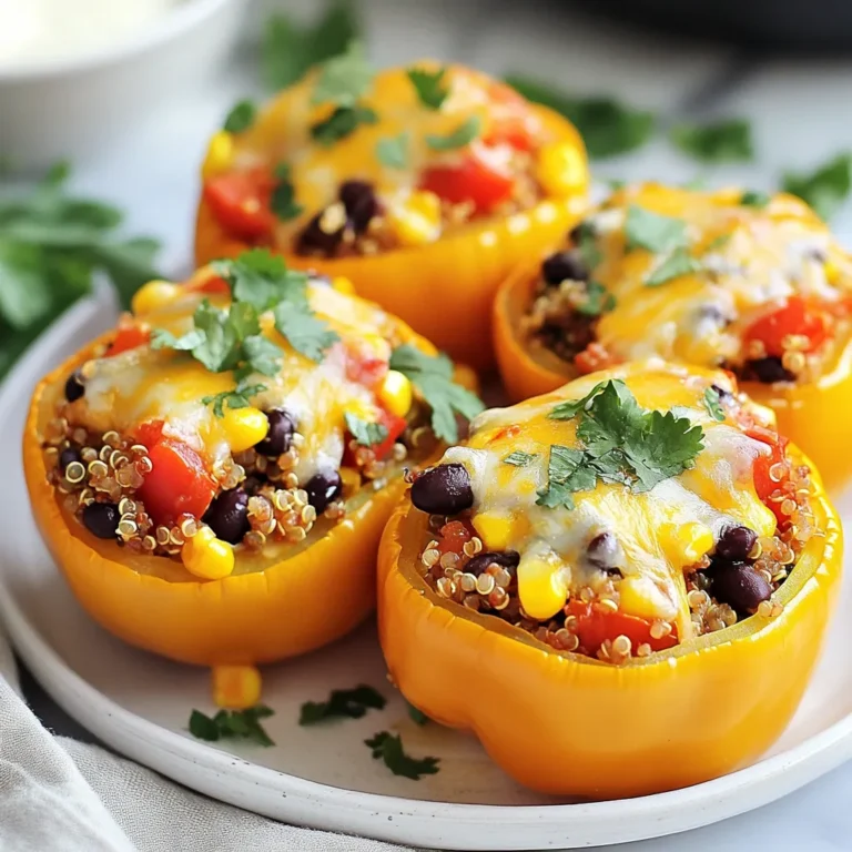 To make Southwest quinoa stuffed peppers, gather these ingredients: - 4 large bell peppers (any color) - 1 cup quinoa, rinsed - 2 cups vegetable broth - 1 can (15 oz) black beans, rinsed and drained - 1 cup corn kernels (fresh or frozen) - 1 medium onion, diced - 2 cloves garlic, minced - 1 teaspoon cumin - 1 teaspoon chili powder - ½ teaspoon smoked paprika - Salt and pepper to taste - 1 cup diced tomatoes (canned or fresh) - 1 cup shredded cheese (cheddar or pepper jack) - Fresh cilantro, for garnish You can add more flavor with these: - Avocado crema for drizzling - Sour cream for a creamy touch - Jalapeños for a spicy kick - Lime juice for brightness - Additional spices like oregano or cayenne If you have special diets, try these swaps: - Use quinoa or brown rice for gluten-free needs. - Replace black beans with pinto beans or lentils. - Use dairy-free cheese for a vegan option. - For lower sodium, choose low-sodium broth and beans. These choices keep your meal tasty and fit your needs! {{ingredient_image_1}} To make Southwest quinoa stuffed peppers, you need to prepare the peppers and the filling. You will cook the quinoa first. Next, you will mix it with tasty ingredients. Then, you will stuff the peppers and bake them. This process takes about 50 minutes. 1. Preheat your oven. Set it to 375°F (190°C). 2. Cook the quinoa. In a medium pot, boil 2 cups of vegetable broth. Add 1 cup of rinsed quinoa. Turn the heat low, cover, and simmer for 15 minutes. The quinoa will soak up all the broth. 3. Prep the peppers. Cut the tops off 4 large bell peppers. Remove the seeds and membranes. Place them cut side up in a baking dish. 4. Sauté the onion. Heat a tablespoon of olive oil in a large skillet. Add 1 diced onion. Cook for about 5 minutes until it is clear. 5. Add garlic. Stir in 2 minced cloves of garlic. Cook for 1 more minute until you smell the garlic. 6. Mix the filling. Add 1 can of black beans, 1 cup of corn, the cooked quinoa, and 1 cup of diced tomatoes. Also add 1 teaspoon of cumin, 1 teaspoon of chili powder, ½ teaspoon of smoked paprika, salt, and pepper. Stir everything well. 7. Stuff the peppers. Use a spoon to fill each pepper with the quinoa mix. Pack it in gently. 8. Top with cheese. Sprinkle 1 cup of shredded cheese on each stuffed pepper. 9. Bake the peppers. Cover the dish with foil. Bake for 25 minutes. Then, take off the foil and bake for 10 more minutes. The cheese should be bubbly and golden. 10. Garnish and serve. Take them out of the oven. Let them cool for a few minutes. Add fresh cilantro on top before you serve. Bake your stuffed peppers at 375°F (190°C). The total baking time is 35 minutes. First, cover with foil for 25 minutes. Then, uncover and bake for 10 more minutes. This ensures the peppers cook well and the cheese melts nicely. To cook quinoa well, start by rinsing it under cold water. This step removes the bitter coating called saponin. Next, use two cups of vegetable broth for one cup of quinoa. Bring the broth to a boil in a medium pot. Once boiling, add the quinoa, lower the heat, and cover the pot. Let it simmer for about 15 minutes or until the liquid absorbs. After cooking, remove it from heat and let it sit for five minutes. Fluff it with a fork for a light and airy texture. For stuffed peppers, cheese adds creaminess and flavor. I recommend using cheddar or pepper jack cheese. Cheddar gives a sharp taste, while pepper jack adds a spicy kick. You can also try Monterey Jack for a milder option. If you prefer a healthier choice, use reduced-fat cheese. For a dairy-free version, consider vegan cheese or nutritional yeast. Sprinkle the cheese on top of the stuffed peppers before baking for a golden and bubbly finish. When you serve these stuffed peppers, consider pairing them with a salad or rice. A fresh green salad with lime vinaigrette complements the flavors well. You can also serve it with avocado crema or a dollop of sour cream for added richness. If you want a heartier meal, consider adding a side of black beans or corn. This extra touch makes the meal feel more filling and balanced. Enjoy your colorful and tasty feast! Pro Tips Choose Colorful Peppers: Using a mix of red, yellow, and green bell peppers not only enhances the visual appeal but also provides a variety of flavors. Enhance Flavor with Spices: Feel free to adjust the spices according to your taste or add a pinch of cayenne pepper for an extra kick! Meal Prep Friendly: These stuffed peppers can be made ahead of time and stored in the fridge for up to 3 days, making them perfect for meal prep. Experiment with Toppings: Try adding avocado slices, jalapeños, or a sprinkle of lime juice on top before serving for an extra burst of flavor. {{image_2}} You can easily make these peppers vegetarian or vegan. For a vegan version, skip the cheese or use a plant-based cheese. You can also top the peppers with avocado instead. This keeps the dish creamy and delicious while sticking to vegan rules. Use vegetable broth for cooking quinoa to keep it plant-based. Want a kick? Add more spice! Use jalapeños or diced green chiles in the filling. You can sprinkle hot sauce on top before baking. For an extra kick, add cayenne pepper to the quinoa mix. This will make your stuffed peppers fiery and exciting! If you like meat, try adding ground turkey or chicken to the filling. Cook the meat in the skillet before mixing in the other ingredients. You can also use beef for a heartier meal. Just brown the meat first and mix it with quinoa and beans. This adds protein and flavor to your dish. After enjoying your Southwest quinoa stuffed peppers, let them cool. Place leftovers in an airtight container. You can store them in the fridge for up to three days. This keeps the flavors fresh and the peppers crisp. To reheat, take the peppers out of the fridge. Place them in a microwave-safe dish. Cover with a damp paper towel to keep moisture. Heat on medium for about two to three minutes. You can also reheat them in the oven. Preheat your oven to 350°F (175°C). Bake for about 15 minutes until hot throughout. Want to save some for later? You can freeze these stuffed peppers! First, let them cool completely. Wrap each pepper tightly in plastic wrap. Then, place them in a freezer bag. They can stay good for up to three months. When you're ready to eat, thaw them overnight in the fridge before reheating. Quinoa is a superfood packed with nutrients. It is high in protein, making it great for muscle health. It contains all nine essential amino acids, which many grains lack. Quinoa is also high in fiber, aiding digestion and promoting a healthy gut. It has minerals like magnesium, iron, and potassium. These help keep your heart and bones strong. Plus, quinoa is gluten-free, making it safe for those with gluten allergies. Yes, you can! While I love using bell peppers, you can try different types. Poblano peppers add a smoky flavor. Jalapeños can bring some heat, perfect for spice lovers. Mini sweet peppers work well for bite-sized snacks. Just remember to adjust cooking times if you choose thicker peppers. Each type will give a unique taste to your dish. You can tell when the stuffed peppers are done by checking the cheese. It should be bubbly and golden. The peppers should also look tender but not mushy. You can poke them with a fork to test for softness. If they are still firm, give them a few more minutes. The filling should be hot throughout. Let them cool slightly before serving. Enjoy the tasty results! In this post, we explored the key ingredients for stuffed peppers and how to prepare them. I shared tips for perfect quinoa cooking and cheese choices. You learned variations for different diets and ideas for tasty fillings. Remember to store leftovers properly and follow reheating advice. Stuffed peppers are healthy and versatile. Experiment and make this dish your own. Enjoy your cooking adventure with stuffed peppers!