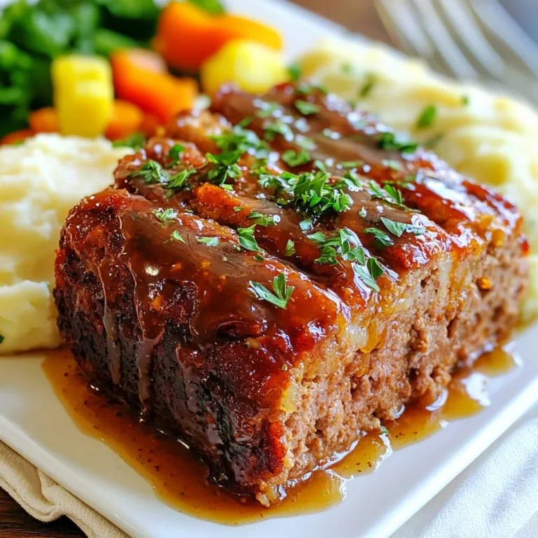 To make this tasty meatloaf, gather these main ingredients: - 1 lb ground beef - 1/2 lb ground turkey - 1 cup breadcrumbs - 1/2 cup onion, finely chopped - 2 cloves garlic, minced - 1/4 cup milk - 1/4 cup ketchup - 2 tablespoons Worcestershire sauce - 1 large egg - 1 tablespoon fresh parsley, chopped - Salt and pepper to taste These ingredients create a hearty and flavorful base. The mix of beef and turkey gives a nice balance of taste and texture. Now, let’s talk about the glaze. It adds a sweet and savory kick. For the honey garlic glaze, you will need: - 1/3 cup honey - 2 tablespoons soy sauce - 1 clove garlic, minced - 1 teaspoon fresh ginger, grated This glaze makes the meatloaf shine with sweet flavor. The honey and soy sauce blend perfectly with garlic and ginger. You can customize your meatloaf for extra flavor or health. Here are some optional ingredients you might consider: - Chopped bell peppers for crunch - Grated carrots for sweetness - Oats instead of breadcrumbs for a healthier option - Different herbs like thyme or oregano These additions can make your meatloaf unique and cater to your taste buds. Feel free to experiment! {{ingredient_image_1}} Start by preheating your oven to 350°F (175°C). Grease a loaf pan to keep the meatloaf from sticking. In a large bowl, mix 1 pound of ground beef and 1/2 pound of ground turkey together. Add 1 cup of breadcrumbs, 1/2 cup of finely chopped onion, and 2 cloves of minced garlic. Pour in 1/4 cup of milk and 1/4 cup of ketchup. Then, add 2 tablespoons of Worcestershire sauce, 1 large egg, and 1 tablespoon of chopped parsley. Season with salt and pepper to taste. Mix until combined but don't overmix. Shape the mixture into a loaf and place it in the prepared pan. In a small bowl, combine 1/3 cup of honey, 2 tablespoons of soy sauce, 1 clove of minced garlic, and 1 teaspoon of grated fresh ginger. This glaze adds a sweet and savory touch. Stir until well mixed. Brush half of the glaze over the meatloaf before baking. This will add flavor and moisture during cooking. Bake the meatloaf in the preheated oven for 45 minutes. After 45 minutes, take it out and brush the remaining glaze on top. Return it to the oven for another 15 minutes. The meatloaf is ready when the internal temperature reaches 165°F (74°C). Once done, let it rest for 10 minutes before slicing. This step helps the juices settle, keeping the meatloaf moist. Serve it sliced, garnished with fresh parsley for a beautiful presentation. Enjoy with mashed potatoes and veggies for a full meal! To keep your meatloaf moist, use a mix of meats. I like to combine ground beef and ground turkey. This blend adds flavor and moisture. Adding milk and breadcrumbs helps too. The milk keeps the meat soft, while breadcrumbs soak up juices. Don’t overmix your ingredients. Mixing too much can make your meatloaf tough. Gently combine everything until just mixed. Glazing adds flavor and a nice shine. Brush half of the honey garlic glaze on before baking. This step lets the glaze soak in. After 45 minutes, add the rest of the glaze. This makes the top sticky and sweet. Make sure you cover the whole loaf evenly. Use a brush for a smooth, even layer. One big mistake is not checking the meatloaf's temperature. Use a meat thermometer to check the inside. It should be 165°F (74°C). Another mistake is skipping the resting time. Let your meatloaf rest for 10 minutes. This helps the juices settle. Finally, don’t forget to season. A little salt and pepper go a long way in flavor. Pro Tips Use Lean Meat: Combining ground beef with ground turkey helps reduce the fat content while still maintaining a juicy texture. Don’t Overmix: Mix the meatloaf ingredients just until combined to keep it tender. Overmixing can lead to a dense texture. Let it Rest: Allow the meatloaf to rest for 10 minutes after baking. This helps the juices redistribute, making it easier to slice. Glaze Variations: Feel free to experiment with the glaze by adding sriracha for heat or orange juice for a citrusy twist. {{image_2}} You can mix things up with different meats for your meatloaf. Try using ground pork for a richer flavor. Ground chicken or turkey is a leaner choice that keeps it light. If you want a bold twist, go for lamb. Each meat brings its own taste and texture to your dish. If you want to make the meatloaf healthier, consider these swaps. Use whole wheat breadcrumbs instead of regular ones. This adds fiber and nutrients. You can replace ground beef with ground turkey or chicken for lower fat. Almond milk works great instead of regular milk. You can also cut down on ketchup, using tomato paste for less sugar. Boost the flavor of your meatloaf with some fun additions. Add chopped bell peppers for a sweet crunch. Herbs like thyme or oregano add depth. If you like spice, mix in some diced jalapeños. You can even include grated cheese for a gooey center. These little tweaks make a big difference in taste! To store your leftover meatloaf, first let it cool. Once it is cool, wrap the meatloaf tightly in plastic wrap or aluminum foil. You can also use an airtight container. This keeps it fresh for up to three days in the fridge. If you want to enjoy it later, freezing is a great option. When you are ready to eat the leftover meatloaf, preheat your oven to 350°F (175°C). Place the meatloaf in an oven-safe dish and cover it with foil. Heat for about 20-25 minutes. If you prefer, you can microwave individual slices. Just place them on a microwave-safe plate and heat for 1-2 minutes. Make sure it is heated all the way through. For long-term storage, you can freeze meatloaf. Slice it first for easy cooking later. Wrap each slice in plastic wrap, then place them in a freezer bag. Make sure to remove as much air as possible. Label the bag with the date. Frozen meatloaf lasts up to three months. When you are ready to eat, thaw it in the fridge overnight before reheating. The secret lies in the mix of meats and spices. I use both ground beef and ground turkey. This blend brings richness and moisture. Adding onions and garlic enhances the taste. The breadcrumbs keep it from being too dense. Worcestershire sauce adds depth, while salt and pepper bring balance. Yes, you can prep meatloaf ahead of time. Simply mix your ingredients and shape the loaf. Wrap it tightly in plastic wrap. Store it in the fridge for up to 24 hours. You can also freeze it. Just make sure to thaw it in the fridge before baking. To check if your meatloaf is done, use a meat thermometer. It should read 165°F (74°C) in the center. If you don’t have a thermometer, cut into the meatloaf. The juices should run clear, not pink. Let it rest for 10 minutes before slicing. This helps keep it juicy. This article covered how to make a tasty honey garlic glazed meatloaf. We discussed the main ingredients and how to customize them. You learned step-by-step instructions, tips for moist meatloaf, and how to avoid common mistakes. We also explored variations and storage tips to keep leftovers fresh. In the end, with a little effort and the right ingredients, you can create a meal the whole family will enjoy. Happy cooking!
