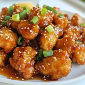 For a tasty Sticky Orange Chicken, gather these main items: - 1 lb (450g) boneless, skinless chicken thighs, cut into bite-sized pieces - 1/2 cup orange juice (preferably fresh) - Zest of 1 orange - 1/4 cup honey - 2 tablespoons low-sodium soy sauce - 1 tablespoon rice vinegar - 1 tablespoon grated fresh ginger - 2 cloves garlic, minced These ingredients provide the core flavor and texture for the dish. The chicken thighs stay juicy, while the orange juice adds a bright, zesty flavor. You will need these dry items for the coating: - 1/2 cup all-purpose flour - 1/4 cup cornstarch - 1 teaspoon baking powder - 1/2 teaspoon salt - 1/4 teaspoon black pepper This mix creates a crispy, crunchy texture when fried. It helps lock in the moisture of the chicken. The sticky sauce combines sweet and tangy tastes. Collect these items: - 1/2 cup orange juice (from earlier) - Zest of 1 orange (you already have this) - 1/4 cup honey - 2 tablespoons low-sodium soy sauce - 1 tablespoon rice vinegar - 1 tablespoon grated fresh ginger - 2 cloves garlic, minced These sauce ingredients will transform your chicken into a sticky and flavorful dish. The honey adds sweetness, while the ginger and garlic bring warmth and depth. {{ingredient_image_1}} Start by gathering your chicken thighs. You want them cut into bite-sized pieces. In a large bowl, mix flour, cornstarch, baking powder, salt, and black pepper. This mix will help create a crispy coating. Take your chicken pieces and dip them in the beaten eggs. Let any extra egg drip off. Now, coat each piece in the flour mixture. Ensure they are fully covered for the best texture. Heat about half an inch of vegetable oil in a frying pan over medium-high heat. When the oil is hot, carefully add the chicken pieces. Fry them in batches to avoid crowding the pan. Cook for about four to five minutes on each side. Once golden brown, remove the chicken with a slotted spoon. Place them on a paper towel-lined plate to drain excess oil. This step keeps your chicken crispy and not greasy. In a separate saucepan, combine orange juice, orange zest, honey, soy sauce, rice vinegar, ginger, and minced garlic. Stir these ingredients together well. Heat it over medium heat until it simmers. Let the sauce cook for about five to seven minutes. It should slightly thicken. This thick sauce is what makes the chicken sticky and flavorful. Once your sauce has thickened, add the fried chicken pieces to the saucepan. Gently toss the chicken in the sauce. Make sure every piece is well-coated in the sticky orange goodness. Remove from heat and let it sit for a minute. This allows the chicken to soak up more sauce. Now, you’re ready to serve! Enjoy your meal and garnish with sesame seeds and sliced green onions. To get a great coat on the chicken, start with the right mix. Use 1/2 cup of flour and 1/4 cup of cornstarch. The cornstarch gives a nice crunch. Mix in 1 teaspoon of baking powder for extra lift. Add 1/2 teaspoon of salt and a pinch of black pepper for flavor. Coat each chicken piece well. Dip it in beaten eggs first. Let the extra drip off, then roll it in the flour mix. This double coating makes the chicken crispy. For the sauce, you want it thick but still pourable. Combine 1/2 cup of orange juice with orange zest, honey, soy sauce, rice vinegar, ginger, and garlic in a pan. Cook on medium heat. Stir often to keep it from burning. Let it simmer for 5-7 minutes. The sauce will thicken as it cooks. If it gets too thick, add a splash of water or more orange juice. You want a sticky coating for the chicken, not a syrup! To avoid greasy chicken, don't overcrowd the pan when frying. Fry in batches of 4-5 pieces. This keeps the oil hot and helps the chicken cook evenly. Use a slotted spoon to remove the chicken. Place it on a paper towel-lined plate. This allows the extra oil to drain off. If you notice a lot of oil in the pan, remove some. This keeps your meal light and tasty. Pro Tips Use Fresh Orange Juice: Freshly squeezed orange juice enhances the flavor of the sauce and provides a vibrant taste that bottled juice can't match. Control Frying Temperature: Ensure the oil is hot enough before adding chicken. If the oil is too cool, the chicken will absorb more oil and become greasy. Let Sauce Thicken: Allow the sauce to simmer and thicken properly before adding the chicken for a stickier, more flavorful coating. Garnish Wisely: Add garnishes just before serving to keep them fresh and vibrant. Sliced green onions add a nice crunch and color contrast. {{image_2}} You can easily add some heat to your sticky orange chicken. To make it spicy, just add red pepper flakes or sriracha to the sauce. Start with a small amount, then taste as you go. This way, you control the spice level. For extra flavor, you can mix in chopped fresh chili peppers. This variation gives you a sweet and spicy kick that enhances the dish. If you want a lighter meal, try baking the chicken instead of frying it. First, coat the chicken pieces in the flour mixture as usual. Then, place them on a baking sheet lined with parchment paper. Spray them lightly with cooking oil. Bake in a preheated oven at 400°F (200°C) for about 20-25 minutes or until golden. This method cuts down on oil and makes the dish healthier, while still keeping it tasty. You can swap ingredients to fit your diet or taste. If you want a gluten-free option, use gluten-free flour and cornstarch for coating. For a sugar-free version, try using a sugar substitute in place of honey. You can also replace soy sauce with coconut aminos for a soy-free alternative. These substitutions keep the flavors intact while catering to different dietary needs. To store leftovers, let the sticky orange chicken cool first. Then, place it in an airtight container. Make sure the container is sealed well to keep moisture in. You can store it in the fridge for up to three days. Label the container with the date to help you remember. When you're ready to eat the leftovers, reheating is easy. You can use a microwave or a skillet. If you use a microwave, place the chicken on a plate. Heat it for one minute, then check if it's warm. If not, heat it in 30-second bursts until hot. For a skillet, add a splash of water to avoid dryness. Heat it over medium heat, stirring gently until warmed through. If you want to freeze sticky orange chicken, follow these steps. First, let it cool completely. Then, place it in a freezer-safe container or a heavy-duty freezer bag. Squeeze out excess air to prevent freezer burn. It can stay in the freezer for up to three months. When you're ready to eat, thaw it in the fridge overnight before reheating. Sticky orange chicken is a sweet and tangy dish. It features crispy chicken coated in a rich orange sauce. The sauce blends orange juice, honey, and soy sauce. This dish is popular in many Chinese restaurants. It is loved for its bold flavor and crunchy texture. To get crispy sticky orange chicken, coat the chicken well. Use a mix of flour and cornstarch for the best crunch. Fry the chicken in hot vegetable oil. Do not overcrowd the pan. Cook the chicken in batches for even frying. Let it drain on a paper towel after frying. This helps keep it crispy. Yes, you can use chicken breasts instead of thighs. Chicken breasts are leaner and cook faster. However, thighs offer more flavor and stay juicy. If you prefer breasts, cut them into similar bite-sized pieces. Adjust the cooking time if needed to ensure they are fully cooked. Sticky orange chicken pairs well with rice or noodles. You can serve it over steamed jasmine rice for a classic touch. Consider adding some stir-fried veggies for color and nutrition. Broccoli, bell peppers, or snap peas work great. Garnish with sesame seeds and green onions for extra flair. Sticky orange chicken is not gluten-free due to soy sauce and all-purpose flour. You can use gluten-free soy sauce to make it safe for gluten-free diets. Replace all-purpose flour with a gluten-free flour blend. Always check labels to ensure all ingredients are gluten-free. You learned how to make Sticky Orange Chicken from start to finish. We covered the key ingredients, simple steps, and tips for a perfect dish. Remember, you can make it spicy or healthier by baking. Store leftovers properly for later. With this guide, you'll impress family and friends with a tasty meal. Enjoy your cooking journey and get creative with flavors!