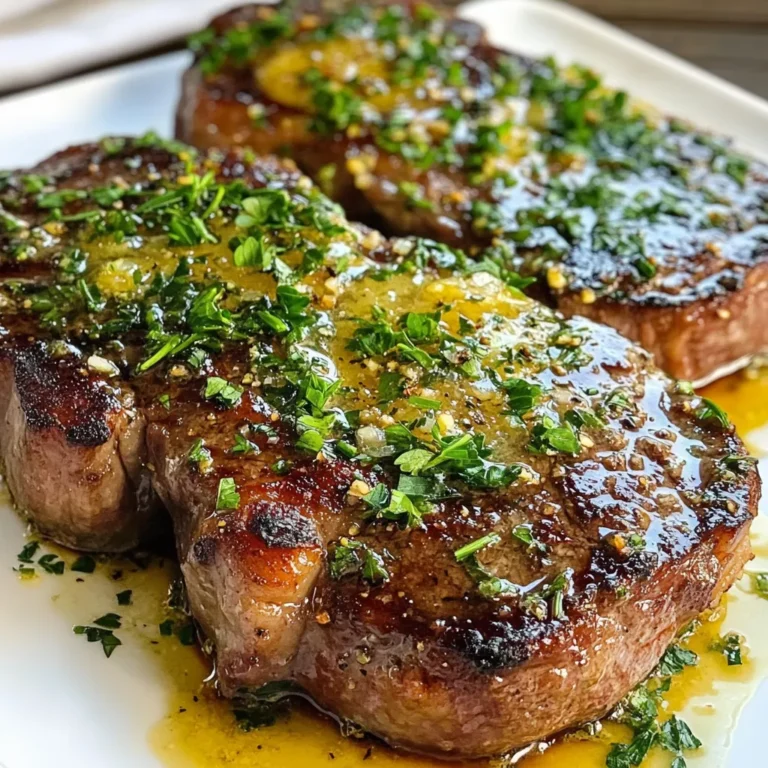 - 2 ribeye steaks (about 1 inch thick) - 4 tablespoons unsalted butter - 4 cloves garlic, minced - 1 tablespoon fresh rosemary, chopped - 1 tablespoon fresh thyme, chopped - Salt and freshly ground black pepper, to taste - 1 tablespoon olive oil - Fresh parsley, for garnish To make this dish, you will need a few key tools: - A large skillet (cast iron works best) - A sharp knife for slicing - A cutting board - Measuring spoons - Tongs for flipping the steaks - A spoon for basting When choosing your ribeye steaks, here are some tips: - Look for steaks with good marbling. This fat adds flavor and keeps the meat juicy. - Choose steaks that are bright red in color. Avoid any that look brown or dull. - Ask your butcher for steaks that are at least 1 inch thick. Thicker steaks cook better in a skillet. - Freshness matters. Buy your steaks from a trusted source to ensure quality. {{ingredient_image_1}} Start by taking two ribeye steaks out of the fridge. Let them sit for about 30 minutes. This helps the meat cook evenly. Pat the steaks dry with paper towels. This step keeps the crust nice and crispy. Season both sides with salt and black pepper. Use enough to enhance the flavor. Grab a large skillet and place it on the stove. Turn the heat to medium-high. Add one tablespoon of olive oil to the skillet. Wait until the oil starts to shimmer. This shows it's hot enough for the steaks. Be careful when placing the steaks in the skillet. Place the seasoned steaks in the hot skillet. Let them cook for about 4 to 5 minutes. Avoid moving them around. This helps create a nice crust. After 4 to 5 minutes, flip the steaks. Cook for another 4 to 5 minutes for medium-rare. Adjust the time if you prefer a different doneness. Once the steaks reach your desired doneness, lower the heat to medium-low. Add 4 tablespoons of unsalted butter to the skillet. Then, add 4 cloves of minced garlic, along with chopped rosemary and thyme. As the butter melts, use a spoon to baste the steaks. This adds rich flavor and moisture for about 1 to 2 minutes. After basting, remove the steaks from the skillet. Place them on a cutting board. Let them rest for 5 minutes. This step allows the juices to settle back into the meat, making each bite juicy and tender. To get a great crust on your ribeye steak, start with dry meat. Pat the steaks with paper towels before seasoning. This helps the surface sear well. Use a hot skillet with olive oil to create that nice golden color. Don't move the steaks too soon; let them sit for about 4-5 minutes on each side. Cooking times vary with your preferred doneness. For medium-rare, cook the steak about 4-5 minutes per side. If you like it medium, add a minute or two. Use a meat thermometer to check the doneness. Aim for 130°F for medium-rare and 140°F for medium. Basting adds rich flavor to your steaks. After cooking, lower the heat and add butter, garlic, and herbs to the pan. Use a spoon to scoop up the melted butter and pour it over the steaks. Do this for about 1-2 minutes. This step enhances taste and keeps the meat juicy. Pro Tips Rest the Steaks: Allowing the steaks to rest after cooking is crucial for juicy meat. This helps the juices redistribute throughout the steak, ensuring each bite is flavorful. Use a Meat Thermometer: For perfect doneness, consider using a meat thermometer. Aim for 130°F (54°C) for medium-rare, and adjust according to your preference. Searing Technique: To achieve a great crust, ensure your skillet is hot enough before adding the steaks. Avoid moving them around to allow a proper sear. Herb Variations: Feel free to experiment with different herbs like sage or oregano for a unique flavor profile in your garlic herb butter. {{image_2}} You can switch up the herbs in your garlic herb butter steak. Try using fresh basil for a sweet taste. Oregano adds a nice kick, too. Chives bring a mild onion flavor that works great. Just remember to chop them finely. This way, you mix things up while keeping the flavor bold. While ribeye is delicious, you can use other cuts as well. Sirloin is lean and still tasty. New York strip is also a great choice; it has a good balance of fat. Flank steak is a fun option for grilling, and it can soak up flavors well. Each cut gives a different bite and taste, so feel free to explore! Want to add more to your dish? Toss in some veggies while cooking. Asparagus or bell peppers can add crunch and color. You can also add mushrooms for earthiness. Want a sauce? A splash of red wine or balsamic vinegar can elevate the dish. These extras bring new flavors and textures that make each bite exciting! To store leftover steaks, let them cool first. Wrap each steak tightly in plastic wrap. This keeps air out and keeps the meat fresh. You can also use an airtight container if you prefer. Store the wrapped steaks in the fridge. They will stay good for about 3 to 4 days. If you want to keep them longer, freezing is a good option. When reheating your steaks, do it gently. You want to keep them juicy and tasty. Place the steak on a skillet over low heat. Add a splash of broth or water to help with moisture. Cover the skillet with a lid to trap steam. Heat for about 5 minutes on each side. This method warms the steak without drying it out. You can also use a microwave, but do it in short bursts. Heat for 30 seconds at a time, checking after each burst. If you want to freeze your steaks, wrap them well in plastic wrap first. Then, place them in a freezer bag. Make sure to squeeze out as much air as possible. This prevents freezer burn. Your steaks can last up to 6 months in the freezer. When you are ready to eat them, thaw the steaks in the fridge overnight. Never thaw at room temperature, as it can cause bacteria to grow. After thawing, follow the reheating tips to enjoy your flavorful meal! To season steak well, use salt and black pepper. I like to coat both sides. This simple mix brings out the meat's flavor. You can also add garlic powder or onion powder for extra taste. Remember to season the steak at least 30 minutes before cooking. This helps the salt soak in. Let your steak rest for about 5 minutes after cooking. This step is key for juicy meat. Resting allows the juices to spread evenly. If you cut right away, those tasty juices run out. So, be patient and enjoy the wait. Yes! You can use a stainless steel or non-stick skillet. Both work well for cooking steak. Just make sure your skillet can handle high heat. Cast iron gives a great sear, but other skillets can also do the job. You might miss some of that flavor if you don't use cast iron. Many side dishes go well with garlic herb butter steak. Here are a few ideas: - Roasted vegetables like carrots and broccoli - Creamy mashed potatoes - Garlic bread for a tasty touch - A fresh green salad with vinaigrette These sides complement the rich flavors of the steak well. This post covered the key steps for cooking the perfect steak. We explored the best ingredients, tools, and tips for choosing high-quality steaks. You learned how to prepare and cook steaks to your liking, and I shared ways to add flavor through variations. Don't forget to store leftovers properly for later enjoyment. Now you have all the tools to impress at your next meal. Cooking steak well is rewarding, and you can enjoy the delicious results anytime.