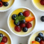 - 2 cups heavy cream - 1 cup whole milk - 1/2 cup granulated sugar - 1 vanilla bean, split and seeds scraped - 2 1/2 teaspoons unflavored gelatin powder - 3 tablespoons cold water These ingredients create the creamy base of panna cotta. The heavy cream and whole milk give it a rich texture. The granulated sugar adds sweetness, while the vanilla bean offers a deep vanilla flavor. Gelatin helps it set into a lovely, smooth dessert. - 1 cup mixed fresh berries (strawberries, blueberries, raspberries) - 2 tablespoons honey (for berries) - Fresh mint leaves for garnish The berries add color and freshness to the panna cotta. Honey enhances their natural sweetness. Garnishing with mint leaves gives a nice touch, both in flavor and look. If you need swaps, here are some easy options: - Use half-and-half instead of heavy cream for a lighter panna cotta. - Almond or coconut milk can replace whole milk for a dairy-free version. - If you don’t have a vanilla bean, use vanilla extract. About 1 tablespoon will do. - Agar-agar can replace gelatin if you want a vegetarian option. These substitutions help you customize the recipe to your taste or dietary needs. {{ingredient_image_1}} To start, grab a medium saucepan. Mix 2 cups of heavy cream, 1 cup of whole milk, and 1/2 cup of granulated sugar in it. Slice the vanilla bean in half and scrape out the seeds. Add the seeds and the pod to the mixture. Heat this over medium heat. Stir until the sugar dissolves and the mix is about to simmer. Be careful not to let it boil. When done, remove it from the heat and let it cool a bit. In a small bowl, take 2 1/2 teaspoons of unflavored gelatin powder. Sprinkle it over 3 tablespoons of cold water. Let it sit for about 5 minutes. This helps the gelatin to soften. After the cream mix cools, take out the vanilla bean pod. Add the softened gelatin to the mixture and stir well. Make sure the gelatin dissolves completely. Now, pour the panna cotta mix into cups or ramekins. Place them in the refrigerator. Let them chill for at least 4 hours until they set. While they chill, prepare the berries. In a bowl, mix 1 cup of fresh berries with 2 tablespoons of honey. Let them sit for 15-20 minutes. This makes the berries sweeter and creates a tasty syrup. Once the panna cotta is firm, take them out and top with the berries. Enjoy your creamy, delicious treat! To get a smooth panna cotta, use fresh heavy cream. The cream gives a rich, creamy feel. Heat it gently; don’t let it boil. This step helps keep the texture soft. Make sure the gelatin dissolves fully in the warm mixture. If you skip this, your panna cotta may not set well. Chill it for at least four hours. This ensures a firm but creamy texture. One big mistake is boiling the cream. Boiling can make it grainy. Another error is not letting the gelatin bloom. Always let it sit in water first. This is key for proper texture. Don’t rush the chilling process either. Patience is vital for the best results. Lastly, avoid using old or expired ingredients. Freshness matters in flavor and texture. For a nice look, serve panna cotta in ramekins. This gives a rustic feel. If you want a fancy touch, unmold it onto plates. Drizzle the berry syrup around the panna cotta. This adds color and flair. Top each serving with fresh mint leaves. They add a pop of green and a hint of flavor. Enjoy the beautiful sight before you enjoy the taste! Pro Tips Use Fresh Ingredients: Fresh berries and high-quality cream will greatly enhance the flavor of your panna cotta. Perfect Cooling Time: Allow the panna cotta to chill for at least 4 hours to ensure it sets properly, creating that perfect creamy texture. Experiment with Flavors: Feel free to add citrus zest or infuse the cream with other spices like cinnamon for a unique twist on the classic vanilla flavor. Serve with Style: For an elegant presentation, consider unmolding the panna cotta onto a plate and drizzling with berry syrup for a beautiful contrast. {{image_2}} You can switch up vanilla bean panna cotta in fun ways. Chocolate panna cotta is a great choice. Just melt high-quality dark chocolate and mix it into the cream. This gives a rich, smooth taste. Coffee lovers will enjoy coffee panna cotta. Brew strong coffee and blend it into the cream. It adds a nice kick to the dessert. You can also try fruit flavors, like mango or passion fruit, for a tropical twist. If you prefer not to use sugar, there are good options. Honey or maple syrup works well. Just use the same amount as sugar, but taste it. Agave nectar is another choice. It is sweeter than sugar, so use a little less. For a low-calorie option, try stevia. Just remember to check the package for the right amount needed. Each sweetener gives a different flavor, so have fun experimenting. To make a vegan panna cotta, use coconut milk instead of cream and milk. This gives a rich flavor and creamy texture. Use agar-agar instead of gelatin for a plant-based thickening agent. Agar-agar is made from seaweed and sets just like gelatin. You can also add a splash of vanilla extract for extra flavor. Top with your favorite fruits for a refreshing treat. This way, everyone can enjoy panna cotta! To keep panna cotta fresh, store it in the fridge. Place it in an airtight container or cover each ramekin with plastic wrap. This keeps out air and prevents it from absorbing other smells. Avoid stacking containers on top of each other. This can cause the panna cotta to lose its shape. Panna cotta will last for about 5 days in the fridge. Make sure to check for any signs of spoilage, like off smells or changes in texture. If you notice anything odd, it’s better to throw it away. Enjoy this creamy treat while it’s fresh! You can freeze panna cotta, but it may change the texture. To freeze, place it in a freezer-safe container. Cover it tightly to avoid freezer burn. When you’re ready to eat, thaw it in the fridge overnight. After thawing, it may need a gentle stir to restore its smoothness. Panna cotta means "cooked cream" in Italian. This dessert comes from the northern part of Italy. It has a rich history, dating back to the early 1900s. Many believe it first appeared in the Piedmont region. Cooks used simple ingredients, like cream, sugar, and gelatin. The dessert gained popularity for its smooth texture and easy preparation. Yes, you can make panna cotta ahead of time. This dessert sets well in the fridge. I often prepare it a day before serving. This allows the flavors to meld nicely. Just store it in the fridge until you are ready to serve. It can sit in the fridge for up to three days without losing its taste. To change the sweetness, simply use less sugar. Start with a bit less than half a cup. Taste the mixture before it sets. You can always add more sugar if needed. For a different touch, try using honey instead of sugar. This adds a unique flavor and can balance the dessert's creaminess. Vanilla bean panna cotta is a simple yet delicious dessert. We covered essential ingredients, preparation, and helpful tips to make it perfect. I shared ways to customize flavors and common storage practices. Remember, small changes can improve your panna cotta experience. With these steps and tricks, you can create a treat that impresses everyone. Enjoy making and sharing your panna cotta masterpiece!