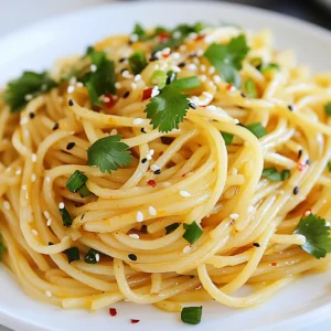 - Noodles: 8 oz spaghetti or linguine noodles - Aromatics and flavorings: - 4 tablespoons sesame oil - 6 cloves garlic, minced - 1 teaspoon red chili flakes (adjust for spice level) - Sauces and sweeteners: - 3 tablespoons soy sauce - 2 tablespoons rice vinegar - 1 tablespoon honey or maple syrup - 1 tablespoon tahini (optional for creaminess) - Garnishes: - 2 green onions, sliced - 2 tablespoons sesame seeds (toasted for extra flavor) - Fresh cilantro leaves for garnish The right ingredients make all the difference in Spicy Garlic Sesame Noodles. For the noodles, I love using spaghetti or linguine. They hold the sauce well. You need 8 oz of your chosen noodles for a good serving. Aromatics are key to flavor. I use 4 tablespoons of sesame oil. It adds depth and richness. Next, I add 6 cloves of minced garlic. This gives a nice kick. Red chili flakes spice things up. Start with 1 teaspoon, and adjust based on how spicy you want it. For sauces, I combine 3 tablespoons of soy sauce and 2 tablespoons of rice vinegar. This mix adds salty and tangy notes. I sweeten it slightly with 1 tablespoon of honey or maple syrup. If you want a creamier sauce, add 1 tablespoon of tahini. Garnishing is vital for presentation and taste. I slice 2 green onions for color and crunch. Toasted sesame seeds (2 tablespoons) enhance the flavor further. Lastly, fresh cilantro leaves add a burst of freshness. These ingredients come together to create a bold and flavorful dish that you will love. {{ingredient_image_1}} To start, fill a large pot with water. Add a big pinch of salt. Heat the water until it boils. Once boiling, add 8 oz of spaghetti or linguine noodles. Cook them for 8 to 10 minutes. You want them to be al dente, not too soft. When done, drain the noodles in a colander. Rinse them with cold water to stop cooking. This helps keep the noodles firm. Next, grab a large skillet and heat it over medium heat. Add 4 tablespoons of sesame oil into the skillet. Once the oil is warm, add 6 minced garlic cloves and 1 teaspoon of red chili flakes. Sauté the garlic for 1 to 2 minutes. You want it fragrant, but not brown. Now, whisk in 3 tablespoons of soy sauce, 2 tablespoons of rice vinegar, and 1 tablespoon of honey or maple syrup. If you like creaminess, add 1 tablespoon of tahini. Stir everything well and let it simmer for a minute. The sauce should smell amazing! Now, it’s time to toss the noodles. Carefully add the drained noodles into the skillet with the sauce. Use tongs to mix them gently. Make sure every noodle gets coated in that spicy garlic sauce. This is key for great flavor. Taste the noodles and feel free to add more chili flakes or soy sauce if you want. This dish is all about your taste, so adjust it as you like! Want to control the heat? Use red chili flakes. They add a kick, but you can adjust them easily. For less heat, use fewer flakes. You can also skip them if you prefer mild noodles. Consider using a dash of black pepper for a different flavor without the heat. Want a creamier sauce? Add tahini. It brings a rich flavor and smooth texture. If you don’t have tahini, you can use peanut butter instead. For extra taste, try garnishing with crushed peanuts or a sprinkle of lime juice. You will love how these small tweaks can change the dish. Make your dish pop! Serve the noodles in a large bowl. Top with green onions and sesame seeds. A sprinkle of fresh cilantro adds color and freshness. For a full meal, pair the noodles with a side of steamed broccoli or a simple cucumber salad. These sides balance the flavors and add nutrients. Pro Tips Perfectly Cooked Noodles: Make sure to cook the noodles until they are al dente for the best texture. This will prevent them from becoming mushy once mixed with the sauce. Customize Your Spice Level: Feel free to adjust the amount of red chili flakes based on your tolerance for heat. Start with less if you’re unsure and add more to taste. Fresh Garlic is Key: Using fresh minced garlic enhances the flavor significantly compared to jarred or powdered garlic. Make sure to sauté it just until fragrant to avoid bitterness. Garnish for Flavor: Don’t skip the garnishes! The green onions, toasted sesame seeds, and fresh cilantro add not only a pop of color but also layers of flavor to the dish. {{image_2}} You can easily make this dish vegetarian. Add colorful vegetables like bell peppers or fresh spinach. Both options add flavor and nutrients. For strict vegans, swap honey for agave syrup. This keeps the dish sweet without using animal products. You can mix and match veggies to your liking. This makes the dish even more fun and tasty! Want to add some protein? Chicken, tofu, or shrimp are great choices. For chicken, cook it in the skillet before adding the sauce. You can chop it into bite-sized pieces for even cooking. If you prefer tofu, press it to remove extra water. Then, sauté it until golden. If shrimp is your pick, add them to the skillet when the sauce is ready. They cook quickly and add a nice touch. If you need gluten-free noodles, you have choices! Use rice noodles or gluten-free spaghetti. Make sure to read labels to avoid gluten. You may also need to adjust the soy sauce. Look for gluten-free soy sauce or tamari. This way, everyone can enjoy this delicious dish! To keep your Spicy Garlic Sesame Noodles fresh, store them in the fridge. Place the noodles in an airtight container. This helps prevent moisture loss and keeps them tasty. Make sure to cool the noodles before sealing. You can keep them for about 3 days. When it's time to enjoy your leftovers, reheating is key. You want to keep the great flavor. The best way is to use a skillet. Heat it over medium-low heat, add a splash of water, and toss the noodles. This method keeps them moist and prevents sticking. If you use spaghetti or linguine, this works well. For other noodles, like soba or rice noodles, adjust the heat. You can also use a microwave, but be careful. Heat them in short bursts and stir in between. This way, they warm evenly. Enjoy your delicious noodles again! To make Spicy Garlic Sesame Noodles vegan, you can swap a few ingredients. - Use maple syrup instead of honey. - Replace traditional soy sauce with tamari for gluten-free options. - Omit tahini if you prefer a lighter sauce. - Add more veggies like bell peppers or broccoli for texture and taste. These changes keep the dish tasty and satisfying while staying true to a vegan diet. Yes, you can prepare this dish ahead. - Cook the noodles and store them in the fridge. - Make the sauce and store it separately. - Reheat the sauce in a skillet before adding the cold noodles. - Toss everything together and serve. This method keeps the flavors fresh and the noodles firm. Several dishes complement Spicy Garlic Sesame Noodles well. - Serve with steamed vegetables like broccoli or snap peas. - Fried tofu or grilled chicken can add protein. - A light cucumber salad brings a refreshing crunch. - Pair it with green tea or a light beer for drinks. These options create a balanced meal and enhance your dining experience. The recipe for Spicy Garlic Sesame Noodles shows how easy cooking can be. You learned about essential ingredients, step-by-step cooking methods, and fun tips to enhance your dish. Remember, you can adjust the spice and swap ingredients for your tastes. Don’t hesitate to try different proteins or veggies. Whether you make it for a quick meal or impress friends, enjoy every bite. Keep experimenting and make this dish your own!