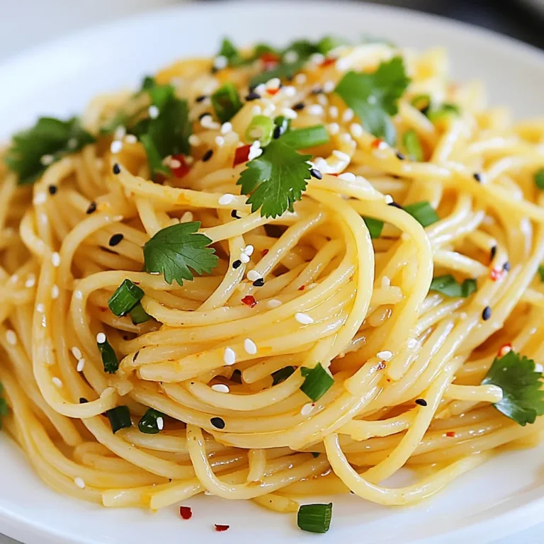 - Noodles: 8 oz spaghetti or linguine noodles - Aromatics and flavorings: - 4 tablespoons sesame oil - 6 cloves garlic, minced - 1 teaspoon red chili flakes (adjust for spice level) - Sauces and sweeteners: - 3 tablespoons soy sauce - 2 tablespoons rice vinegar - 1 tablespoon honey or maple syrup - 1 tablespoon tahini (optional for creaminess) - Garnishes: - 2 green onions, sliced - 2 tablespoons sesame seeds (toasted for extra flavor) - Fresh cilantro leaves for garnish The right ingredients make all the difference in Spicy Garlic Sesame Noodles. For the noodles, I love using spaghetti or linguine. They hold the sauce well. You need 8 oz of your chosen noodles for a good serving. Aromatics are key to flavor. I use 4 tablespoons of sesame oil. It adds depth and richness. Next, I add 6 cloves of minced garlic. This gives a nice kick. Red chili flakes spice things up. Start with 1 teaspoon, and adjust based on how spicy you want it. For sauces, I combine 3 tablespoons of soy sauce and 2 tablespoons of rice vinegar. This mix adds salty and tangy notes. I sweeten it slightly with 1 tablespoon of honey or maple syrup. If you want a creamier sauce, add 1 tablespoon of tahini. Garnishing is vital for presentation and taste. I slice 2 green onions for color and crunch. Toasted sesame seeds (2 tablespoons) enhance the flavor further. Lastly, fresh cilantro leaves add a burst of freshness. These ingredients come together to create a bold and flavorful dish that you will love. {{ingredient_image_1}} To start, fill a large pot with water. Add a big pinch of salt. Heat the water until it boils. Once boiling, add 8 oz of spaghetti or linguine noodles. Cook them for 8 to 10 minutes. You want them to be al dente, not too soft. When done, drain the noodles in a colander. Rinse them with cold water to stop cooking. This helps keep the noodles firm. Next, grab a large skillet and heat it over medium heat. Add 4 tablespoons of sesame oil into the skillet. Once the oil is warm, add 6 minced garlic cloves and 1 teaspoon of red chili flakes. Sauté the garlic for 1 to 2 minutes. You want it fragrant, but not brown. Now, whisk in 3 tablespoons of soy sauce, 2 tablespoons of rice vinegar, and 1 tablespoon of honey or maple syrup. If you like creaminess, add 1 tablespoon of tahini. Stir everything well and let it simmer for a minute. The sauce should smell amazing! Now, it’s time to toss the noodles. Carefully add the drained noodles into the skillet with the sauce. Use tongs to mix them gently. Make sure every noodle gets coated in that spicy garlic sauce. This is key for great flavor. Taste the noodles and feel free to add more chili flakes or soy sauce if you want. This dish is all about your taste, so adjust it as you like! Want to control the heat? Use red chili flakes. They add a kick, but you can adjust them easily. For less heat, use fewer flakes. You can also skip them if you prefer mild noodles. Consider using a dash of black pepper for a different flavor without the heat. Want a creamier sauce? Add tahini. It brings a rich flavor and smooth texture. If you don’t have tahini, you can use peanut butter instead. For extra taste, try garnishing with crushed peanuts or a sprinkle of lime juice. You will love how these small tweaks can change the dish. Make your dish pop! Serve the noodles in a large bowl. Top with green onions and sesame seeds. A sprinkle of fresh cilantro adds color and freshness. For a full meal, pair the noodles with a side of steamed broccoli or a simple cucumber salad. These sides balance the flavors and add nutrients. Pro Tips Perfectly Cooked Noodles: Make sure to cook the noodles until they are al dente for the best texture. This will prevent them from becoming mushy once mixed with the sauce. Customize Your Spice Level: Feel free to adjust the amount of red chili flakes based on your tolerance for heat. Start with less if you’re unsure and add more to taste. Fresh Garlic is Key: Using fresh minced garlic enhances the flavor significantly compared to jarred or powdered garlic. Make sure to sauté it just until fragrant to avoid bitterness. Garnish for Flavor: Don’t skip the garnishes! The green onions, toasted sesame seeds, and fresh cilantro add not only a pop of color but also layers of flavor to the dish. {{image_2}} You can easily make this dish vegetarian. Add colorful vegetables like bell peppers or fresh spinach. Both options add flavor and nutrients. For strict vegans, swap honey for agave syrup. This keeps the dish sweet without using animal products. You can mix and match veggies to your liking. This makes the dish even more fun and tasty! Want to add some protein? Chicken, tofu, or shrimp are great choices. For chicken, cook it in the skillet before adding the sauce. You can chop it into bite-sized pieces for even cooking. If you prefer tofu, press it to remove extra water. Then, sauté it until golden. If shrimp is your pick, add them to the skillet when the sauce is ready. They cook quickly and add a nice touch. If you need gluten-free noodles, you have choices! Use rice noodles or gluten-free spaghetti. Make sure to read labels to avoid gluten. You may also need to adjust the soy sauce. Look for gluten-free soy sauce or tamari. This way, everyone can enjoy this delicious dish! To keep your Spicy Garlic Sesame Noodles fresh, store them in the fridge. Place the noodles in an airtight container. This helps prevent moisture loss and keeps them tasty. Make sure to cool the noodles before sealing. You can keep them for about 3 days. When it's time to enjoy your leftovers, reheating is key. You want to keep the great flavor. The best way is to use a skillet. Heat it over medium-low heat, add a splash of water, and toss the noodles. This method keeps them moist and prevents sticking. If you use spaghetti or linguine, this works well. For other noodles, like soba or rice noodles, adjust the heat. You can also use a microwave, but be careful. Heat them in short bursts and stir in between. This way, they warm evenly. Enjoy your delicious noodles again! To make Spicy Garlic Sesame Noodles vegan, you can swap a few ingredients. - Use maple syrup instead of honey. - Replace traditional soy sauce with tamari for gluten-free options. - Omit tahini if you prefer a lighter sauce. - Add more veggies like bell peppers or broccoli for texture and taste. These changes keep the dish tasty and satisfying while staying true to a vegan diet. Yes, you can prepare this dish ahead. - Cook the noodles and store them in the fridge. - Make the sauce and store it separately. - Reheat the sauce in a skillet before adding the cold noodles. - Toss everything together and serve. This method keeps the flavors fresh and the noodles firm. Several dishes complement Spicy Garlic Sesame Noodles well. - Serve with steamed vegetables like broccoli or snap peas. - Fried tofu or grilled chicken can add protein. - A light cucumber salad brings a refreshing crunch. - Pair it with green tea or a light beer for drinks. These options create a balanced meal and enhance your dining experience. The recipe for Spicy Garlic Sesame Noodles shows how easy cooking can be. You learned about essential ingredients, step-by-step cooking methods, and fun tips to enhance your dish. Remember, you can adjust the spice and swap ingredients for your tastes. Don’t hesitate to try different proteins or veggies. Whether you make it for a quick meal or impress friends, enjoy every bite. Keep experimenting and make this dish your own!