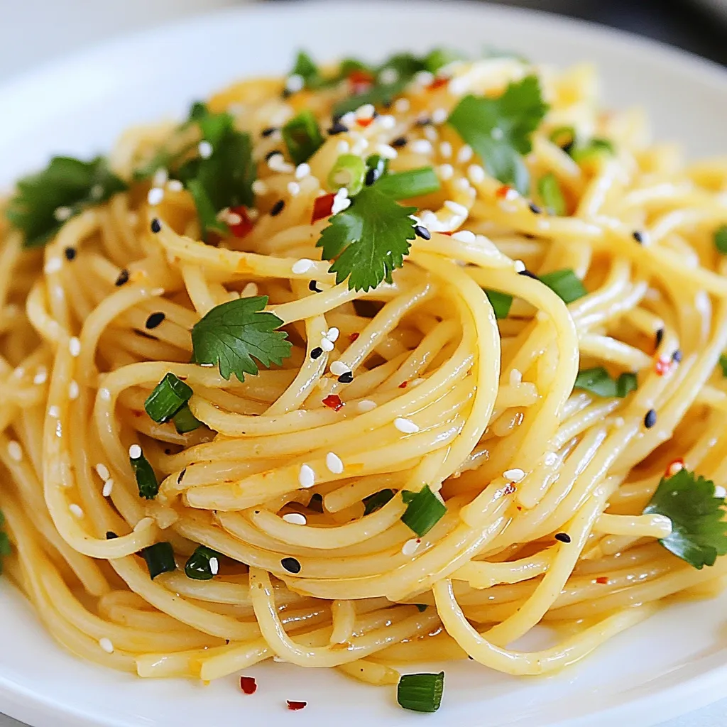 - Noodles: 8 oz spaghetti or linguine noodles - Aromatics and flavorings: - 4 tablespoons sesame oil - 6 cloves garlic, minced - 1 teaspoon red chili flakes (adjust for spice level) - Sauces and sweeteners: - 3 tablespoons soy sauce - 2 tablespoons rice vinegar - 1 tablespoon honey or maple syrup - 1 tablespoon tahini (optional for creaminess) - Garnishes: - 2 green onions, sliced - 2 tablespoons sesame seeds (toasted for extra flavor) - Fresh cilantro leaves for garnish The right ingredients make all the difference in Spicy Garlic Sesame Noodles. For the noodles, I love using spaghetti or linguine. They hold the sauce well. You need 8 oz of your chosen noodles for a good serving. Aromatics are key to flavor. I use 4 tablespoons of sesame oil. It adds depth and richness. Next, I add 6 cloves of minced garlic. This gives a nice kick. Red chili flakes spice things up. Start with 1 teaspoon, and adjust based on how spicy you want it. For sauces, I combine 3 tablespoons of soy sauce and 2 tablespoons of rice vinegar. This mix adds salty and tangy notes. I sweeten it slightly with 1 tablespoon of honey or maple syrup. If you want a creamier sauce, add 1 tablespoon of tahini. Garnishing is vital for presentation and taste. I slice 2 green onions for color and crunch. Toasted sesame seeds (2 tablespoons) enhance the flavor further. Lastly, fresh cilantro leaves add a burst of freshness. These ingredients come together to create a bold and flavorful dish that you will love. {{ingredient_image_1}} To start, fill a large pot with water. Add a big pinch of salt. Heat the water until it boils. Once boiling, add 8 oz of spaghetti or linguine noodles. Cook them for 8 to 10 minutes. You want them to be al dente, not too soft. When done, drain the noodles in a colander. Rinse them with cold water to stop cooking. This helps keep the noodles firm. Next, grab a large skillet and heat it over medium heat. Add 4 tablespoons of sesame oil into the skillet. Once the oil is warm, add 6 minced garlic cloves and 1 teaspoon of red chili flakes. Sauté the garlic for 1 to 2 minutes. You want it fragrant, but not brown. Now, whisk in 3 tablespoons of soy sauce, 2 tablespoons of rice vinegar, and 1 tablespoon of honey or maple syrup. If you like creaminess, add 1 tablespoon of tahini. Stir everything well and let it simmer for a minute. The sauce should smell amazing! Now, it’s time to toss the noodles. Carefully add the drained noodles into the skillet with the sauce. Use tongs to mix them gently. Make sure every noodle gets coated in that spicy garlic sauce. This is key for great flavor. Taste the noodles and feel free to add more chili flakes or soy sauce if you want. This dish is all about your taste, so adjust it as you like! Want to control the heat? Use red chili flakes. They add a kick, but you can adjust them easily. For less heat, use fewer flakes. You can also skip them if you prefer mild noodles. Consider using a dash of black pepper for a different flavor without the heat. Want a creamier sauce? Add tahini. It brings a rich flavor and smooth texture. If you don’t have tahini, you can use peanut butter instead. For extra taste, try garnishing with crushed peanuts or a sprinkle of lime juice. You will love how these small tweaks can change the dish. Make your dish pop! Serve the noodles in a large bowl. Top with green onions and sesame seeds. A sprinkle of fresh cilantro adds color and freshness. For a full meal, pair the noodles with a side of steamed broccoli or a simple cucumber salad. These sides balance the flavors and add nutrients. Pro Tips Perfectly Cooked Noodles: Make sure to cook the noodles until they are al dente for the best texture. This will prevent them from becoming mushy once mixed with the sauce. Customize Your Spice Level: Feel free to adjust the amount of red chili flakes based on your tolerance for heat. Start with less if you’re unsure and add more to taste. Fresh Garlic is Key: Using fresh minced garlic enhances the flavor significantly compared to jarred or powdered garlic. Make sure to sauté it just until fragrant to avoid bitterness. Garnish for Flavor: Don’t skip the garnishes! The green onions, toasted sesame seeds, and fresh cilantro add not only a pop of color but also layers of flavor to the dish. {{image_2}} You can easily make this dish vegetarian. Add colorful vegetables like bell peppers or fresh spinach. Both options add flavor and nutrients. For strict vegans, swap honey for agave syrup. This keeps the dish sweet without using animal products. You can mix and match veggies to your liking. This makes the dish even more fun and tasty! Want to add some protein? Chicken, tofu, or shrimp are great choices. For chicken, cook it in the skillet before adding the sauce. You can chop it into bite-sized pieces for even cooking. If you prefer tofu, press it to remove extra water. Then, sauté it until golden. If shrimp is your pick, add them to the skillet when the sauce is ready. They cook quickly and add a nice touch. If you need gluten-free noodles, you have choices! Use rice noodles or gluten-free spaghetti. Make sure to read labels to avoid gluten. You may also need to adjust the soy sauce. Look for gluten-free soy sauce or tamari. This way, everyone can enjoy this delicious dish! To keep your Spicy Garlic Sesame Noodles fresh, store them in the fridge. Place the noodles in an airtight container. This helps prevent moisture loss and keeps them tasty. Make sure to cool the noodles before sealing. You can keep them for about 3 days. When it's time to enjoy your leftovers, reheating is key. You want to keep the great flavor. The best way is to use a skillet. Heat it over medium-low heat, add a splash of water, and toss the noodles. This method keeps them moist and prevents sticking. If you use spaghetti or linguine, this works well. For other noodles, like soba or rice noodles, adjust the heat. You can also use a microwave, but be careful. Heat them in short bursts and stir in between. This way, they warm evenly. Enjoy your delicious noodles again! To make Spicy Garlic Sesame Noodles vegan, you can swap a few ingredients. - Use maple syrup instead of honey. - Replace traditional soy sauce with tamari for gluten-free options. - Omit tahini if you prefer a lighter sauce. - Add more veggies like bell peppers or broccoli for texture and taste. These changes keep the dish tasty and satisfying while staying true to a vegan diet. Yes, you can prepare this dish ahead. - Cook the noodles and store them in the fridge. - Make the sauce and store it separately. - Reheat the sauce in a skillet before adding the cold noodles. - Toss everything together and serve. This method keeps the flavors fresh and the noodles firm. Several dishes complement Spicy Garlic Sesame Noodles well. - Serve with steamed vegetables like broccoli or snap peas. - Fried tofu or grilled chicken can add protein. - A light cucumber salad brings a refreshing crunch. - Pair it with green tea or a light beer for drinks. These options create a balanced meal and enhance your dining experience. The recipe for Spicy Garlic Sesame Noodles shows how easy cooking can be. You learned about essential ingredients, step-by-step cooking methods, and fun tips to enhance your dish. Remember, you can adjust the spice and swap ingredients for your tastes. Don’t hesitate to try different proteins or veggies. Whether you make it for a quick meal or impress friends, enjoy every bite. Keep experimenting and make this dish your own!
