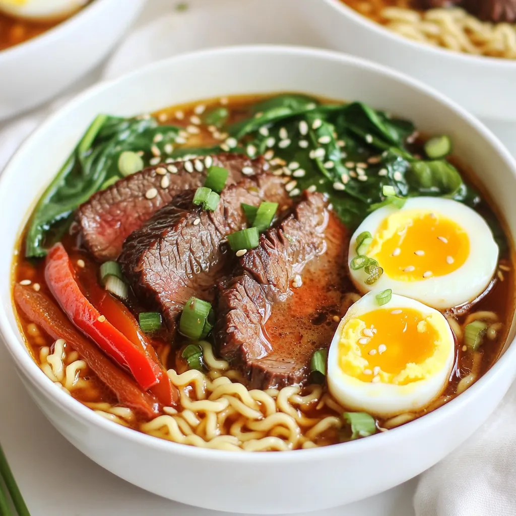 - 200g beef sirloin, thinly sliced - 2 servings instant ramen noodles - 4 cups beef broth - 2 tablespoons soy sauce - 1 tablespoon sriracha (adjust to taste) - 1 tablespoon sesame oil - 1 red bell pepper, thinly sliced - 1 cup shiitake mushrooms, sliced - 1 handful baby spinach - 2 green onions, chopped - Soft-boiled eggs (optional, for topping) - Sesame seeds for garnish To make spicy beef ramen bowls, start with key ingredients. The beef sirloin brings richness and flavor. Instant ramen noodles cook fast and absorb the broth well. Beef broth delivers a deep, savory base. Next, add flavor enhancers. Soy sauce gives umami, while sriracha adds heat. Sesame oil adds a nutty taste. These three elevate the dish to new heights. For freshness, include vegetables. Red bell pepper adds sweetness and color. Shiitake mushrooms offer an earthy flavor. Baby spinach gives a healthy touch and brightens the bowl. Finish with green onions for crunch. If you like, add soft-boiled eggs for creaminess and sesame seeds for a nice finish. Gather these ingredients to create a delicious and cozy meal that warms you up. {{ingredient_image_1}} Start by heating sesame oil in a large pot over medium heat. Add minced garlic and grated ginger. Sauté them for about one minute. You want the aroma to fill your kitchen. Next, add the thinly sliced beef sirloin. Cook it for two to three minutes until it turns brown. You don’t need to cook it fully; it will finish cooking later. Once the beef is browned, pour in the beef broth, soy sauce, and sriracha. Stir the mixture to combine all the flavors. Bring the pot to a low simmer. Now, add the sliced red bell pepper and shiitake mushrooms. Let them cook in the broth for about five minutes. This will make the broth rich and flavorful. After five minutes, stir in the baby spinach. It will wilt quickly in the hot broth, adding a nice touch. While the broth simmers, prepare the ramen noodles in a separate pot. Follow the package instructions. Once cooked, drain the noodles and set them aside. To assemble, divide the noodles into bowls. Ladle the spicy beef broth over the top. Finally, add toppings like soft-boiled eggs, chopped green onions, and a sprinkle of sesame seeds. This adds color and crunch to your meal. Enjoy your cozy bowl of spicy beef ramen! To make the broth just right, adjust the spice level to your taste. Start with one tablespoon of sriracha. You can add more if you like it spicier. Always taste as you go. For a rich broth, use high-quality beef broth. Cooking the beef and vegetables in the broth adds more flavor. Let the broth simmer gently. This step brings all the flavors together. To avoid mushy noodles, cook them separately. Follow the package instructions carefully. Drain them when they are just done. Rinse with cold water to stop the cooking. Time your cooking well. Add the noodles to the broth just before serving. This keeps them firm while soaking up flavor. Serve the ramen in deep bowls for a cozy look. Cut the soft-boiled eggs in half and place them on top. This makes it visually appealing. For garnishing, sprinkle sesame seeds and sliced green onions on each bowl. This adds color and freshness. A bright presentation makes your dish more inviting. Pro Tips Use High-Quality Beef: Opt for grass-fed or organic beef sirloin for a richer flavor and better texture in your ramen. Customize the Heat: Adjust the amount of sriracha based on your spice tolerance; you can add more for a fiery kick or less for a milder broth. Fresh Ingredients Matter: Using fresh vegetables like bell peppers and spinach enhances the overall flavor and nutrition of the dish. Perfect Soft-Boiled Eggs: Boil your eggs for exactly 6-7 minutes for a perfectly runny yolk that complements the ramen beautifully. {{image_2}} You can change the protein in your ramen bowl. If you prefer chicken, use thinly sliced chicken breast. It cooks quickly and absorbs flavors well. For a richer taste, try pork. Pork belly or tenderloin works great. For a vegetarian or vegan option, tofu is a fantastic choice. Use firm or extra-firm tofu. Cut it into cubes and pan-fry until golden. It adds a nice texture and soaks up the broth flavors. Toppings can make your ramen bowl exciting. You can add other vegetables like bok choy, carrots, or snap peas. They not only add color but also nutrition. Don’t forget about specialty garnishes! Try adding nori strips, pickled ginger, or chili oil. These can elevate the dish and offer new flavors. If you want to tone down the heat, there are easy ways. Start by reducing the amount of sriracha. You can also use a milder hot sauce, like chili garlic sauce. Another option is to add a dollop of sour cream or yogurt. It helps balance the heat while keeping the dish creamy. To keep your spicy beef ramen fresh, store leftovers in airtight containers. Place them in the fridge right after they cool. Use the ramen within three days for the best taste. If you want to freeze it, separate the noodles from the broth. The broth freezes well for up to three months. Noodles can get mushy if frozen, so it’s best to keep them out. When you're ready to enjoy your leftovers, reheat the broth on the stove. Use medium heat and stir often to prevent sticking. If you want to microwave, place broth in a bowl and cover it. Heat in short bursts, stirring in between. For noodles, you can quickly boil them for a minute. This keeps them from becoming too soft and helps maintain their texture. In the fridge, your spicy beef ramen will stay fresh for about three days. Keep an eye on it. If you see any changes in color or smell, it’s time to toss it. Signs of spoilage include a sour smell or a slimy texture. Always trust your senses when checking food. Yes, you can use homemade broth! Homemade broth is often richer in flavor. It allows you to control the ingredients. You can also avoid additives found in store-bought options. Making broth at home can be fun, too. Just simmer bones, meat, and veggies for hours. This creates a deep, savory taste that enhances your ramen. You can add many tasty ingredients! Consider these options: - Soft-boiled eggs for creaminess - Corn for sweetness - Bok choy for crunch - Bean sprouts for texture - Spicy kimchi for a kick - Seaweed for a unique flavor These extras can make your ramen even better! Yes, this recipe is great for meal prep! Here are some tips: - Cook the broth and beef in advance. - Store noodles separately to keep them firm. - Portion out toppings to add fresh before eating. - Keep everything in airtight containers in the fridge. This way, you can enjoy a spicy beef ramen bowl anytime! This blog post guided you through making a spicy beef ramen bowl. We covered the main ingredients like beef sirloin and instant ramen. You learned how to enhance flavor with soy sauce and sriracha. We also explored toppings like shiitake mushrooms and soft-boiled eggs. To make the best ramen, remember the tips on broth and noodle cooking. Experiment with different proteins and vegetables to find your favorite mix. This dish is both comforting and fun to make. Enjoy your deliciously customized ramen!