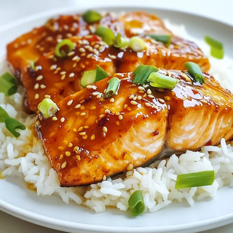 For this tasty dish, gather these main ingredients: - 4 salmon fillets (about 6 oz each) - 1/4 cup sweet chili sauce - 2 tablespoons soy sauce - 2 tablespoons honey - 1 tablespoon fresh ginger, grated - 2 cloves garlic, minced - 1 tablespoon sesame oil - 1 tablespoon rice vinegar - 1 teaspoon red pepper flakes (optional, for extra heat) These ingredients work together to create a perfect balance of sweet and spicy flavors. The salmon fillets are rich and buttery. The sweet chili sauce gives a lovely glaze, while ginger and garlic add depth. To make your dish even better, you can add these garnishes: - 2 green onions, sliced - Sesame seeds These toppings add crunch and a fresh look. They also enhance the taste. Pair your salmon with these sides for a full meal: - Steamed jasmine rice - Sautéed vegetables Steamed jasmine rice soaks up the glaze well. Adding sautéed veggies gives color and nutrition. This makes for a complete and vibrant dinner. {{ingredient_image_1}} To start, gather your ingredients. In a small bowl, mix the sweet chili sauce, soy sauce, honey, grated ginger, minced garlic, sesame oil, rice vinegar, and red pepper flakes if you want extra heat. Whisk this mixture well. This makes a tasty glaze for the salmon. Next, preheat your oven to 400°F (200°C). Line a baking sheet with parchment paper for easy cleanup. Place the salmon fillets skin-side down on the baking sheet. Use a brush to coat each fillet with the sweet chili glaze. Make sure to save some glaze for later. Then, bake the salmon for 12-15 minutes. The fish is ready when it flakes easily with a fork. While the salmon bakes, take the reserved glaze and simmer it in a small saucepan over low heat for 2-3 minutes. This will make it thicker and even more flavorful. Once the salmon is cooked, drizzle the thickened glaze over the fillets. For a fresh look, garnish with sliced green onions and a sprinkle of sesame seeds. Serve the salmon on a bed of jasmine rice and add a side of sautéed vegetables for a full meal. To get that perfect glaze, mix sweet chili sauce, soy sauce, honey, ginger, and garlic. Whisk them well in a bowl. This blend gives a nice balance of sweet and savory. Brush the glaze on thick for a bold flavor. Reserve some glaze for later. Simmer the reserved glaze to thicken before serving. This makes it shine on your salmon. Baking salmon at 400°F (200°C) works wonders. It cooks evenly and keeps the fish moist. Always place the salmon skin-side down on a lined baking sheet. This helps the skin crisp up nicely. Check for flakiness at 12-15 minutes. Use a fork to see if it falls apart easily. This means it’s done. One mistake is overcooking the salmon. Keep an eye on it in the oven. Another pitfall is not seasoning enough. The glaze adds flavor, but a pinch of salt helps too. Avoid skipping the reserved glaze step. It adds that extra touch when you serve. Lastly, don’t forget to garnish with green onions and sesame seeds. These add color and crunch. Pro Tips Choose Fresh Salmon: Opt for wild-caught salmon if possible, as it tends to have a richer flavor and better texture compared to farmed salmon. Marinate for More Flavor: If time allows, marinate the salmon in the glaze for 30 minutes to an hour before baking to enhance the flavor. Check for Doneness: To ensure perfect doneness, use a fork to gently flake the salmon; it should easily separate and appear opaque. Experiment with Toppings: Feel free to customize your garnishes with additional toppings like crushed peanuts or cilantro for added texture and flavor. {{image_2}} You can change some items in the glaze for different tastes. Use maple syrup instead of honey for a richer flavor. Try using tamari instead of soy sauce for a gluten-free option. If you want more spice, add more red pepper flakes or try sriracha. You can also mix in some lime juice for a zesty twist. Each change gives a unique taste to your glaze. Grilling salmon adds a smoky flavor that is hard to beat. Preheat your grill to medium-high. Place the salmon fillets on the grill skin-side down. Cook them for about 6-8 minutes on each side. Brush with glaze while grilling to build flavor. You can also pan-sear the salmon. Heat oil in a pan over medium heat. Sear the fillets for 4-5 minutes per side. This gives a nice crust and keeps the fish moist. For weeknight dinners, serve the salmon with jasmine rice and steamed veggies. If you have guests, plate the salmon on a large platter. Drizzle with extra glaze and garnish with green onions and sesame seeds. For a casual meal, serve in taco shells with avocado and a fresh salsa. Each option makes the dish shine for any occasion, from simple to special. To keep your leftover salmon fresh, place it in an airtight container. Make sure to cover it well to avoid any air exposure. You can store it in the fridge for up to three days. If you want to keep it longer, freezing is a great option. When you reheat salmon, aim to keep it moist. Preheat your oven to 275°F (135°C). Place the salmon on a baking sheet and cover it with foil. Heat for about 15 minutes or until warm. This method helps keep the fish tender and juicy. If you decide to freeze your salmon, wrap each fillet tightly in plastic wrap. Then, place them in a freezer bag. This method helps prevent freezer burn. Frozen salmon can last up to three months. When ready to eat, thaw it in the fridge overnight before reheating. You can serve sweet chili glazed salmon with many sides. I love jasmine rice. It pairs well with the glaze's sweetness. You can also add steamed broccoli for color and crunch. A fresh salad with lime dressing works great too. For extra flavor, try sautéed green beans or bok choy. These sides balance the rich taste of salmon nicely. Remember to drizzle some extra glaze over everything for a tasty finish. Yes, you can use frozen salmon. Just make sure to thaw it first. Place the salmon in the fridge overnight for best results. If you're short on time, you can thaw it in cold water. Once thawed, follow the recipe as usual. The glaze will still soak in and taste amazing. Just keep an eye on the cooking time, as it may vary slightly. Cooking salmon in the oven usually takes 12 to 15 minutes. The exact time depends on the thickness of your fillets. A good rule is to cook it for about 4 to 6 minutes per half inch of thickness. You know it’s done when the salmon flakes easily with a fork. Always check for doneness to avoid overcooking. Salmon should look opaque and moist. Absolutely! You can make the glaze as spicy or mild as you like. To add heat, include more red pepper flakes. For a milder taste, reduce or skip the flakes altogether. You can also add a bit of fresh chili for a different flavor. Taste the glaze before brushing it on the salmon. Adjust it to match your preference. To wrap up, we covered how to make sweet chili glazed salmon. You learned about key ingredients and the best ways to prepare them. I shared tips for achieving a perfect glaze and avoiding common mistakes. You can also explore various cooking methods and storage options. This dish is versatile and can suit any occasion. Whether you're new to cooking or a pro, this recipe is easy and rewarding. Enjoy your cooking journey, and make this salmon a staple in your meals!