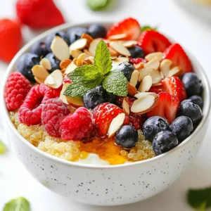 To make a Quinoa Berry Breakfast Bowl, you'll need simple and healthy ingredients. Here's the list: - 1 cup cooked quinoa - 1/2 cup mixed berries (blueberries, strawberries, raspberries) - 1/4 cup almond milk (or any milk of choice) - 1 tablespoon honey or maple syrup - 1 tablespoon chia seeds - 1/4 teaspoon vanilla extract - 2 tablespoons sliced almonds - Fresh mint leaves for garnish Each ingredient plays a key role. The quinoa serves as a protein-rich base. Berries add natural sweetness and antioxidants. Almond milk keeps the bowl creamy. Honey or maple syrup gives a touch of sweetness. Chia seeds add fiber and help thicken the bowl. Vanilla extract brings a warm flavor. Sliced almonds add crunch, and mint provides a fresh finish. By choosing quality ingredients, you enhance the flavor and health benefits of your breakfast bowl. Enjoy mixing and matching your favorites! {{ingredient_image_1}} First, take a small saucepan. Pour in the almond milk. Heat the almond milk over low heat. You want it warm, not hot. This will help mix the flavors well later. In a bowl, take your cooked quinoa. Add the sweetener of your choice, either honey or maple syrup. Then, mix in the chia seeds and the vanilla extract. Now, pour the warm almond milk over this mixture. Stir everything well. Make sure it is nicely combined. Let this sit for about five minutes. The chia seeds will soak up the liquid and thicken the mix. After the mix has thickened, gently fold in the mixed berries. Save a few berries for topping. Spoon the quinoa berry mix into serving bowls. Sprinkle sliced almonds on top. Finally, add the reserved berries for a colorful touch. You can garnish with fresh mint leaves for extra flair. Enjoy your vibrant and tasty breakfast bowl! To get the best texture, let the chia seeds absorb the almond milk. After mixing them into your bowl, wait about five minutes. This allows the seeds to swell and thicken the mixture. It turns your breakfast bowl into a creamy delight. You can add yogurt or a dollop of nut butter for extra creaminess. Greek yogurt gives a nice tang, while nut butter adds a rich flavor. Both options boost the protein, making your meal even more filling. Feel free to experiment with your favorite flavors. Garnish with fresh mint leaves for a pop of color. Arrange the berries on top in a fun way. You can make a pattern or even create a smiley face. A well-presented bowl makes your meal more inviting and enjoyable. It turns breakfast into a feast for the eyes! Pro Tips Use Fresh Ingredients: Always opt for fresh berries and mint leaves to enhance the flavor and nutritional value of your breakfast bowl. Customize Your Sweetener: Feel free to adjust the amount of honey or maple syrup according to your taste preferences or dietary needs. Add More Texture: Consider adding other toppings like granola or coconut flakes for an extra crunch in your breakfast bowl. Meal Prep Friendly: Prepare a larger batch of quinoa in advance and store it in the fridge for quick and easy breakfasts throughout the week. {{image_2}} You can switch up the milk in your quinoa berry breakfast bowl. Almond milk is great, but you can try coconut milk for a creamy taste. Oat milk is another good choice. It has a mild flavor and pairs well with the berries. Each milk brings its own twist, so feel free to experiment! While I love mixed berries, you can use any fruit you like. Fresh strawberries or blackberries work well too. If you can't find fresh fruit, frozen berries are perfect. They are just as tasty and save you time. Use what’s in season for the best flavor. Honey and maple syrup add sweetness, but there are other options. Agave syrup gives a nice touch and is easy to mix in. Date syrup is another choice if you want a richer taste. Experiment with these sweeteners to find what you enjoy most. To keep your quinoa berry breakfast bowl fresh, store it in the fridge. Use an airtight container. This way, it stays good for about three days. Make sure it has cooled down before sealing. This helps avoid extra moisture, which can spoil your dish. When you want to enjoy leftovers, reheat them gently. Use a microwave-safe bowl. Warm it up in short bursts of 30 seconds. Stir in between to heat evenly. If it seems dry, add a splash of almond milk. This keeps the bowl creamy and tasty. You can freeze this breakfast bowl for longer storage. First, let it cool completely. Then, place it in a freezer-safe container. It can last up to two months in the freezer. To thaw, move it to the fridge overnight. Reheat as usual, adding some almond milk if needed. This way, you can have a quick, healthy breakfast anytime! Yes, you can prepare this bowl ahead of time. To save time, cook the quinoa the night before. Store it in the fridge in an airtight container. You can also mix the dry ingredients, like chia seeds and nuts, in advance. When you’re ready to eat, just warm the almond milk and mix everything together. This way, you enjoy a quick, tasty breakfast. Yes, quinoa is naturally gluten-free. It comes from a seed, not a grain, making it safe for those with gluten allergies. Quinoa is a great choice for people who need gluten-free meals. It also packs protein and fiber, which are good for your health. This makes it a smart option for breakfast or any meal. Absolutely! You can use pre-cooked quinoa. Many stores sell it in bags or containers. This saves you time and effort. Just warm it up before you mix it with the other ingredients. Using pre-cooked quinoa can make your breakfast bowl even quicker to prepare, letting you enjoy a healthy meal with ease. This blog post covered a tasty breakfast bowl made with quinoa and berries. You learned how to prepare and combine the ingredients, as well as helpful tips for the best texture and presentation. We explored variations, storage options, and answered common questions. By making this bowl, you get a healthy start to your day. Enjoy experimenting with different flavors and ingredients. Your breakfast can be both fun and nutritious, so give it a try!