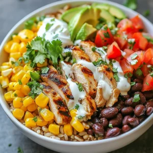 - 2 boneless, skinless chicken breasts - 2 tablespoons olive oil - 2 tablespoons chipotle sauce (or adobo sauce) - 1 teaspoon garlic powder - 1 teaspoon smoked paprika - 1/2 teaspoon cumin - Salt and black pepper to taste - 1 cup cooked brown rice (or cauliflower rice for a low-carb option) - 1 cup black beans, drained and rinsed - 1 cup corn - 1 medium tomato, diced - 1 avocado, diced - 1/4 cup fresh cilantro, chopped - Juice of 1 lime - Greek yogurt or sour cream for garnish (optional) - Shredded cheese (optional) Each serving provides a well-rounded meal. You get about: - 400 calories - 30g protein - 50g carbs - 15g fat - Rich in fiber and vitamins This bowl packs a punch with flavor and nutrition! - Use chicken thighs for a juicier option. - Swap olive oil with avocado oil for a different taste. - Replace brown rice with quinoa for a protein boost. - Try pinto beans instead of black beans for a creamier texture. - Use salsa instead of diced tomatoes for added zest. - You can skip the cheese to keep it dairy-free. These swaps help you tailor the bowl to your taste and dietary needs! {{ingredient_image_1}} To start, grab a bowl and mix these items: - 2 tablespoons olive oil - 2 tablespoons chipotle sauce (or adobo sauce) - 1 teaspoon garlic powder - 1 teaspoon smoked paprika - 1/2 teaspoon cumin - Salt and black pepper to taste This mix gives the chicken a smoky and spicy kick. Stir well until everything blends together. Next, take the two boneless, skinless chicken breasts. Place them in the marinade, making sure they are well coated. Cover the bowl and let them sit for at least 30 minutes. For more flavor, you can marinate for up to 2 hours. This step is key to getting that delicious taste. When you are ready, preheat your grill or skillet over medium-high heat. Once hot, place the marinated chicken on it. Cook for about 6-7 minutes on each side. You want the juices to run clear when it’s done. After cooking, let the chicken rest for 5 minutes before slicing. This makes it juicier. Now it's time to build your bowl! Start with a base of 1 cup of cooked brown rice or cauliflower rice if you want a low-carb option. Layer on top: - 1 cup black beans, drained and rinsed - 1 cup corn - 1 medium tomato, diced - 1 avocado, diced Then, slice the grilled chicken and place it on top. Sprinkle with 1/4 cup fresh cilantro and drizzle with lime juice. For a tasty finish, add Greek yogurt or sour cream and shredded cheese if you like. Enjoy your flavorful Chipotle Chicken Burrito Bowl! For the best taste, marinate the chicken for at least 30 minutes. If you have time, let it sit for up to 2 hours. This longer time helps the flavors soak in well. I love using chipotle sauce for a spicy kick. It adds depth and smokiness to the chicken. Cook the marinated chicken on medium-high heat. This keeps the meat juicy. Grill or use a skillet; both work well. Cook each side for about 6 to 7 minutes. Check that the juices run clear before taking it off the heat. Let it rest for 5 minutes before slicing. Resting keeps it tender and juicy. When you build your burrito bowl, layer ingredients in this order: start with the cooked brown rice. Next, add black beans and corn for texture. Then, sprinkle diced tomatoes and avocado. Finally, top it with sliced chicken. This method creates a balanced bite. Each layer brings its own flavor, making every spoonful a delight. Pro Tips Marinate for Maximum Flavor: Let the chicken marinate for up to 2 hours to enhance the flavor profile. The longer it marinates, the more intense the taste will be. Use Fresh Ingredients: Fresh cilantro and ripe avocados will elevate the freshness of your burrito bowl. Always opt for the freshest produce available. Customize Your Bowl: Feel free to add your favorite toppings such as jalapeños, salsa, or different types of cheese to personalize your dish. Control the Heat: Adjust the amount of chipotle sauce based on your spice tolerance. Start with less and add more if you prefer a spicier kick. {{image_2}} You can switch out brown rice for cauliflower rice to lower carbs. Cauliflower rice is light and still fills you up. It adds a nice texture to the bowl. Just pulse fresh cauliflower in a food processor until it resembles rice. Sauté it in a pan for a few minutes before adding it to your bowl. This way, you keep all the yummy flavors while cutting carbs. If you want a meatless meal, use tofu or tempeh instead of chicken. Both options soak up flavors well. For tofu, press it to remove extra water. Cut it into cubes and marinate like the chicken. Cook it until golden brown for a crispy texture. Tempeh has a nutty taste and adds a great bite. Both are tasty choices for a filling meal. Want more heat? Add extra chipotle sauce to your bowl. You can drizzle it on top or mix it with your toppings. If you like it spicy, this is a fun way to amp up the flavors. You can also add jalapeños or a spicy salsa for an extra kick. Adjust the spice to fit your taste buds and enjoy the heat! After you enjoy your bowl, store leftovers in an airtight container. This keeps your food fresh. Make sure to separate the chicken from other ingredients. This helps prevent sogginess. You can keep leftovers in the fridge for up to three days. To reheat, use the microwave or stovetop. If using the microwave, heat in short bursts. Stir in between to heat evenly. If using the stovetop, add a splash of water. This keeps your chicken moist. Heat over medium heat until warmed through. You can freeze the chicken and rice separately. Place them in freezer-safe bags. Be sure to squeeze out excess air to avoid freezer burn. The chicken can last up to three months in the freezer. Rice can last a bit longer, about four months. When ready to eat, thaw overnight in the fridge. Reheat as needed. You can use cauliflower rice for a low-carb option. Quinoa is another great choice. Both add texture and flavor. If you want a grain, try white rice or jasmine rice. These options keep the bowl tasty and fun. Yes, you can prepare this dish ahead. Marinate the chicken and store it in the fridge. You can also cook the rice and beans in advance. Just store them in separate containers. When you are ready to eat, simply heat everything and assemble your bowl. To add heat, use extra chipotle sauce. You can also mix in diced jalapeños or hot sauce. If you want a kick without adding sauce, try adding crushed red pepper flakes. Adjust the spice to fit your taste. Yes, this recipe is gluten-free. All ingredients are safe for those on a gluten-free diet. Just make sure to check the labels on sauces and toppings. This ensures there are no hidden gluten sources. Some great toppings include diced avocado, fresh cilantro, and lime juice. Shredded cheese and Greek yogurt add creaminess. You can also use salsa for more flavor. Choose your favorites to make your bowl unique and delicious. You now have a complete guide to making a Chipotle Chicken Burrito Bowl. We covered the ingredients, preparation, and cooking methods. I shared tips for flavor and ingredient layering. You also explored variations, like low-carb and vegetarian options. Finally, you learned how to store and reheat leftovers. Remember, customizing your bowl is part of the fun. Enjoy making this tasty meal your own!