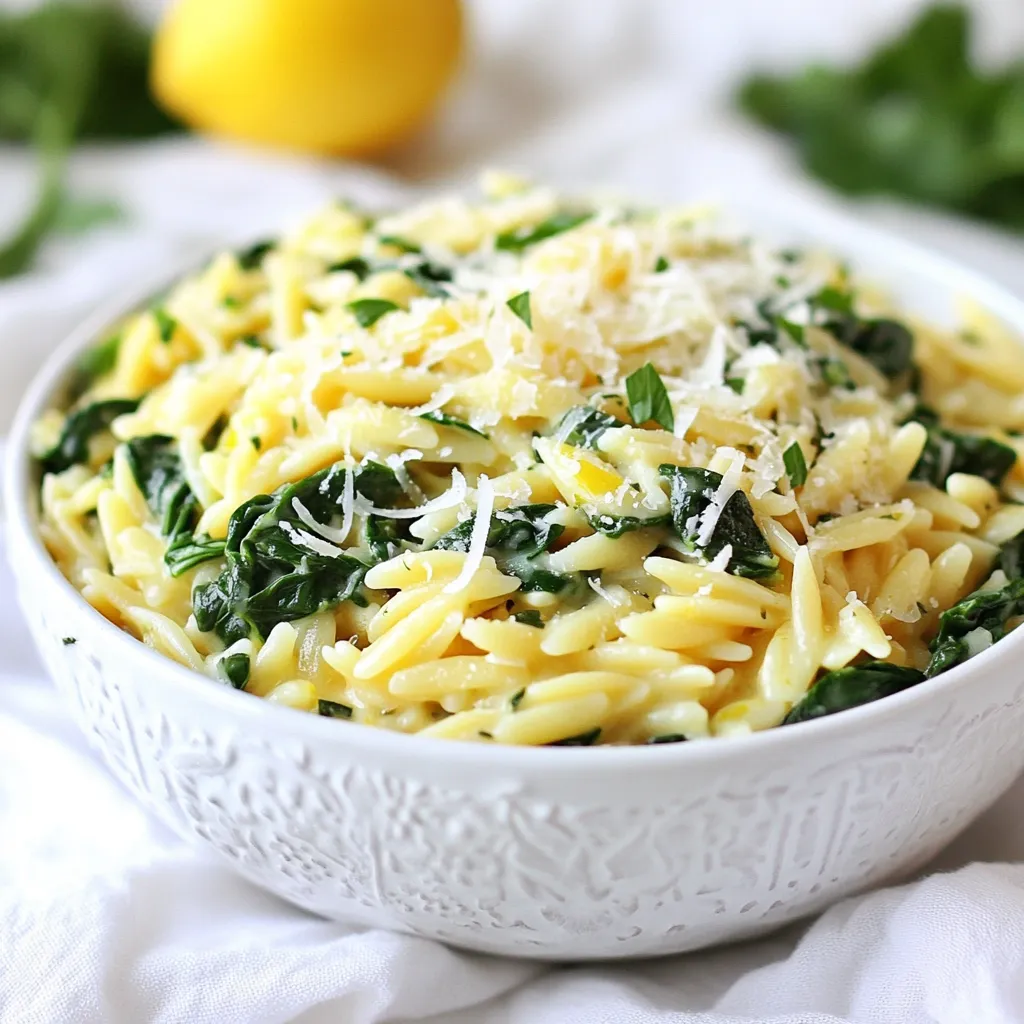 To make creamy lemon spinach orzo, you will need: - 1 cup orzo pasta - 2 cups fresh spinach, chopped - 1 cup heavy cream - 1 tablespoon olive oil - 2 cloves garlic, minced - Zest of 1 lemon - Juice of 1 lemon - 1/2 cup grated Parmesan cheese - Salt and pepper to taste - Fresh parsley, chopped (for garnish) These ingredients blend together to create a rich, creamy dish with a bright lemon kick. You can add these ingredients to boost the taste: - Red pepper flakes for heat - Sun-dried tomatoes for sweetness - Fresh basil or thyme for herbal notes These options let you customize the dish to your liking. If you need swaps, here are some ideas: - Use whole wheat orzo for a healthier pasta option. - Swap heavy cream with half-and-half or coconut milk for a lighter sauce. - Try nutritional yeast instead of Parmesan for a vegan version. These substitutions can help you adapt the recipe to fit your diet or preferences. {{ingredient_image_1}} First, fill a large pot with water and add salt. Bring it to a boil. Add 1 cup of orzo pasta and stir. Cook for about 8 to 10 minutes. You want it al dente, meaning it should be firm but not hard. Once done, drain the orzo and set it aside. In the same pot, heat 1 tablespoon of olive oil over medium heat. Add 2 minced garlic cloves and cook for about 30 seconds. Stir to avoid burning the garlic. Next, add 2 cups of chopped spinach. Cook it for about 2 to 3 minutes until it wilts down. The garlic and spinach will fill your kitchen with a lovely smell. Now it's time to make the sauce. Pour in 1 cup of heavy cream, along with the zest and juice of 1 lemon. Stir everything well. Bring the mixture to a gentle simmer, watching closely so it doesn’t boil over. The cream will start to thicken, forming a rich sauce. Add the cooked orzo back into the pot. Mix it well with the creamy spinach sauce. Stir in 1/2 cup of grated Parmesan cheese until it melts into the dish. Taste your creation and add salt and pepper to your liking. Let it cook for another 2 to 3 minutes. This will help the flavors blend well. Finally, spoon the creamy lemon spinach orzo into bowls. Garnish with fresh chopped parsley for a nice touch. Enjoy your delicious meal! To cook orzo well, follow these steps: - Use a large pot for even cooking. - Boil plenty of salted water. - Stir occasionally to prevent sticking. - Cook orzo until al dente, about 8-10 minutes. - Drain it, but do not rinse. This keeps the starch that helps sauce stick. This method gives you the best texture. Overcooked orzo turns mushy, so keep an eye on it. To boost the flavor, think about adding these: - Fresh basil or thyme can bring bright notes. - A pinch of red pepper flakes adds a nice kick. - Try a bit of nutmeg for warmth. Don't hesitate to experiment! Fresh herbs add layers of taste. Use what you love to make this dish yours. Serve your creamy lemon spinach orzo like a pro. Here’s how: - Use a deep bowl to hold the creamy sauce. - Garnish with freshly chopped parsley for color. - Add extra lemon zest on top for a pop of brightness. A beautiful dish makes every bite more enjoyable. Make it look as good as it tastes! Pro Tips Perfectly Cooked Orzo: Make sure to cook the orzo in plenty of salted water to enhance its flavor. Check for al dente texture to avoid mushiness. Fresh Spinach: Using fresh spinach adds a vibrant color and flavor. If using frozen, make sure to thaw and drain it well before adding. Adjusting Creaminess: If you prefer a lighter dish, substitute half of the heavy cream with vegetable broth or chicken broth for added flavor without the extra calories. Garnish Wisely: Fresh parsley not only adds color, but it also enhances the dish's flavor. Consider adding a squeeze of fresh lemon juice right before serving for an extra zing! {{image_2}} You can easily boost the protein in Creamy Lemon Spinach Orzo. Adding chicken or shrimp makes it heartier. For chicken, cook diced breast in the pot before adding garlic. Sauté it until golden, then follow the rest of the recipe. If you prefer shrimp, add peeled shrimp right after the spinach wilts. Cook until they turn pink, then proceed with the creamy sauce. Both options enhance the dish and provide a filling meal. If you want a vegetarian twist, try adding chickpeas or white beans. They provide protein and a nice texture. Stir them in when adding spinach. You can also use tofu for a different flavor. Cook cubed tofu in olive oil until golden before adding it to the dish. These options keep it light while still being satisfying. For a gluten-free version, swap the orzo with gluten-free pasta. Many brands offer fun shapes that work well in this dish. Cook it according to the package instructions. Ensure the rest of the ingredients are gluten-free, especially any sauces or seasonings. This way, everyone can enjoy this creamy lemon spinach orzo without worry. To store leftovers of creamy lemon spinach orzo, let the dish cool to room temperature. Transfer it to an airtight container. Make sure to seal it well to keep out air. You can store it in the fridge for up to three days. This dish tastes great even after a day or two! When you are ready to eat the leftovers, take them out of the fridge. Place the orzo in a saucepan over low heat. Add a splash of milk or cream to keep it creamy. Stir often until it warms through. You can also use a microwave. Heat in short bursts, stirring in between, until hot. If you want to freeze it, follow these steps. First, let the dish cool completely. Then, place it in a freezer-safe container. Leave some space at the top for expansion. You can freeze creamy lemon spinach orzo for up to three months. When you are ready to eat it, thaw it in the fridge overnight before reheating. Yes, you can use other pasta. If you want to switch it up, try penne, fusilli, or farfalle. Each type will change the dish’s texture a bit, but it will still taste great. Just remember to adjust the cooking time based on the type of pasta you choose. Follow the package instructions for best results. To make this dish dairy-free, replace heavy cream with coconut milk or almond milk. You can also use dairy-free cheese to keep the flavor. Look for a vegan Parmesan to add that cheesy touch without dairy. This way, you enjoy the creamy texture without any dairy. Creamy Lemon Spinach Orzo pairs well with grilled chicken or fish. You can also serve it with a fresh salad for a light meal. For a heartier option, add roasted vegetables. These sides complement the flavors and make your meal more filling. Reheating can dry out the orzo. To avoid this, add a splash of water or broth when reheating. Use a pan on low heat or the microwave. Stir often, and heat just until warm. This keeps the dish creamy and delicious. This blog post covered how to make Creamy Lemon Spinach Orzo. We went over key ingredients and simple steps for preparation. You learned ways to enhance flavor and add protein. I shared storage tips for leftovers too. This dish is flexible and easy to customize. Remember, cooking should be fun! Explore different options and make it your own. Enjoy your creamy orzo dish and impress your friends and family.