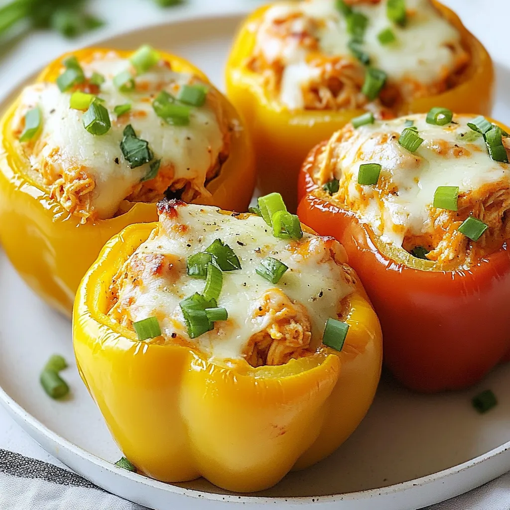 You will need these ingredients to make Buffalo Chicken Stuffed Peppers: - 4 large bell peppers (any color) - 2 cups cooked shredded chicken - 1/2 cup buffalo sauce (adjust based on heat preference) - 1 cup cream cheese, softened - 1/2 cup shredded mozzarella cheese - 1/4 cup ranch dressing - 1/2 teaspoon garlic powder - 1/2 teaspoon onion powder - Salt and pepper to taste - Chopped green onions for garnish Choosing good ingredients is key. Fresh bell peppers add crunch and flavor. Use high-quality buffalo sauce for the best heat. Cream cheese should be soft, making mixing easier. I recommend full-fat mozzarella for a rich melt. Look for ranch dressing with natural ingredients for a fresh taste. Quality ingredients make a big difference in your dish. You can swap some ingredients if needed. For chicken, use shredded rotisserie chicken or canned chicken. If you want less heat, try using a mild wing sauce. Greek yogurt can replace cream cheese for a lighter option. If you want a dairy-free dish, use vegan cheese. Finally, you can skip the ranch and use a splash of lemon juice for tang. {{ingredient_image_1}} Start by preheating your oven to 375°F (190°C). This makes sure your peppers cook evenly. Next, take the large bell peppers and cut the tops off. Remove all the seeds and membranes inside. This step helps the peppers hold the filling well. Place the cleaned peppers upright in a baking dish. They need to stand tall to hold all that tasty filling. In a big mixing bowl, add the cooked shredded chicken. Pour in the buffalo sauce. You can adjust this based on how spicy you like it. Next, add the softened cream cheese and shredded mozzarella cheese. Then, include the ranch dressing, garlic powder, onion powder, salt, and pepper. Mix everything well until it is smooth and blended. This filling is creamy and packed with flavor. Now, it's time to stuff the peppers. Take the buffalo chicken mixture and fill each pepper. Press down gently to pack it in tight. Cover the baking dish with aluminum foil. Bake in the preheated oven for 25 minutes. After that, remove the foil and bake for another 10-15 minutes. This helps the tops turn golden and the peppers become tender. Once done, take them out and let cool for a few minutes. Garnish with chopped green onions for a fresh touch. Enjoy your savory buffalo chicken stuffed peppers! To make the perfect stuffed peppers, choose fresh, firm bell peppers. Cut off the tops and remove the seeds inside. This gives you a nice bowl to fill. Mix the chicken and sauce until smooth. Use a spoon to fill the peppers well. Press the filling down to pack it tight. Bake them covered first to keep them moist. Remove the foil later to get a nice golden top. If you like heat, add more buffalo sauce. Start with half a cup, then taste it. You can always add more, but you can't take it out. For less spice, use a milder sauce. Mixing in ranch dressing helps cool the heat too. It adds creaminess that balances the flavors. Serve these stuffed peppers with a fresh salad. A simple green salad adds a nice crunch. You can also pair them with rice or quinoa for a healthy side. For a fun twist, try serving with tortilla chips. They add a nice crunch and are great for dipping in extra sauce. Pro Tips Choosing the Right Peppers: Opt for large, firm bell peppers to ensure they hold their shape while baking and provide enough space for the stuffing. Adjusting Heat Levels: Feel free to adjust the amount of buffalo sauce according to your heat tolerance. You can also mix in some mild sauce for a lesser kick. Cream Cheese Tip: Make sure your cream cheese is fully softened to blend smoothly with the other ingredients. This will help prevent any lumps in your filling. Garnishing Ideas: For an extra layer of flavor, consider adding crumbled blue cheese or a drizzle of extra ranch dressing on top before serving. {{image_2}} You can switch up the protein in Buffalo chicken stuffed peppers. If you prefer turkey, use shredded turkey instead of chicken. Ground chicken or turkey also works well. For a fun twist, try using pulled pork. It adds a rich flavor that pairs nicely with the buffalo sauce. Keep the buffalo sauce the same, but feel free to adjust the spices. If you want a meat-free option, you can still enjoy these stuffed peppers. Use cooked quinoa or brown rice as a base. Mix in black beans or chickpeas for protein. You can also add diced vegetables like zucchini, corn, or mushrooms. Just remember to keep the buffalo sauce to give it that spicy kick. Cream cheese can be replaced with a vegan cream cheese if needed. Want to enhance the flavor? Add extra spices like smoked paprika or cayenne for more heat. You can mix in diced celery for a crunchy texture. Try adding chopped cilantro or parsley for a fresh taste. A sprinkle of blue cheese or feta on top adds a creamy touch. If you love tang, a splash of lime juice brightens the dish. These small changes can make your stuffed peppers unique and exciting. To store your buffalo chicken stuffed peppers, let them cool first. Place them in an airtight container. They will last in the fridge for 3 to 4 days. If you want to keep them longer, consider freezing them. To reheat, take the peppers out of the fridge. Preheat your oven to 350°F (175°C). Place the peppers in a baking dish. Cover them with foil to keep moisture in. Bake for about 20 minutes or until heated through. You can also use a microwave. Heat on medium for 2 to 3 minutes, checking often. You can freeze buffalo chicken stuffed peppers before or after baking. If freezing before baking, wrap each pepper in plastic wrap. Place them in a freezer-safe bag. They can last up to 3 months. When ready to eat, bake them straight from the freezer. Just add 10 to 15 minutes to the baking time. If you freeze them after baking, let them cool first. Then, wrap and store them the same way. No, using raw chicken is not safe for this recipe. I recommend cooked shredded chicken. It cuts down cooking time and ensures the chicken is safe to eat. You can use leftover chicken or rotisserie chicken. This saves time and adds great flavor. You can tell the peppers are cooked when they are tender. They should be soft but not mushy. You can test this by gently poking them with a fork. If the fork goes in easily, they are ready. The tops should also be slightly golden. Yes, you can prepare the filling and stuff the peppers ahead of time. Just keep them in the fridge until you are ready to bake. This makes for an easy weeknight meal. You can also freeze them before baking for a quick dinner later. Just remember to adjust cooking times if baking from frozen. Buffalo chicken stuffed peppers are a tasty treat that anyone can enjoy. This post covered key ingredients, how to prepare them, and various smart tips. You learned about possible substitutes and how to store leftovers. Remember, you can switch up proteins or make veggie versions too. Whether hosting a party or enjoying a family meal, these stuffed peppers are sure to impress. Get cooking, and savor every bite!