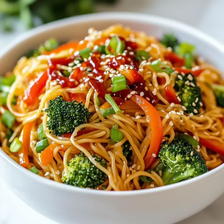 - 8 oz. rice noodles - 2 tablespoons sesame oil - 1 red bell pepper, thinly sliced - 1 cup broccoli florets - 1 carrot, julienned - 3 cloves garlic, minced - 1 tablespoon ginger, grated - 3 tablespoons soy sauce - 2 tablespoons Sriracha (adjust to taste) - 1 tablespoon honey or maple syrup - 2 green onions, chopped - Sesame seeds, for garnish The rice noodles are the base of the dish. They soak up the sauce well. Sesame oil gives a nice, nutty flavor. It adds depth to the dish. Red bell pepper adds sweetness and bright color. Broccoli florets bring crunch and nutrients. Carrots add a sweet taste and chewy texture. Garlic and ginger give warmth and spice. Soy sauce adds saltiness and umami. Sriracha is key for heat and flavor. Honey or maple syrup balance the spice. Green onions add freshness on top. Sesame seeds are a lovely garnish that adds a crunch. You can swap rice noodles for whole wheat noodles if preferred. Use olive oil instead of sesame oil for a different flavor. If you do not have red bell pepper, try yellow or orange peppers. Zucchini or snap peas can replace broccoli. If you don't have fresh ginger, use ground ginger, but use less. For a gluten-free option, use tamari instead of soy sauce. If you like it sweeter, try agave nectar in place of honey or maple syrup. {{ingredient_image_1}} First, you need to cook the rice noodles. Follow the package instructions carefully. Usually, this takes about 4 to 6 minutes. Check for the "al dente" texture. When done, drain the noodles in a colander. Rinse them with cold water to stop the cooking process. Set them aside for later. This step keeps the noodles from being too soft. Next, let’s prepare the vegetables. Start by slicing the red bell pepper into thin strips. Then, cut the broccoli into small florets. For the carrot, julienne it into long, thin pieces. You want everything to cook evenly. Mince the garlic and grate the ginger. These add great flavor to your dish. Keep everything ready to go. This makes cooking faster and easier. Now, let’s make the spicy Sriracha sauce. In a small bowl, mix together soy sauce, Sriracha, and honey or maple syrup. Adjust the Sriracha to your taste if you like it spicier. Stir everything well until combined. This sauce will bring all the flavors together. Once mixed, your sauce is ready for the next step! To cook rice noodles just right, follow these steps: - Boil water in a large pot. - Add the noodles and stir gently. - Cook until they are al dente, about 4-6 minutes. - Drain and rinse the noodles with cold water. - This stops the cooking and keeps them firm. These noodles can get sticky fast, so keep them moving. You can toss them with a bit of sesame oil after rinsing. Sriracha packs a punch. To adjust the heat: - Start with 1 tablespoon of Sriracha in your sauce. - Taste and then add more if you want it hotter. - You can also balance the heat with honey or maple syrup. These sweeteners help tone down the spice while adding flavor. If you want less heat, skip the Sriracha or use a milder sauce. Presentation matters! Here are some fun ideas: - Serve your noodles in deep bowls for a cozy feel. - Sprinkle extra sesame seeds on top for crunch. - Drizzle more Sriracha for a vibrant look. - Add lime wedges on the side for a zesty kick. This not only looks great but also adds to the taste. Your guests will love the visual appeal! Pro Tips Adjust the Spice Level: If you prefer a milder dish, start with 1 tablespoon of Sriracha and gradually add more to your taste. Use Fresh Vegetables: Fresh vegetables not only enhance flavor but also add a vibrant color to your dish, making it more visually appealing. Garnish Creatively: Experiment with garnishes like chopped cilantro, crushed peanuts, or a squeeze of fresh lime for additional flavor and texture. Make it a Meal: Add protein like shrimp, chicken, or tofu to turn this dish into a complete meal that’s both satisfying and nutritious. {{image_2}} You can easily make Spicy Sriracha Noodles vegetarian or vegan. Start with rice noodles, which are plant-based. For a vegan sauce, simply use maple syrup instead of honey. You can also add more vegetables, like snap peas or mushrooms. They bring great texture and flavor. This way, you keep it healthy and colorful. If you want extra protein, chicken, tofu, or shrimp work well. For chicken, cut it into bite-sized pieces. Cook it in sesame oil before adding garlic and ginger. For tofu, use firm tofu, cut into cubes. Sauté it until golden before adding veggies. Shrimp cooks fast; just add it after the garlic and ginger. Cook it until it turns pink. Each option adds a different flavor and makes the dish more filling. You can change the flavor to fit your taste. If you like sweet, add more honey or maple syrup. For a tangy twist, squeeze fresh lime juice over the noodles before serving. You could also mix in a bit of peanut butter for a creamy texture. Try adding crushed peanuts for crunch. This keeps the dish fun and exciting every time you make it. To keep your Spicy Sriracha Noodles fresh, place them in an airtight container. Make sure to cool the noodles to room temperature first. Store them in the fridge for up to three days. This way, they stay tasty and ready for your next meal. When reheating, you want to keep the noodles soft. Use a microwave-safe dish. Add a splash of water to prevent drying. Cover it with a lid or a damp paper towel. Heat for one to two minutes. Stir halfway to warm evenly. You can also reheat in a skillet. Just add a bit of oil and toss until hot. If you want to save your noodles for later, freezing works well. First, let them cool completely. Then, place the noodles in a freezer-safe bag. Remove any air before sealing. They can last up to three months in the freezer. When ready to eat, thaw in the fridge overnight. Reheat using the tips above for best results. You can serve Spicy Sriracha Noodles with many tasty sides. Try spring rolls for a crunchy bite. A side salad adds freshness and color. Grilled chicken or shrimp makes it a hearty meal. You can also pair it with steamed dumplings. These sides create a fun and complete dining experience. To reduce the spice in your noodles, lower the Sriracha. Start with one teaspoon instead of two tablespoons. You can also add more honey or maple syrup. This will balance the heat with sweetness. Adding creamy ingredients, like peanut butter or coconut milk, can help cool it down. Serve it with a side of yogurt for extra relief. Yes, you can prepare Spicy Sriracha Noodles ahead of time. Cook the noodles and veggies, then store them in the fridge. Keep the sauce separate to avoid mushy noodles. When ready to serve, combine everything in a pan and heat. This dish tastes great even after a day in the fridge, making it a perfect meal prep option. This blog post covered everything you need for Spicy Sriracha Noodles. We looked at key ingredients, cooking steps, and tips for the best results. You can adjust the spice and try different proteins or flavors. I also shared how to store leftovers and answered common questions. Enjoy creating your own spicy noodles! With this guide, you can make a tasty, customizable dish that everyone will love. Happy cooking!