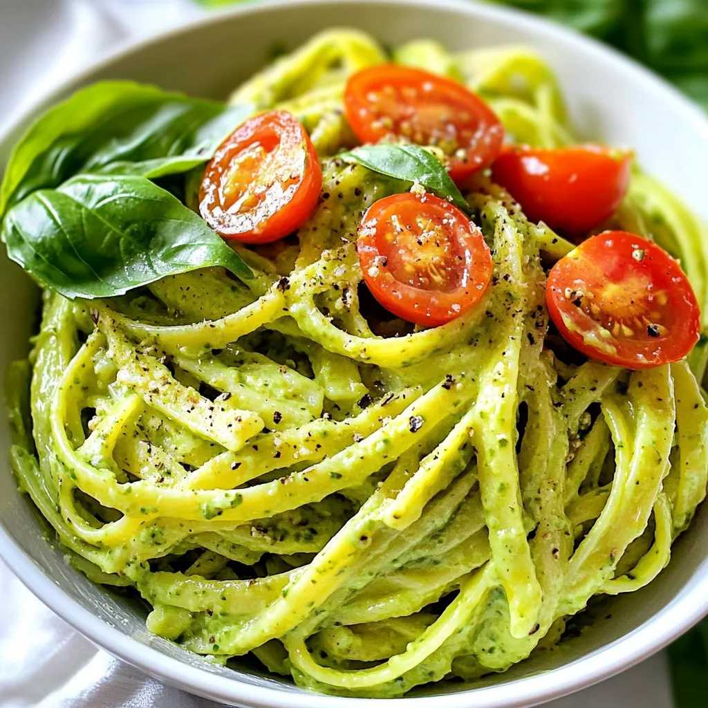 To make creamy avocado pasta, gather these simple ingredients: - 2 ripe avocados, pitted and peeled - 2 cloves garlic, minced - 1/4 cup fresh basil leaves, packed - 1/4 cup grated Parmesan cheese (or nutritional yeast for a vegan option) - 2 tablespoons lemon juice - 1/4 cup olive oil - 12 oz pasta of choice (spaghetti, fettuccine, or gluten-free) - Salt and pepper to taste - Cherry tomatoes, halved (for garnish) - Extra basil leaves (for garnish) These ingredients work together to create a creamy and rich sauce. The ripe avocados give a smooth texture, while the garlic adds a nice kick. Fresh basil brings a burst of flavor, and the lemon juice adds brightness. You can use Parmesan cheese or nutritional yeast, depending on your preference. The olive oil helps blend everything together and adds richness. Choose any pasta you like; they all work well with this creamy sauce. Don't forget the salt and pepper to enhance the taste! This recipe is quick and easy, making it perfect for a weeknight dinner. Each ingredient plays an important role in making your meal simple and flavorful. {{ingredient_image_1}} 1. Start by filling a large pot with water. Add a generous pinch of salt. 2. Heat the pot until the water boils. This step helps the pasta taste great. 3. Add your chosen pasta, like spaghetti or fettuccine. 4. Cook the pasta according to the package instructions. It usually takes about 8-10 minutes. 5. Before draining, remember to reserve 1/2 cup of the pasta water. This water helps to adjust the sauce later. 1. While the pasta cooks, grab a food processor. 2. Add the two ripe avocados, minced garlic, fresh basil leaves, grated Parmesan cheese, lemon juice, and olive oil. 3. Sprinkle in some salt and pepper for flavor. 4. Blend all the ingredients until smooth and creamy. 5. If the sauce is too thick, slowly add some reserved pasta water. Blend again until you reach your desired consistency. 1. Once the pasta is cooked and drained, return it to the pot or a large bowl. 2. Pour the creamy avocado sauce over the pasta. 3. Gently toss the pasta with the sauce until it is fully coated. 4. Taste your dish and adjust seasoning if needed. Add more salt, pepper, or lemon juice for extra flavor. 5. Serve immediately, and top with halved cherry tomatoes and extra basil leaves for a fresh touch. To make your sauce silky and smooth, adjust it with pasta water. After cooking the pasta, save half a cup of that starchy water. If your sauce is thick, add a little pasta water and blend again. This will help create the right creaminess. If you have leftover sauce, store it in an airtight container. It can last in the fridge for up to two days. Just remember, the sauce may thicken over time. You can boost the flavor by adding more herbs. Fresh parsley, cilantro, or even dill can add a nice twist. Try mixing in different cheese options too. Feta cheese adds a salty punch, while goat cheese brings creaminess. For a vegan option, use nutritional yeast instead of cheese. It gives a cheesy taste without dairy. Pair your creamy avocado pasta with a fresh side salad. A simple mix of greens, cucumbers, and a light vinaigrette works well. You can also serve some crusty bread on the side for dipping. If you enjoy wine, a crisp white wine like Pinot Grigio is a great match. For a non-alcoholic option, try sparkling water with lemon. It refreshes the palate nicely. Pro Tips Choose Ripe Avocados: Use avocados that are slightly soft to the touch but not mushy. This ensures a creamy texture in your sauce. Adjust the Consistency: If your avocado sauce is too thick, gradually add reserved pasta water until you reach the desired creaminess. It should coat the pasta smoothly. Fresh Herbs Matter: Fresh basil adds a vibrant flavor. If you can, avoid dried herbs for this recipe to maintain the fresh taste. Garnish for Color: Adding cherry tomatoes and extra basil not only enhances the presentation but also adds a burst of freshness to each bite. {{image_2}} To make this dish vegan, you can swap out the cheese. Use nutritional yeast instead of Parmesan. Nutritional yeast gives a nice cheesy flavor without dairy. You can also add more fresh herbs. Try using cilantro or parsley for a fresh twist. Consider adding nuts or seeds for extra texture. Toasted pine nuts or sunflower seeds work great. They add crunch and healthy fats to your meal. If you need gluten-free pasta, many choices exist. Look for pasta made from rice, quinoa, or chickpeas. These options are tasty and easy to find in stores. Always check the label to ensure they are gluten-free. Gluten-free pasta cooks differently than regular pasta. So, watch the cooking time closely. This way, it won't get mushy and will hold its shape well. Enhance the creamy avocado pasta with spices. A pinch of red pepper flakes adds heat. If you want a smokier flavor, try smoked paprika. You can also mix in vegetables. Sautéed spinach, zucchini, or bell peppers add color and nutrition. Toss them in with the pasta and sauce for a complete dish. Feel free to experiment. The creamy avocado sauce is a great base for your ideas. To keep your creamy avocado pasta fresh, place it in a sealed container. Store it in the fridge for up to three days. If you want to save the sauce only, pour it into an airtight container. You can freeze the sauce for up to a month. When you’re ready to eat it, let the sauce thaw overnight in the fridge. When reheating, you have two main options: the microwave or stovetop. For the microwave, place the pasta in a bowl and cover it. Heat in short bursts, stirring in between to avoid hot spots. If you prefer the stovetop, warm it gently in a pan over low heat. Add a splash of reserved pasta water to keep it creamy. This helps restore the smooth texture. No, unripe avocados won't work well for this recipe. They are hard and lack flavor. Ripe avocados are creamy and rich, which makes the sauce smooth. Look for avocados that yield slightly when you press them gently. This means they are ripe and ready to use. To keep your avocado sauce green, add lemon juice right away. The acidity in lemon juice slows down browning. You can also store the sauce in an airtight container. Press plastic wrap directly onto the surface. This limits air exposure and helps keep it fresh longer. I recommend using spaghetti, fettuccine, or any pasta you enjoy. These shapes hold the creamy sauce well. Gluten-free pasta is also a great option if you need it. Cook it according to the package instructions for the best results. Yes, you can prepare the avocado sauce in advance. Store it in the fridge for up to one day. When ready to serve, mix it with freshly cooked pasta. This keeps the dish fresh and delicious. Just remember, cook the pasta right before serving for the best taste. This blog post explored making creamy avocado pasta. We covered key ingredients like avocados, garlic, and fresh herbs. I shared simple steps to cook pasta and prepare sauce. Tips included adjusting texture and enhancing flavors. You learned about vegan adaptations and gluten-free pasta options, plus storage tips to keep your dish fresh. In summary, you can create a delicious meal that fits your needs. Enjoy this healthy and tasty recipe anytime with variations to suit your taste!