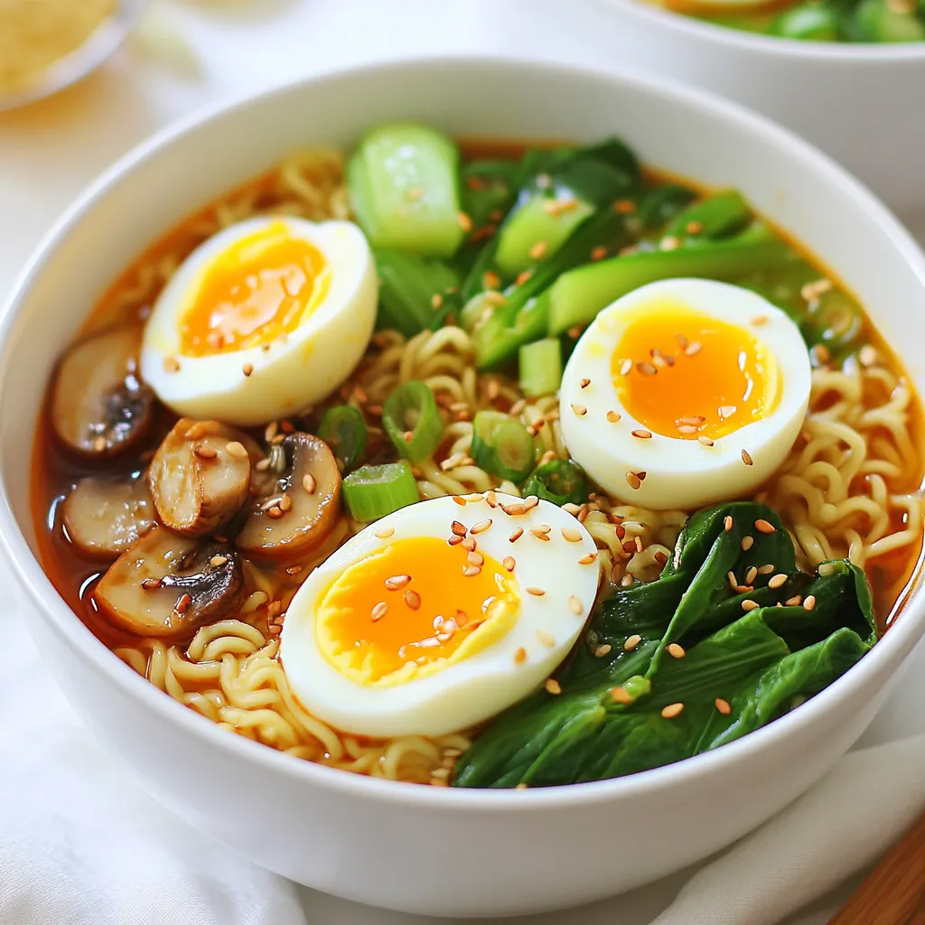 - 2 packs of instant ramen noodles (discard the seasoning packets) - 4 cups vegetable broth - 4 cloves garlic, minced - 1 tablespoon ginger, grated - 2 tablespoons soy sauce - 1 tablespoon chili paste (adjust for spiciness) - 1 tablespoon sesame oil - 1 cup mushrooms, sliced (shiitake or button) - 1 cup bok choy, chopped - 2 green onions, sliced - 2 soft-boiled eggs (optional for topping) - Sesame seeds for garnish - Salt and black pepper to taste You can add a lot of fun extras to your ramen. Try adding: - Sliced carrots for crunch - Baby corn for sweetness - Spinach for greens - Tofu for protein - Seaweed for umami flavor These choices let you change the taste and texture. Feel free to mix and match! This spicy garlic ramen is not only tasty but also good for you! Here are some health perks: - Garlic: Boosts your immune system and may lower blood pressure. - Ginger: Aids digestion and can reduce nausea. - Mushrooms: Provide vitamins and minerals, plus they are low in calories. - Bok Choy: Packed with vitamins A, C, and K, good for your bones. - Chili Paste: May help boost metabolism and add flavor without extra calories. Each ingredient brings its own health benefits, making this dish both hearty and nourishing. {{ingredient_image_1}} First, gather your ingredients. You need: - 2 packs of instant ramen noodles (discard the seasoning packets) - 4 cups vegetable broth - 4 cloves garlic, minced - 1 tablespoon ginger, grated - 2 tablespoons soy sauce - 1 tablespoon chili paste (adjust for spiciness) - 1 tablespoon sesame oil - 1 cup mushrooms, sliced (shiitake or button) - 1 cup bok choy, chopped - 2 green onions, sliced - 2 soft-boiled eggs (optional for topping) - Sesame seeds for garnish - Salt and black pepper to taste Next, prep your veggies. Mince the garlic, grate the ginger, and slice the mushrooms. Chop the bok choy and green onions. This makes cooking easier. In a large pot, heat the sesame oil over medium heat. Add the minced garlic and grated ginger. Sauté for about 1 minute until fragrant, but don't let them brown. This step builds flavor. Now, add the sliced mushrooms to the pot. Cook for another 3-4 minutes until they soften. Then, pour in the vegetable broth. Bring this mixture to a gentle simmer. Stir in the soy sauce and chili paste. Adjust the chili paste based on your spice level. Once the broth simmers, add the ramen noodles. Cook them according to package instructions, usually 3-4 minutes. In the last minute of cooking, toss in the chopped bok choy. It will wilt nicely in the broth. Taste the broth and season with salt and black pepper as needed. Serve the ramen hot in bowls. Top each bowl with a soft-boiled egg, sliced green onions, and a sprinkle of sesame seeds. For a nice look, use deep ramen bowls. Add extra green onion and sesame seeds for color. Enjoy your spicy garlic ramen! To make the broth really shine, focus on the base. Start with good vegetable broth. Look for low-sodium options if you want to control salt. Sauté garlic and ginger until fragrant. This step adds a lot of flavor. Use fresh mushrooms for a rich taste. Shiitake or button mushrooms work well. Don't forget to taste the broth. Adjust with soy sauce, salt, and pepper as needed. You can control the heat in your ramen. Start with one tablespoon of chili paste. If you like more spice, add more to taste. Remember, you can always add more heat, but you can’t take it away. Consider adding sliced fresh chili peppers for extra kick. This way, each bowl can match your taste. Soft-boiled eggs add creaminess to your ramen. Start by boiling the eggs for six to seven minutes. After that, place them in ice water to stop cooking. Once cool, peel them gently. Cut the eggs in half just before serving. The runny yolk will blend perfectly with the broth. This adds a great touch to your dish. Pro Tips Adjust the Spice Level: If you prefer a milder dish, start with a smaller amount of chili paste and gradually increase it to suit your taste. Perfect Soft-Boiled Eggs: For the best soft-boiled eggs, cook them for exactly 6-7 minutes, then plunge them into ice water to stop the cooking process. Enhance umami with Toppings: Consider adding additional toppings like nori, bamboo shoots, or tofu for an extra layer of flavor and texture. Garnish for Presentation: Use fresh herbs like cilantro or a squeeze of lime juice just before serving to brighten up the dish visually and flavor-wise. {{image_2}} You can easily make Spicy Garlic Ramen vegetarian or vegan. Use vegetable broth as the base. For a vegan twist, skip the soft-boiled eggs. You can add firm tofu instead. Just cut the tofu into cubes and sauté it with the garlic and ginger. This adds protein and texture. If you love protein, there are many choices. For a heartier meal, add cooked chicken. Slice it thin and mix it into the broth. You can also use shrimp for a seafood option. Just cook them until pink and tender. Tofu is a great choice for both vegetarians and meat lovers. It absorbs flavors well. Change up the flavor by adding miso paste. Stir a spoonful into the broth for a rich taste. For a tropical flair, use coconut milk instead of some broth. This makes the ramen creamy and sweet. Experiment with spices like curry or turmeric for unique flavors. Each option gives you a new experience. To store your spicy garlic ramen, first let it cool. Place the leftovers in an airtight container. Make sure to keep the broth and noodles together for best flavor. You can store them in the fridge for up to three days. If you only have broth left, store it separately. When you are ready to eat, take the ramen out of the fridge. Pour the ramen into a pot and add a splash of water if the broth is thick. Heat it over medium heat. Stir it gently until hot, which should take about five minutes. If you have soft-boiled eggs, add them just before serving. If you want to freeze your ramen, it’s a bit different. Only freeze the broth and veggies, not the noodles. Noodles can become mushy when thawed. Store the broth in a freezer-safe container for up to three months. To use, thaw it overnight in the fridge. Reheat following the instructions above. Add fresh noodles when you reheat the broth. You can use chicken broth or beef broth as a substitute. Both will add rich flavor. If you want a lighter option, try water with soy sauce. This mix gives a nice taste without broth. To make this ramen gluten-free, choose gluten-free ramen noodles. Many brands offer great options. Also, use tamari instead of soy sauce. Tamari tastes similar but has no gluten. Yes, you can use fresh noodles. They will cook faster than instant ramen. Add them to the broth for only 2-3 minutes. This keeps them tender and tasty. Just make sure to adjust the cooking time! This post covered essential ingredients and their health benefits. You learned how to prepare and cook ramen, along with helpful tips for flavor and texture. I shared variations to match your taste, including vegetarian options and protein choices. Proper storage and reheating advice ensures you enjoy every bowl. Ramen is not just a meal; it’s an experience that you can enjoy and customize. Try different ingredients and techniques to make it your own. Enjoy your cooking journey!