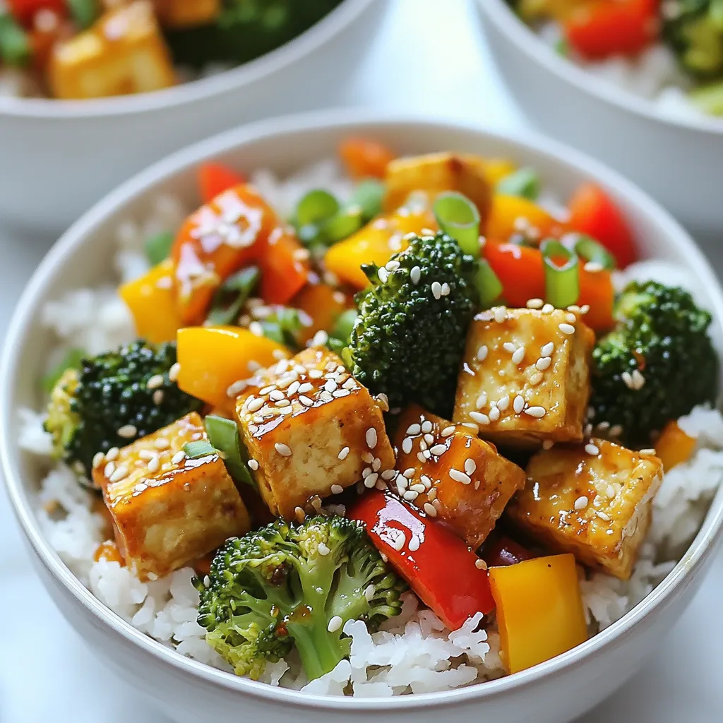 - 1 block (14 oz) firm tofu, pressed and cubed - 2 tablespoons cornstarch - 1 red bell pepper, sliced - 1 yellow bell pepper, sliced - 1 cup broccoli florets - 1/4 cup sweet chili sauce - 2 tablespoons soy sauce (low sodium) - 1 tablespoon sesame oil - Salt and pepper to taste - 2 green onions, chopped (for garnish) - Sesame seeds (for garnish) Gather these ingredients to make your sweet chili tofu stir fry. Each item plays a key role. The firm tofu gives this dish its protein base. Pressing it helps to remove excess water, which is key for crispiness. Cornstarch coats the tofu. It helps achieve that golden, crunchy texture when cooked. Fresh vegetables, like bell peppers and broccoli, add color, flavor, and nutrition. For the sauce, sweet chili sauce brings a nice blend of sweet and spicy. Low sodium soy sauce adds umami depth without being too salty. Lastly, sesame oil adds a nutty finish, making the dish shine. Do not forget the seasonings! Salt and pepper enhance the flavors. Green onions and sesame seeds are perfect for garnishing, adding freshness and crunch. Enjoy the vibrant mix of flavors and textures in this quick and flavorful meal! {{ingredient_image_1}} Start by pressing the tofu. This removes extra water, making it firmer. Slice the tofu into 1-inch cubes. Use paper towels to pat it dry. This step helps it get crispy. In a bowl, toss the tofu cubes with cornstarch. The cornstarch will give the tofu a nice crunch when cooked. Heat 1 tablespoon of vegetable oil in a large skillet or wok. Set the heat to medium-high. Add the tofu cubes into the hot oil. Cook the tofu for about 6 to 8 minutes. You want it golden and crispy on all sides. Once done, remove the tofu and set it aside. In the same skillet, add another tablespoon of vegetable oil. Next, toss in the minced garlic and grated ginger. Stir this for about 30 seconds. You want it fragrant but not burnt. Now, add the sliced bell peppers and broccoli florets. Cook these veggies for about 5 minutes. They should be tender-crisp when done. Reduce the heat to medium. Return the crispy tofu to the skillet. Pour in the sweet chili sauce and soy sauce. Gently toss everything to coat well. Cook for an additional 2 to 3 minutes. This lets the sauce thicken and the flavors blend. Finally, drizzle sesame oil over the stir fry. Season with salt and pepper to taste. Toss again to mix well. Enjoy your sweet chili tofu stir fry hot! Pressing tofu is key. It helps remove extra water. This makes the tofu firm and helps it fry better. To press tofu, wrap it in a clean towel. Place a heavy pan on top for about 15 minutes. This removes a lot of water. For a crispy exterior, coat the tofu cubes in cornstarch. This creates a nice crunch. Make sure the cubes are dry before coating. Fry the tofu in hot oil. Let it cook without moving for a few minutes. This helps it brown nicely. Use a large skillet or wok for stir frying. A non-stick surface works well. You want even heat and space for the food. High heat is best for stir frying. It cooks food quickly and keeps it crisp. When you heat the pan, add oil first. Let the oil get hot before adding the tofu. This helps achieve a nice sear. Don’t overcrowd the pan; cook in batches if needed. To boost flavor, add spices like black pepper or chili flakes. These add a nice kick to the dish. You can also add garlic and ginger for extra warmth. Pair the stir fry with jasmine rice or quinoa. Both complement the sweet chili sauce well. You can also serve it with a fresh salad for a crunchy contrast. Pro Tips Press Tofu Properly: Ensure you press the tofu for at least 15-20 minutes to remove excess moisture, which helps achieve a crispy texture when cooked. Use Fresh Ingredients: Fresh garlic and ginger enhance the flavor of the dish significantly, so opt for fresh over pre-minced options whenever possible. Customize Vegetables: Feel free to swap in your favorite vegetables or whatever you have on hand, such as snap peas or carrots, for variety and color. Adjust Sauce to Taste: Start with less sweet chili sauce and soy sauce, then gradually add more to suit your taste preference for sweetness and saltiness. {{image_2}} You can switch up the veggies in your stir fry. Try adding sliced carrots or snap peas. They bring color and crunch. You can also use seasonal produce. When peppers or broccoli are out of season, look for what's fresh. Zucchini or bok choy can add a nice twist too. If you want to change the protein, tempeh works great. It’s nutty and hearty. You can also use chicken if you prefer meat. This way, you can still enjoy a tasty dish. For a vegan option, stick with tofu or tempeh. Both are packed with protein. You can change the sweetness of the sauce. If you like it sweeter, add more sweet chili sauce. To spice it up, add chili flakes or sriracha. This will give your stir fry a nice kick. Play around with the sauce to find your perfect flavor! To store leftovers, let the sweet chili tofu stir fry cool down first. Place it in an airtight container. This keeps the flavors fresh. Store it in the fridge for up to three days. When reheating, use a skillet over low heat. This helps maintain texture and flavor. Stir often to heat evenly. You can also use a microwave. Heat it in short bursts and stir in between. This keeps your meal from getting soggy. Yes, you can freeze sweet chili tofu stir fry. Make sure it cools completely before freezing. Use a freezer-safe container or bag. It can last up to three months in the freezer. To safely thaw, move it to the fridge overnight. When ready to eat, reheat it in a skillet. Add a splash of water or oil if needed. This helps the stir fry regain its moisture. Remember, freezing may change the texture of the tofu slightly, but it still tastes great! To make tofu crispy in stir fry, press the tofu first. Remove excess water by placing a heavy object on it for about 15 minutes. Then, cube the tofu. Toss it with cornstarch to coat each piece. This coating helps create a crunchy texture. Heat oil in a pan until hot, then fry the tofu for 6-8 minutes. Cook it until golden brown on all sides. This method ensures a tasty, crispy tofu base for your stir fry. Yes, you can use frozen vegetables for stir fry. They are quick and easy to use. Just add them straight from the freezer into your hot pan. They may need a minute longer to cook than fresh ones. Keep in mind that frozen veggies may release more water. This can slightly change the texture of your dish. Adjust your cooking time to ensure they are tender-crisp. Sweet chili tofu stir fry pairs well with many sides. Serve it over fluffy jasmine rice or quinoa for a filling meal. You can also add a simple salad or steamed greens for extra veggies. Try serving it with crispy spring rolls for a fun touch. These sides complement the sweet and spicy flavors in the stir fry. Cooking tofu in a stir fry takes about 10-12 minutes total. First, you fry the tofu for 6-8 minutes until it is crispy. After that, you mix it with vegetables and sauces for another 2-3 minutes. This quick method keeps your dish fresh and flavorful. It’s a fast way to enjoy a healthy meal! This blog post showed you how to create a tasty sweet chili tofu stir fry. We covered key ingredients, step-by-step cooking, and tips for perfect texture. You can easily customize this dish with different vegetables and proteins. Finally, I shared storage tips so your leftovers stay fresh. Enjoy the flavors and make this recipe your own! Cooking can be fun and rewarding, so don’t hesitate to experiment!