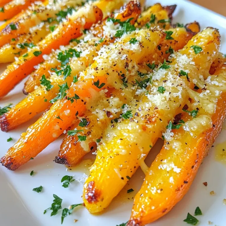 To make Garlic Parmesan Roasted Carrots, you will need: - 1 pound baby carrots, peeled - 3 tablespoons olive oil - 4 cloves garlic, minced - 1/2 cup grated Parmesan cheese - 1 teaspoon dried thyme - 1 teaspoon salt - 1/2 teaspoon black pepper - Fresh parsley, chopped (for garnish) Using baby carrots gives this dish a sweet flavor and tender texture. If you can’t find baby carrots, you can cut regular carrots into sticks. Fresh garlic is key to achieving great taste. Use high-quality olive oil for the best results. Grated Parmesan adds a nutty flavor, so don't skip it! If you want to change things up, here are some easy swaps: - Olive oil can be replaced with melted butter for a richer taste. - You can use any hard cheese instead of Parmesan, like Pecorino Romano. - If you want a lighter option, try using less cheese or skip it entirely. - For a gluten-free version, ensure all ingredients are certified gluten-free. {{ingredient_image_1}} First, gather your ingredients. You need: - 1 pound baby carrots, peeled - 3 tablespoons olive oil - 4 cloves garlic, minced - 1/2 cup grated Parmesan cheese - 1 teaspoon dried thyme - 1 teaspoon salt - 1/2 teaspoon black pepper - Fresh parsley, chopped (for garnish) Next, preheat your oven to 425°F (220°C). This step is key for nice roasting. In a large bowl, mix the baby carrots with olive oil, minced garlic, dried thyme, salt, and black pepper. Toss them well. This helps each carrot get flavor. Spread the carrots out on a baking sheet. Make sure they’re in a single layer. This helps them roast evenly. Place the baking sheet in the oven and roast for 20 minutes. The heat will make the carrots tender. After 20 minutes, take the baking sheet out. Sprinkle the grated Parmesan cheese over the carrots. It adds a creamy texture and great taste. Return the baking sheet to the oven for another 10 to 15 minutes. You want the cheese to melt and turn golden brown. To get perfect roasted carrots, use fresh baby carrots. They cook faster and taste sweeter. Make sure they are cut to a similar size for even cooking. Toss the carrots well in the oil and seasonings. This ensures every bite is tasty. Keep an eye on them as they roast. You want them soft but not mushy. Enjoy your Garlic Parmesan Roasted Carrots! Roasting vegetables brings out their natural sweetness. Start with fresh, firm carrots. Choose baby carrots for a tender bite. If using regular carrots, cut them into similar sizes. This ensures even cooking. Always coat them in oil for better flavor. Use a high heat, around 425°F (220°C), for perfect roasting. Give them space on the baking sheet. Crowded veggies steam instead of roast. Garlic and Parmesan are a great team. You can add more herbs for depth. Try rosemary or oregano to mix it up. For a spicy kick, add a pinch of red pepper flakes. A squeeze of lemon juice brightens the flavors too. Consider tossing the carrots with balsamic vinegar before roasting. This adds a sweet tang that complements the cheese. One mistake is not preheating the oven. This can lead to uneven cooking. Another pitfall is overcooking the carrots. Check for tenderness after 20 minutes. If you add the cheese too soon, it may burn. Always wait until the end of cooking to add it. Finally, don’t skip the garnish! Fresh parsley adds a pop of color and flavor. Pro Tips Use Fresh Garlic: Freshly minced garlic will give your roasted carrots a more robust flavor compared to pre-minced or jarred garlic. Don’t Overcrowd the Pan: Spread the carrots out in a single layer to ensure they roast evenly and develop a nice caramelization. Choose the Right Cheese: For an extra depth of flavor, try mixing different hard cheeses like Pecorino Romano with the Parmesan. Add a Splash of Lemon: A squeeze of fresh lemon juice right before serving can brighten the flavors and balance the richness of the cheese. {{image_2}} You can switch up the cheese for different tastes. Try using feta for a tangy kick. Goat cheese adds creaminess and a unique flavor. For a sharper taste, use aged cheddar. Each cheese gives your carrots a new twist. Mixing in other veggies can make this dish even better. Consider adding bell peppers for sweetness. Zucchini brings a nice texture. Or, try red onions for a bit of bite. Just cut them into similar sizes to the carrots for even cooking. Changing spices can change the whole dish. For a kick, add red pepper flakes. A pinch of cumin adds warmth and depth. If you love herbs, try oregano or rosemary. You can create endless flavor profiles with just a few spice swaps. After enjoying your Garlic Parmesan Roasted Carrots, let them cool down. Place the leftovers in an airtight container. Make sure to store them in the fridge. They will stay fresh for up to three days. If they start to smell or look strange, it's best to toss them. To reheat your roasted carrots, use the oven for the best results. Preheat your oven to 350°F (175°C). Place the carrots on a baking sheet. Heat them for about 10 minutes or until warm. You can also use a microwave. Just put them in a bowl and cover with a lid. Heat for 1-2 minutes. Stir halfway through to warm evenly. Freezing is an option, but it may change the texture. If you want to freeze them, let the carrots cool completely. Use a freezer-safe bag or container. Squeeze out as much air as possible. They can last up to three months in the freezer. When ready to eat, thaw them in the fridge overnight. Reheat in the oven for the best taste. To make this dish vegan, you can swap the Parmesan cheese. Use nutritional yeast instead. It gives a cheesy flavor without dairy. You can also try vegan cheese shreds. Just make sure they melt well. Yes, you can use regular carrots. Just cut them into similar-sized pieces. This helps them roast evenly. You may need to adjust the cooking time, as larger pieces take longer to cook. These carrots go well with many dishes. Try them with grilled chicken or fish. They also pair great with pasta or a hearty grain salad. For a full meal, serve them alongside roasted meats. Check the carrots after 30-35 minutes total. They should be tender and golden brown. You can pierce them with a fork to test for tenderness. The cheese should be melted and slightly crispy. You've learned how to make Garlic Parmesan Roasted Carrots from start to finish. We covered ingredients, prep, and cooking steps. I shared tips for perfect roasting and fun variations. You also found out how to store leftovers and answered common questions. Roasting carrots can be a simple yet tasty dish. Enjoy making this recipe and feel free to adapt it to your tastes. Happy cooking!