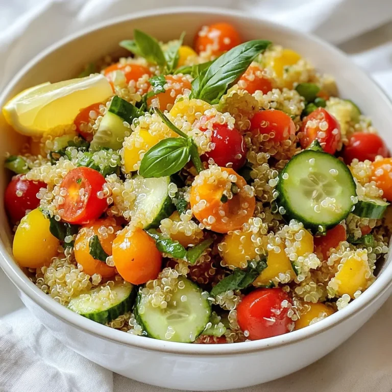 - 1 cup quinoa, rinsed - 2 cups water or vegetable broth - 1 cup cherry tomatoes, halved - 1 cucumber, diced - 1 bell pepper (red or yellow), diced - 1/4 red onion, finely chopped - 1/2 cup fresh basil leaves, chopped - 2 tablespoons olive oil - 3 tablespoons lemon juice - Salt and pepper to taste - Zest of 1 lemon To make a tasty Lemon Basil Quinoa Salad, you need fresh and bright ingredients. Quinoa serves as the base. It brings a nutty flavor and fluffy texture. Rinse it well to remove any bitterness. Cook it in water or vegetable broth for added flavor. Next, gather your fresh vegetables. Cherry tomatoes add sweetness, while cucumber gives a nice crunch. Bell peppers bring color and sweetness. Red onion adds a sharp bite. The mix of these vegetables makes the salad vibrant and appealing. Fresh basil and lemon are vital. They add a bright and zesty touch. The olive oil and lemon juice blend together to form a simple dressing. Salt and pepper enhance all the flavors. Don't forget the lemon zest for that extra punch! - Feta cheese - Avocado - Nuts or seeds for added crunch You can customize your salad with optional add-ins. Feta cheese adds creaminess and a salty taste. Avocado offers richness and healthy fats. Nuts or seeds provide a delightful crunch. These add-ins bring new textures and flavors to the dish. - Approximately 200 calories per serving - Protein: 6g, Fat: 8g, Carbs: 30g This salad is not only tasty but also nutritious. Each serving has about 200 calories. It contains protein for muscle health and healthy fats for energy. The carbohydrates come from quinoa and veggies, giving you a steady source of energy. Key ingredients like quinoa and vegetables offer many health benefits. Quinoa is a complete protein, meaning it has all the essential amino acids. Fresh vegetables provide vitamins and minerals to support your health. Basil is known for its anti-inflammatory properties, making this salad a smart choice! {{ingredient_image_1}} First, rinse the quinoa under cold water. This helps remove any bitter taste. Next, add the rinsed quinoa to a medium saucepan. Pour in two cups of water or vegetable broth. Bring it to a boil over medium-high heat. Once it boils, reduce the heat to low. Cover the pan and let it simmer for about 15 minutes. The quinoa should absorb all the water. After cooking, let it sit covered for five minutes. This step helps the quinoa become fluffy. Use a fork to fluff it gently before cooling. To get perfect quinoa texture, remember these tips: - Rinse well to remove bitterness. - Use a 1:2 ratio of quinoa to water. - Let it rest after cooking for fluffiness. While the quinoa cooks, it’s time to chop the veggies. Start with the cherry tomatoes. Slice them in half. Next, dice the cucumber and bell pepper into small pieces. For the red onion, chop finely. Proper chopping makes the salad look nice and helps flavors blend well. Fresh ingredients are key to a great taste. Look for bright colors and firm textures. Once your quinoa has cooled, it’s time to mix everything. In a large bowl, combine the chopped veggies with the cooled quinoa. In a small bowl, whisk together olive oil, lemon juice, lemon zest, salt, and pepper. Pour this dressing over the quinoa and veggies. Toss gently to combine. Add the chopped basil last. This keeps its bright flavor. Mixing it in too early can wilt the leaves. Serve right away for the best taste and freshness. Enjoy your Lemon Basil Quinoa Salad! To make your Lemon Basil Quinoa Salad stand out, try adding different herbs or spices. Fresh dill or parsley can add a new twist. You might enjoy a pinch of garlic powder or a dash of cayenne for heat. Experiment and find what you love! You can also switch up your dressing. If you want a creamier feel, try a yogurt-based dressing. A balsamic vinaigrette adds a sweet touch. Each dressing brings a unique flavor to the salad, so feel free to explore. Prepping ingredients in advance can save you time. You can cook the quinoa a day before and store it in the fridge. Chop the vegetables the night before too. Just keep them in a sealed container. This way, they stay fresh and crunchy. If you prepare the salad, aim to eat it within two days. The flavors meld well when made ahead. Just add the basil right before serving to keep it fresh and bright. This salad pairs perfectly with grilled chicken or fish. The bright flavors complement the protein well. Serve it alongside a crusty bread for a complete meal. For a stunning presentation, try serving in individual cups. This adds a touch of elegance to your table. Garnish each cup with extra basil leaves and a lemon wedge. It looks beautiful and invites your guests to dig in! Pro Tips Use Fresh Ingredients: For the best flavor, always opt for fresh vegetables and herbs. They elevate the taste of your salad significantly. Chill Before Serving: Allow the salad to chill in the refrigerator for at least 30 minutes before serving. This helps the flavors meld together beautifully. Customize Your Veggies: Feel free to add or substitute other vegetables like avocado, spinach, or radishes to suit your taste and preference. Make it a Meal: To turn this salad into a complete meal, add grilled chicken, chickpeas, or feta cheese for added protein and richness. {{image_2}} You can make this salad even better with some healthy additions. - Incorporating More Greens: Adding spinach or kale boosts nutrients. These greens add fiber and vitamins. They also give a nice crunch and color. - Adding Protein Options: Want to make it heartier? Try adding chickpeas or grilled chicken. Chickpeas are great for a vegan option. They add protein and keep you full. Grilled chicken gives a nice flavor and texture. Change up the salad with seasonal vegetables. - Using Seasonal Vegetables: In summer, add fresh corn or zucchini. These veggies add sweetness and crunch. In winter, use roasted squash or beets. They add warmth and a rich flavor. - Adjusting for Summer versus Winter Salads: For summer, keep it light and fresh. For winter, consider warm ingredients. This keeps the salad appealing all year. Make this salad fit any diet easily. - Gluten-free Options: Quinoa is naturally gluten-free. This makes it perfect for those with gluten issues. - Vegan and Vegetarian-friendly Enhancements: Use vegetable broth for cooking quinoa. Swap the olive oil for a vegan dressing. This keeps it tasty and friendly for all diets. Feel free to mix and match these ideas to suit your taste and needs! Store your Lemon Basil Quinoa Salad in an airtight container. This helps keep the salad fresh. Keep the dressing separate until you serve. This way, the quinoa and veggies stay crisp. In the fridge, the salad lasts for about three days. After that, check for signs of spoilage. Look for any off smells, changes in color, or slimy textures. If you find these signs, it is best to toss it. You can freeze quinoa, but it is not ideal for the salad. Freezing changes the texture of fresh veggies. If you want to freeze quinoa, cook it, cool it, and store it in a freezer bag. For best taste, use within three months. When ready to use, thaw it overnight in the fridge. To make this salad vegan, simply swap out any non-vegan items. If you want to add cheese, skip the feta or use a vegan cheese. The rest of the ingredients are already plant-based. For added protein, consider tossing in chickpeas or black beans. These options will keep it hearty and filling. Yes, you can use other grains! Rice or farro are great alternatives. They offer different textures and flavors. Brown rice gives a nutty taste, while farro adds a chewy bite. Just make sure to cook them according to their package instructions. This way, they will fit perfectly with your fresh veggies. I recommend serving this salad cold or at room temperature. It tastes best when the flavors meld together. You can serve it in a large bowl for sharing or in cups for individual servings. Garnish with extra basil leaves and a lemon wedge to make it look pretty. This adds a nice touch to your table! In this blog post, we explored how to make a Lemon Basil Quinoa Salad. We discussed the main ingredients like quinoa, fresh veggies, and olive oil. You learned about optional add-ins, nutritional benefits, and how to prepare each element. We also covered tips for dressings and presentation. Finally, we touched on serving suggestions, variations, and storage tips. This salad is not just healthy; it is also simple and versatile. Experiment with fresh ingredients to find your favorite mix! Enjoy making this dish and share it with friends!