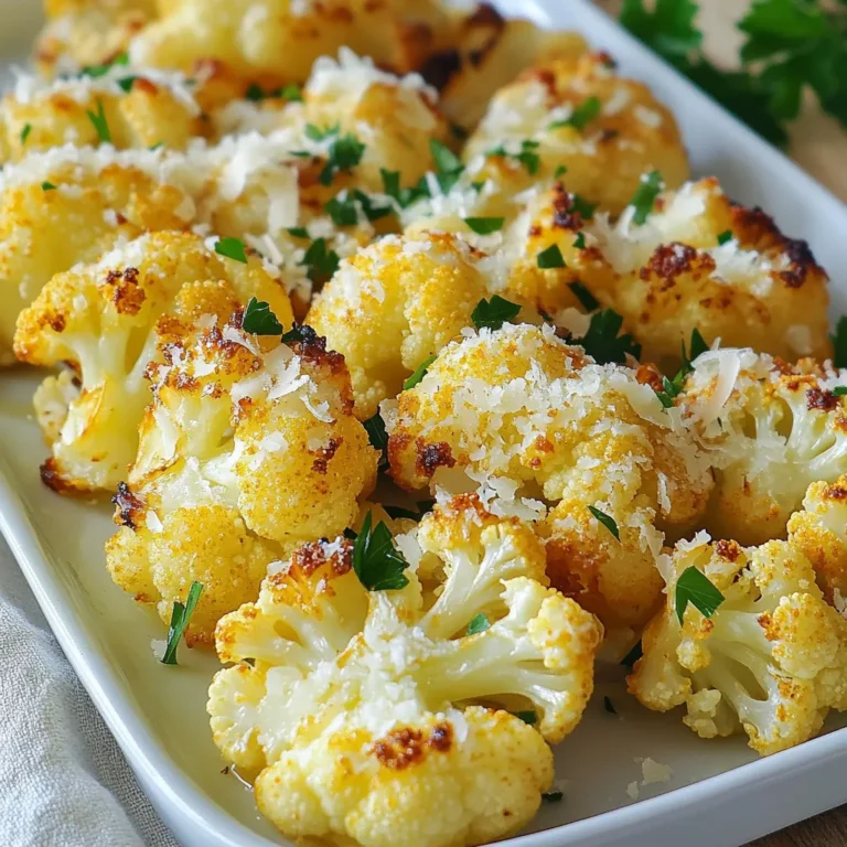 To make Roasted Garlic Parmesan Cauliflower, you need just a few key items: - 1 large head of cauliflower, cut into florets - 1/4 cup olive oil - 6 cloves garlic, minced - 1/2 cup grated Parmesan cheese - 1 teaspoon salt - 1/2 teaspoon black pepper - 1/2 teaspoon paprika - 1 tablespoon fresh parsley, chopped (for garnish) These ingredients come together to create a dish that is rich in flavor and texture. You can add a bit of flair to your dish with these optional ingredients: - Lemon juice for brightness - Red pepper flakes for heat - Fresh herbs like thyme or rosemary for extra flavor Feel free to adjust these additions based on your taste preference. They can enhance your dish's flavor profile. For this recipe, you will need: - A large mixing bowl for combining ingredients - A baking sheet for roasting the cauliflower - A sharp knife for cutting the cauliflower - A spatula for tossing and serving These tools will help you make the cooking process simple and enjoyable. Enjoy the ease of preparation and the fun of creating a tasty side dish! {{ingredient_image_1}} Start by washing the large head of cauliflower. Cut it into small florets. This helps the cauliflower cook evenly. In a big bowl, mix the florets with 1/4 cup of olive oil. Add 6 cloves of minced garlic, 1 teaspoon of salt, 1/2 teaspoon of black pepper, and 1/2 teaspoon of paprika. Toss everything well. Make sure each floret is covered with the mix. This step adds flavor to every bite. Now, preheat your oven to 425°F (220°C). Spread the cauliflower on a baking sheet in one layer. Place it in the oven. Roast for about 25 to 30 minutes. Flip the florets halfway through. This helps them cook evenly and get golden brown. The smell will be amazing as they cook! After roasting, take the baking sheet out of the oven. Sprinkle 1/2 cup of grated Parmesan cheese over the hot cauliflower. This cheese melts perfectly and adds creaminess. Put the baking sheet back in the oven for another 5 minutes. When the cheese is melted and bubbly, it’s ready to serve. For a fresh touch, sprinkle some chopped parsley on top before serving. Enjoy your tasty dish! To get crispy cauliflower, follow these steps. First, cut your cauliflower into even florets. This helps them cook evenly. Coat them well in olive oil. Oil helps the florets crisp up nicely. Spread them in a single layer on the baking sheet. Avoid crowding the florets. Flip them halfway through roasting. This ensures all sides become golden and crunchy. Roasting garlic adds rich flavor. Use fresh garlic cloves for the best taste. Mince six cloves for this recipe. Mix the minced garlic with the cauliflower before roasting. This way, the garlic cooks and softens. It will lose its sharp taste and turn sweet. If you love garlic, try roasting extra cloves. Roasted garlic can also be spread on bread or added to other dishes. To melt Parmesan perfectly, sprinkle it on hot cauliflower. After the first roast, take the cauliflower out. Quickly add the grated cheese and return it to the oven. The heat will melt the cheese without burning it. Keep an eye on it for about five minutes. You want the cheese to be bubbly and slightly golden. This creates a delicious layer on top of your crispy cauliflower. Pro Tips Choose Fresh Cauliflower: Selecting a fresh head of cauliflower will ensure a better taste and texture. Look for firm florets without brown spots for the best results. Olive Oil Alternatives: If you want to experiment with flavors, try using flavored oils like garlic-infused or herb-infused olive oil for added depth in taste. Adjust Cheese to Taste: Feel free to swap out Parmesan for other cheeses like Pecorino Romano for a different flavor profile, or mix a few types for a gourmet touch. Perfect Roasting: To achieve perfectly roasted cauliflower, ensure the florets are spread out in a single layer on the baking sheet, allowing for even cooking and browning. {{image_2}} You can change the flavor of roasted garlic Parmesan cauliflower with simple spices. Try adding cumin for warmth. A sprinkle of chili powder brings heat. If you like a tangy twist, add lemon zest or sumac. For an herby taste, mix in dried thyme or oregano. Each spice gives the dish a new life. This recipe is easy to adapt for different diets. For a vegetarian option, keep the Parmesan cheese. For a vegan twist, replace Parmesan with nutritional yeast. It provides a cheesy flavor without dairy. You can also use vegan cheese to melt over the cauliflower. Both options keep the dish delicious and satisfying. Roasted garlic Parmesan cauliflower pairs well with many meals. Serve it as a side dish with grilled chicken or fish. It complements a hearty pasta dish too. Try it with a fresh salad for a light meal. You can even enjoy it on its own as a tasty snack. Each pairing enhances its savory flavor. After enjoying your roasted garlic Parmesan cauliflower, let it cool down. Place the leftovers in an airtight container. Store it in the fridge for up to three days. This keeps the flavor fresh and the texture good. To reheat, use your oven for the best taste. Preheat it to 350°F (175°C). Spread the cauliflower on a baking sheet. Heat for about 10-15 minutes. This will make it warm and slightly crispy again. You can also use a microwave, but it may lose some crispiness. If you want to save it longer, freezing works well. Place cooled cauliflower in a freezer-safe bag. Make sure to remove as much air as possible. It can last up to three months in the freezer. When you’re ready to eat, thaw it in the fridge overnight. Then, reheat it in the oven for the best results. Yes, you can use frozen cauliflower. Just be sure to thaw it first. Drain any water from the thawed cauliflower. This helps to keep it from getting mushy. You might need to roast it a bit longer to get that great texture. If you don’t have Parmesan, try Pecorino Romano. It has a strong flavor too. Nutritional yeast works for a vegan option. It gives a cheesy taste without dairy. You can also use any hard cheese you like, such as Grana Padano. This recipe is already gluten-free! The ingredients do not contain gluten. Just double-check your Parmesan cheese to ensure it is gluten-free. This way, you can enjoy your dish worry-free. This blog post shared key ingredients, tools, and steps for making roasted cauliflower. You learned how to prep, roast, and add cheese for flavor. Tips helped you create crispy bites and melt cheese perfectly. Variations offered ideas for spice, vegan options, and serving ideas. Lastly, storing and reheating leftovers ensures you enjoy every bite. Experiment with these tips in your kitchen. You'll make delicious meals that impress!