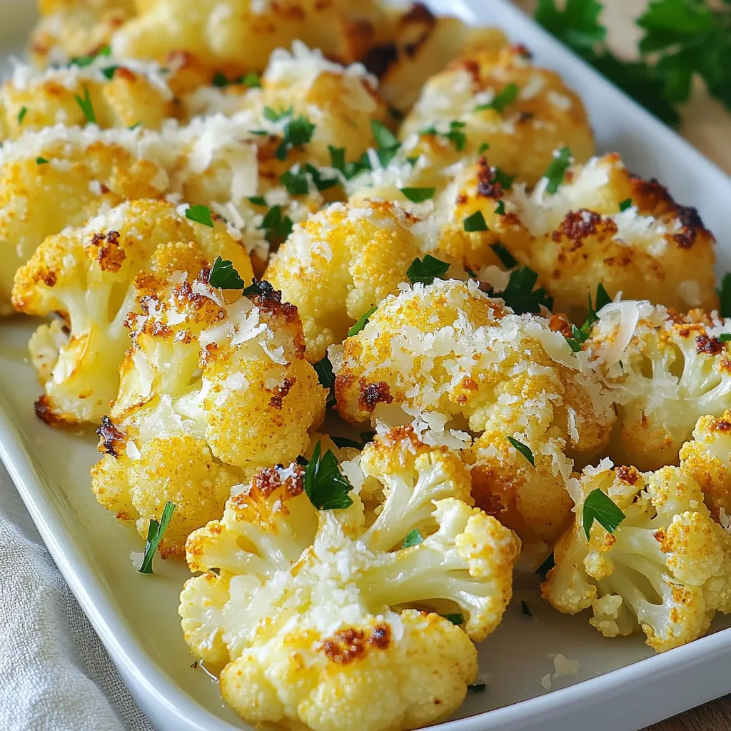 To make Roasted Garlic Parmesan Cauliflower, you need just a few key items: - 1 large head of cauliflower, cut into florets - 1/4 cup olive oil - 6 cloves garlic, minced - 1/2 cup grated Parmesan cheese - 1 teaspoon salt - 1/2 teaspoon black pepper - 1/2 teaspoon paprika - 1 tablespoon fresh parsley, chopped (for garnish) These ingredients come together to create a dish that is rich in flavor and texture. You can add a bit of flair to your dish with these optional ingredients: - Lemon juice for brightness - Red pepper flakes for heat - Fresh herbs like thyme or rosemary for extra flavor Feel free to adjust these additions based on your taste preference. They can enhance your dish's flavor profile. For this recipe, you will need: - A large mixing bowl for combining ingredients - A baking sheet for roasting the cauliflower - A sharp knife for cutting the cauliflower - A spatula for tossing and serving These tools will help you make the cooking process simple and enjoyable. Enjoy the ease of preparation and the fun of creating a tasty side dish! {{ingredient_image_1}} Start by washing the large head of cauliflower. Cut it into small florets. This helps the cauliflower cook evenly. In a big bowl, mix the florets with 1/4 cup of olive oil. Add 6 cloves of minced garlic, 1 teaspoon of salt, 1/2 teaspoon of black pepper, and 1/2 teaspoon of paprika. Toss everything well. Make sure each floret is covered with the mix. This step adds flavor to every bite. Now, preheat your oven to 425°F (220°C). Spread the cauliflower on a baking sheet in one layer. Place it in the oven. Roast for about 25 to 30 minutes. Flip the florets halfway through. This helps them cook evenly and get golden brown. The smell will be amazing as they cook! After roasting, take the baking sheet out of the oven. Sprinkle 1/2 cup of grated Parmesan cheese over the hot cauliflower. This cheese melts perfectly and adds creaminess. Put the baking sheet back in the oven for another 5 minutes. When the cheese is melted and bubbly, it’s ready to serve. For a fresh touch, sprinkle some chopped parsley on top before serving. Enjoy your tasty dish! To get crispy cauliflower, follow these steps. First, cut your cauliflower into even florets. This helps them cook evenly. Coat them well in olive oil. Oil helps the florets crisp up nicely. Spread them in a single layer on the baking sheet. Avoid crowding the florets. Flip them halfway through roasting. This ensures all sides become golden and crunchy. Roasting garlic adds rich flavor. Use fresh garlic cloves for the best taste. Mince six cloves for this recipe. Mix the minced garlic with the cauliflower before roasting. This way, the garlic cooks and softens. It will lose its sharp taste and turn sweet. If you love garlic, try roasting extra cloves. Roasted garlic can also be spread on bread or added to other dishes. To melt Parmesan perfectly, sprinkle it on hot cauliflower. After the first roast, take the cauliflower out. Quickly add the grated cheese and return it to the oven. The heat will melt the cheese without burning it. Keep an eye on it for about five minutes. You want the cheese to be bubbly and slightly golden. This creates a delicious layer on top of your crispy cauliflower. Pro Tips Choose Fresh Cauliflower: Selecting a fresh head of cauliflower will ensure a better taste and texture. Look for firm florets without brown spots for the best results. Olive Oil Alternatives: If you want to experiment with flavors, try using flavored oils like garlic-infused or herb-infused olive oil for added depth in taste. Adjust Cheese to Taste: Feel free to swap out Parmesan for other cheeses like Pecorino Romano for a different flavor profile, or mix a few types for a gourmet touch. Perfect Roasting: To achieve perfectly roasted cauliflower, ensure the florets are spread out in a single layer on the baking sheet, allowing for even cooking and browning. {{image_2}} You can change the flavor of roasted garlic Parmesan cauliflower with simple spices. Try adding cumin for warmth. A sprinkle of chili powder brings heat. If you like a tangy twist, add lemon zest or sumac. For an herby taste, mix in dried thyme or oregano. Each spice gives the dish a new life. This recipe is easy to adapt for different diets. For a vegetarian option, keep the Parmesan cheese. For a vegan twist, replace Parmesan with nutritional yeast. It provides a cheesy flavor without dairy. You can also use vegan cheese to melt over the cauliflower. Both options keep the dish delicious and satisfying. Roasted garlic Parmesan cauliflower pairs well with many meals. Serve it as a side dish with grilled chicken or fish. It complements a hearty pasta dish too. Try it with a fresh salad for a light meal. You can even enjoy it on its own as a tasty snack. Each pairing enhances its savory flavor. After enjoying your roasted garlic Parmesan cauliflower, let it cool down. Place the leftovers in an airtight container. Store it in the fridge for up to three days. This keeps the flavor fresh and the texture good. To reheat, use your oven for the best taste. Preheat it to 350°F (175°C). Spread the cauliflower on a baking sheet. Heat for about 10-15 minutes. This will make it warm and slightly crispy again. You can also use a microwave, but it may lose some crispiness. If you want to save it longer, freezing works well. Place cooled cauliflower in a freezer-safe bag. Make sure to remove as much air as possible. It can last up to three months in the freezer. When you’re ready to eat, thaw it in the fridge overnight. Then, reheat it in the oven for the best results. Yes, you can use frozen cauliflower. Just be sure to thaw it first. Drain any water from the thawed cauliflower. This helps to keep it from getting mushy. You might need to roast it a bit longer to get that great texture. If you don’t have Parmesan, try Pecorino Romano. It has a strong flavor too. Nutritional yeast works for a vegan option. It gives a cheesy taste without dairy. You can also use any hard cheese you like, such as Grana Padano. This recipe is already gluten-free! The ingredients do not contain gluten. Just double-check your Parmesan cheese to ensure it is gluten-free. This way, you can enjoy your dish worry-free. This blog post shared key ingredients, tools, and steps for making roasted cauliflower. You learned how to prep, roast, and add cheese for flavor. Tips helped you create crispy bites and melt cheese perfectly. Variations offered ideas for spice, vegan options, and serving ideas. Lastly, storing and reheating leftovers ensures you enjoy every bite. Experiment with these tips in your kitchen. You'll make delicious meals that impress!