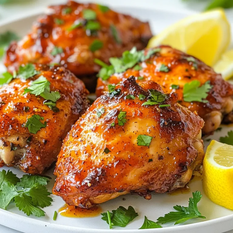 To make harissa chicken thighs, you will need a few simple items. Here’s the complete list: - 4 bone-in, skin-on chicken thighs - 3 tablespoons harissa paste - 2 tablespoons olive oil - 1 tablespoon honey - 2 cloves garlic, minced - Juice of 1 lemon - Salt and pepper to taste - Optional: fresh cilantro or parsley for garnish - Optional: lemon wedges for serving Each ingredient plays a key role in the flavor. The chicken thighs bring richness. The harissa paste adds spice and depth. Olive oil keeps the chicken moist. Honey balances the heat. Garlic gives a nice aroma. Lemon juice brightens the dish. Salt and pepper enhance all the flavors. Using fresh herbs and lemon wedges can elevate the meal. They add color and freshness when you serve. Enjoy experimenting with these ingredients to create your perfect harissa chicken thighs! {{ingredient_image_1}} To start, gather a large bowl. In this bowl, mix together the following ingredients for the marinade: - 3 tablespoons harissa paste - 2 tablespoons olive oil - 1 tablespoon honey - 2 cloves garlic, minced - Juice of 1 lemon - Salt and pepper to taste Stir these well until they form a smooth mixture. Next, add the chicken thighs to the bowl. Make sure to coat each thigh evenly with the marinade. Cover the bowl with plastic wrap and place it in the fridge. Let it marinate for at least 1 hour. If you have more time, marinate overnight for extra flavor. Now it's time to get your oven ready. Preheat it to 400°F (200°C). This step is key for a nice bake. While the oven heats, take out a large oven-safe skillet. Place it on the stove over medium-high heat. Once it's hot, carefully add the marinated chicken thighs, skin-side down. Sear them for about 5 to 7 minutes. You want the skin to be crispy and golden. After that, flip the thighs over. Once the chicken is flipped, transfer the skillet to your preheated oven. Bake the thighs for about 25 to 30 minutes. You’ll know they’re done when the internal temperature reaches 165°F (75°C) and the juices run clear. It’s very important to check for doneness to avoid undercooking. For the best taste, marinate the chicken thighs for at least one hour. I find overnight is even better. Fresh ingredients make a big difference. Use fresh garlic and lemons for bright flavors. Quality harissa paste can elevate your dish. To get crispy skin, sear the chicken skin-side down. Heat your skillet over medium-high heat first. Cook for about 5 to 7 minutes until golden brown. After searing, flip the thighs and transfer the skillet to the oven. To keep the chicken juicy, don't overcook it. Aim for an internal temperature of 165°F. Harissa chicken pairs well with rice, couscous, or roasted veggies. These sides balance the bold flavors. For a fresh touch, add lemon wedges on the side. Garnish with chopped cilantro or parsley for a pop of color. Pro Tips Marinate Longer for More Flavor: For the best flavor, marinate the chicken thighs overnight. This allows the harissa and other ingredients to penetrate the meat more deeply, resulting in a more vibrant taste. Use a Meat Thermometer: To ensure your chicken is perfectly cooked, use a meat thermometer. The internal temperature should reach 165°F (75°C) for safe consumption. Crispier Skin Tip: For extra crispy skin, pat the chicken thighs dry with paper towels before applying the marinade. This helps achieve that golden-brown crust when searing. Serving Suggestions: Pair with a side of couscous or a fresh salad to balance the heat from the harissa. A cooling yogurt sauce can also complement the dish beautifully. {{image_2}} You can change the heat of your dish easily. If you want it milder, use less harissa. Start with one tablespoon and taste. You can always add more if you want it spicier. If you like a different taste, try other chili pastes. Sriracha or sambal oelek can work well. They will change the flavor but still taste great. If you want a different sweetener, try maple syrup or agave nectar. They mix well with the other flavors. You can also substitute chicken thighs with chicken breasts or drumsticks. Just make sure to adjust the cooking time. Breasts cook faster than thighs. Grilling is a fun way to make harissa chicken thighs. Just marinate the chicken as usual. Then, preheat your grill to medium heat. Cook the chicken skin-side down for about 6–8 minutes. Flip them and cook for another 6–8 minutes until done. You can also use a slow cooker. Just add the marinated chicken to the slow cooker. Cook on low for 6–8 hours or high for 3–4 hours. This method keeps the chicken very tender. Store leftover harissa chicken thighs in the fridge. Place them in an airtight container. This keeps them fresh and tasty. You can also wrap them tightly in plastic wrap. Try to eat leftovers within three days for the best flavor. You can freeze cooked chicken thighs for later. Let them cool completely first. Then, put them in a freezer-safe bag. Squeeze out the air before sealing. This helps prevent freezer burn. To thaw, move the chicken to the fridge overnight. You can also thaw it in cold water if you're in a hurry. For reheating, use the oven. Preheat it to 350°F (175°C). Place the chicken on a baking sheet. Cover it with foil to keep it moist. Bake for about 15-20 minutes or until hot. For crispy skin, broil for a few minutes at the end. Enjoy your delicious harissa chicken thighs! You should marinate the chicken for at least 1 hour. For the best flavor, try marinating overnight. This extra time helps the flavors soak in. Yes, you can use boneless chicken thighs. They will cook faster, so reduce the baking time. Make sure they reach an internal temperature of 165°F. You can serve harissa chicken thighs with rice or couscous. Roasted vegetables also pair well. A fresh salad adds a nice touch too. Harissa can be spicy, but it also has rich flavors. The heat level varies by brand. If you prefer less spice, use less harissa paste. Yes, you can make this recipe in advance. Marinate the chicken a day before. You can also cook it ahead of time and store it. This blog post covered how to make tasty harissa chicken thighs. You learned about the key ingredients and how to marinate the chicken. We discussed cooking techniques and tips for great flavor. I shared suggestions for serving and storing leftovers. Remember, adjust the heat level to match your taste. Use fresh ingredients for the best results. Enjoy your harissa chicken, and let your creativity shine in the kitchen!