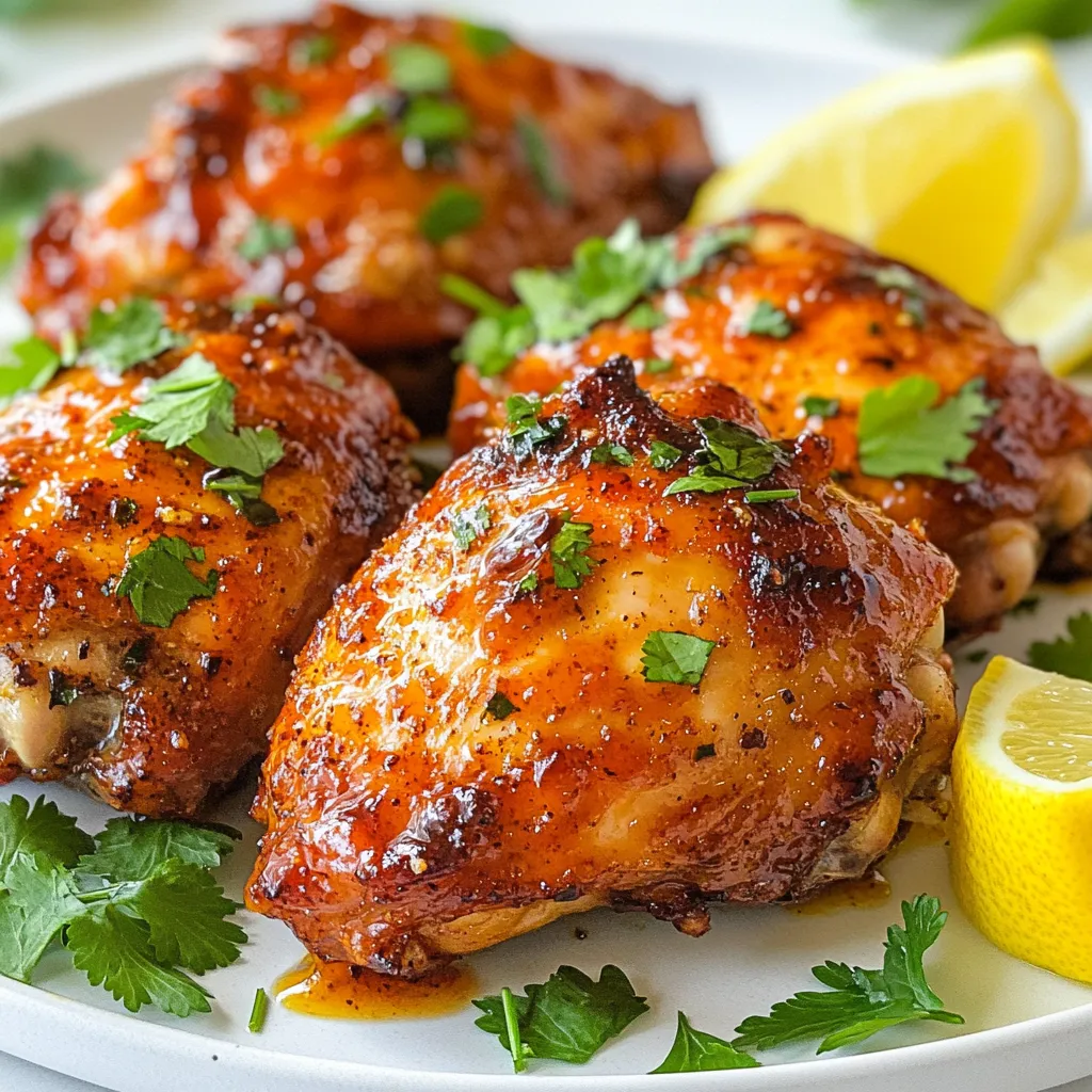 To make harissa chicken thighs, you will need a few simple items. Here’s the complete list: - 4 bone-in, skin-on chicken thighs - 3 tablespoons harissa paste - 2 tablespoons olive oil - 1 tablespoon honey - 2 cloves garlic, minced - Juice of 1 lemon - Salt and pepper to taste - Optional: fresh cilantro or parsley for garnish - Optional: lemon wedges for serving Each ingredient plays a key role in the flavor. The chicken thighs bring richness. The harissa paste adds spice and depth. Olive oil keeps the chicken moist. Honey balances the heat. Garlic gives a nice aroma. Lemon juice brightens the dish. Salt and pepper enhance all the flavors. Using fresh herbs and lemon wedges can elevate the meal. They add color and freshness when you serve. Enjoy experimenting with these ingredients to create your perfect harissa chicken thighs! {{ingredient_image_1}} To start, gather a large bowl. In this bowl, mix together the following ingredients for the marinade: - 3 tablespoons harissa paste - 2 tablespoons olive oil - 1 tablespoon honey - 2 cloves garlic, minced - Juice of 1 lemon - Salt and pepper to taste Stir these well until they form a smooth mixture. Next, add the chicken thighs to the bowl. Make sure to coat each thigh evenly with the marinade. Cover the bowl with plastic wrap and place it in the fridge. Let it marinate for at least 1 hour. If you have more time, marinate overnight for extra flavor. Now it's time to get your oven ready. Preheat it to 400°F (200°C). This step is key for a nice bake. While the oven heats, take out a large oven-safe skillet. Place it on the stove over medium-high heat. Once it's hot, carefully add the marinated chicken thighs, skin-side down. Sear them for about 5 to 7 minutes. You want the skin to be crispy and golden. After that, flip the thighs over. Once the chicken is flipped, transfer the skillet to your preheated oven. Bake the thighs for about 25 to 30 minutes. You’ll know they’re done when the internal temperature reaches 165°F (75°C) and the juices run clear. It’s very important to check for doneness to avoid undercooking. For the best taste, marinate the chicken thighs for at least one hour. I find overnight is even better. Fresh ingredients make a big difference. Use fresh garlic and lemons for bright flavors. Quality harissa paste can elevate your dish. To get crispy skin, sear the chicken skin-side down. Heat your skillet over medium-high heat first. Cook for about 5 to 7 minutes until golden brown. After searing, flip the thighs and transfer the skillet to the oven. To keep the chicken juicy, don't overcook it. Aim for an internal temperature of 165°F. Harissa chicken pairs well with rice, couscous, or roasted veggies. These sides balance the bold flavors. For a fresh touch, add lemon wedges on the side. Garnish with chopped cilantro or parsley for a pop of color. Pro Tips Marinate Longer for More Flavor: For the best flavor, marinate the chicken thighs overnight. This allows the harissa and other ingredients to penetrate the meat more deeply, resulting in a more vibrant taste. Use a Meat Thermometer: To ensure your chicken is perfectly cooked, use a meat thermometer. The internal temperature should reach 165°F (75°C) for safe consumption. Crispier Skin Tip: For extra crispy skin, pat the chicken thighs dry with paper towels before applying the marinade. This helps achieve that golden-brown crust when searing. Serving Suggestions: Pair with a side of couscous or a fresh salad to balance the heat from the harissa. A cooling yogurt sauce can also complement the dish beautifully. {{image_2}} You can change the heat of your dish easily. If you want it milder, use less harissa. Start with one tablespoon and taste. You can always add more if you want it spicier. If you like a different taste, try other chili pastes. Sriracha or sambal oelek can work well. They will change the flavor but still taste great. If you want a different sweetener, try maple syrup or agave nectar. They mix well with the other flavors. You can also substitute chicken thighs with chicken breasts or drumsticks. Just make sure to adjust the cooking time. Breasts cook faster than thighs. Grilling is a fun way to make harissa chicken thighs. Just marinate the chicken as usual. Then, preheat your grill to medium heat. Cook the chicken skin-side down for about 6–8 minutes. Flip them and cook for another 6–8 minutes until done. You can also use a slow cooker. Just add the marinated chicken to the slow cooker. Cook on low for 6–8 hours or high for 3–4 hours. This method keeps the chicken very tender. Store leftover harissa chicken thighs in the fridge. Place them in an airtight container. This keeps them fresh and tasty. You can also wrap them tightly in plastic wrap. Try to eat leftovers within three days for the best flavor. You can freeze cooked chicken thighs for later. Let them cool completely first. Then, put them in a freezer-safe bag. Squeeze out the air before sealing. This helps prevent freezer burn. To thaw, move the chicken to the fridge overnight. You can also thaw it in cold water if you're in a hurry. For reheating, use the oven. Preheat it to 350°F (175°C). Place the chicken on a baking sheet. Cover it with foil to keep it moist. Bake for about 15-20 minutes or until hot. For crispy skin, broil for a few minutes at the end. Enjoy your delicious harissa chicken thighs! You should marinate the chicken for at least 1 hour. For the best flavor, try marinating overnight. This extra time helps the flavors soak in. Yes, you can use boneless chicken thighs. They will cook faster, so reduce the baking time. Make sure they reach an internal temperature of 165°F. You can serve harissa chicken thighs with rice or couscous. Roasted vegetables also pair well. A fresh salad adds a nice touch too. Harissa can be spicy, but it also has rich flavors. The heat level varies by brand. If you prefer less spice, use less harissa paste. Yes, you can make this recipe in advance. Marinate the chicken a day before. You can also cook it ahead of time and store it. This blog post covered how to make tasty harissa chicken thighs. You learned about the key ingredients and how to marinate the chicken. We discussed cooking techniques and tips for great flavor. I shared suggestions for serving and storing leftovers. Remember, adjust the heat level to match your taste. Use fresh ingredients for the best results. Enjoy your harissa chicken, and let your creativity shine in the kitchen!
