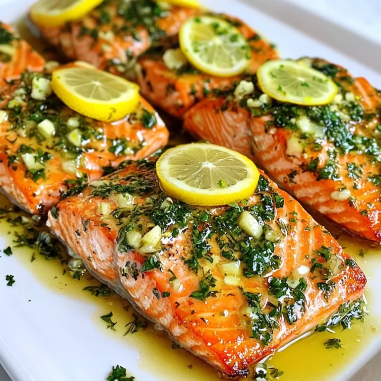 To make Herb Garlic Butter Salmon, you need fresh and simple ingredients. Here’s what you’ll need: - 4 salmon fillets (about 6 oz each) - 4 tablespoons unsalted butter, softened - 4 cloves garlic, minced - 2 tablespoons fresh parsley, chopped - 2 tablespoons fresh dill, chopped - 1 tablespoon lemon juice - Salt and pepper to taste - Lemon slices for garnish These ingredients come together to create a rich, flavorful dish. The salmon fillets are the star of the show. Choose fillets that look bright and fresh. Unsalted butter gives a creamy taste. Garlic adds a punch of flavor. Fresh parsley and dill bring a burst of color and freshness. Lemon juice adds a nice tang that balances the richness. Make sure to have salt and pepper handy. They enhance every ingredient's taste. Lemon slices make a lovely garnish. They add beauty and a touch of brightness when serving. This mix of ingredients makes cooking easy and fun. You can find them at most grocery stores. Get ready to enjoy a delicious meal with these simple items! {{ingredient_image_1}} - Preheat your oven to 375°F (190°C). This helps cook the salmon evenly. - In a small bowl, mix together the softened butter, minced garlic, chopped parsley, chopped dill, lemon juice, salt, and pepper. Blend until smooth for your herb garlic butter. - Line a baking sheet with parchment paper or grease it lightly. This prevents sticking and makes cleanup easy. - Place the salmon fillets skin-side down on the prepared baking sheet. This helps keep the fish moist. - Generously spread the herb garlic butter on top of each salmon fillet. Make sure to cover all parts for full flavor. - Bake in the preheated oven for 15-20 minutes. The salmon is done when it flakes easily with a fork. - Once done, take the salmon from the oven. Let it rest for a few minutes. This allows the juices to settle back in. - Serve the salmon with fresh lemon slices on top. You can also add extra parsley for a nice touch. Enjoy your meal! To ensure even cooking, start by placing your salmon fillets skin-side down. This helps the heat distribute properly. Try to pick fillets that are the same thickness. This way, they cook at the same rate. Check for doneness by using a fork. The salmon should flake easily when it’s done. You can also use a meat thermometer. The salmon should reach an internal temperature of 145°F (63°C). To make a spicy herb garlic butter, add red pepper flakes to the butter mix. This will give your dish a nice kick. You can also try mixing in some smoked paprika for depth. Feel free to add other herbs or spices. Basil, thyme, and cilantro all pair well with salmon. Just remember to chop them finely for even flavor. For side dishes, consider serving the salmon with roasted vegetables or a fresh salad. Quinoa or rice also work well to soak up the tasty garlic butter. For presentation, plate the salmon with lemon slices on top. Sprinkle some extra parsley around the plate for color. This makes your meal look vibrant and inviting! Pro Tips Choose Fresh Salmon: Always opt for fresh, high-quality salmon fillets for the best flavor and texture. Look for bright color and minimal fishy smell. Butter Variations: Feel free to experiment with different herbs or add a pinch of red pepper flakes to the herb garlic butter for a spicy kick. Perfect Cooking Time: Keep an eye on the salmon while baking, as cooking time may vary based on the thickness of the fillets. Aim for an internal temperature of 145°F (63°C). Resting Time: Allow the salmon to rest for a few minutes after baking. This helps retain moisture and enhances the flavor. {{image_2}} You can swap salmon for chicken or tofu. Both options work well with this herb garlic butter. Chicken fillets marinated in the butter create a tasty dish. Tofu absorbs the flavors, making it a great choice for vegans. If you need dairy-free options, use olive oil instead of butter. This swap keeps the dish light and fresh. You can grill or bake the salmon. Grilling adds a smoky flavor and crispy skin. Simply preheat your grill and cook the salmon for about 6-8 minutes per side. Baking is easy and keeps the salmon moist. Just place it in the oven at 375°F for 15-20 minutes. For a quick option, pan-searing works well. Heat oil in a skillet and sear the salmon for 4-5 minutes on each side. Feel free to add vegetables to your dish. Asparagus, cherry tomatoes, or bell peppers roast well alongside the salmon. Just toss them with olive oil, salt, and pepper before adding them to the baking sheet. You can also boost flavors with a splash of white wine or a sprinkle of chili flakes. These additions make your herb garlic butter salmon even more delightful. After enjoying your herb garlic butter salmon, you might have some left. To store it, let the salmon cool to room temperature. Wrap it tightly in plastic wrap or place it in an airtight container. Store it in the fridge for up to three days. If you want to keep it longer, freezing works well too. Place the wrapped salmon in a freezer-safe bag or container. It can last for up to three months in the freezer. When it's time to eat your leftovers, reheating is key. The best method is to use the oven. Preheat it to 275°F (135°C). Place the salmon on a baking sheet and cover it with foil. This keeps it moist. Heat for about 15 minutes or until warm. You can also use a microwave, but be careful. Heat in short bursts to avoid dryness. Always check the warmth before serving. Yes, you can use frozen salmon. To prepare frozen salmon for this recipe, first, thaw it in the fridge overnight. If you're short on time, you can place the sealed salmon in cold water for about an hour. Once thawed, pat the salmon dry with a paper towel. This helps the herb garlic butter stick better. If you do not have fresh herbs, you can use dried herbs instead. Dried herbs are more concentrated in flavor. Use about one-third the amount of dried herbs as fresh ones. For example, if the recipe calls for 2 tablespoons of fresh parsley, use about 2 teaspoons of dried parsley. This swap still gives great taste. To check if your salmon is fully cooked, look for a few signs. The internal temperature should reach 145°F (63°C). You can use a meat thermometer for this. Another sign is flakiness. When you gently press the salmon with a fork, it should flake apart easily. If it does, it's ready to eat! This blog post guides you through cooking salmon with herb garlic butter. We discussed the key ingredients and detailed steps for preparation and cooking. I shared helpful tips, sauce variations, and serving ideas. You even learned about ingredient swaps and storage tips to keep your meal fresh. Cooking salmon can be simple and fun. Try new flavors or methods. With practice, you will create delicious meals every time. Enjoy your cooking adventure!