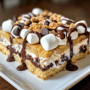 - 1 cup unsalted butter (softened) - 1 cup brown sugar (packed) - 1/2 cup granulated sugar - 2 large eggs - 1 teaspoon vanilla extract - 2 cups all-purpose flour - 1 teaspoon baking soda - 1/2 teaspoon salt - 1 cup mini chocolate chips - 1 cup mini marshmallows - 1 cup crushed graham crackers - Types of chocolate (dark, milk, or white) - Additional toppings (chocolate sauce, sprinkles) These ingredients come together to create a treat that everyone loves. The soft butter helps make the bars chewy. Brown sugar adds a nice depth of flavor. The granulated sugar gives just the right amount of sweetness. Eggs bind everything, making it all hold together. Using mini chocolate chips means each bite has rich chocolate. Mini marshmallows provide that fluffy texture and sweet taste. Crushed graham crackers add crunch and a taste of classic s'mores. You can switch up the chocolate type based on your taste. Dark chocolate gives a richer flavor, while white can be sweeter. Adding chocolate sauce on top makes it even more special. Feel free to mix in sprinkles for fun colors! These ingredients are simple but create a big impact. They make your S'mores Cookie Bars a true delight for all ages. {{ingredient_image_1}} - Preheat the oven to 350°F (175°C). - Grease or line a 9x13-inch baking pan. This helps with easy removal later. - In a large bowl, cream together 1 cup of softened butter, 1 cup of brown sugar, and 1/2 cup of granulated sugar. Mix until light and fluffy. - Add 2 large eggs, one at a time. Mix well after each egg. Stir in 1 teaspoon of vanilla extract to enhance the flavor. - In another bowl, whisk together 2 cups of all-purpose flour, 1 teaspoon of baking soda, and 1/2 teaspoon of salt. Gradually add this dry mix to the wet ingredients. Mix until just combined. - Fold in 1 cup of mini chocolate chips and 1 cup of crushed graham crackers. This gives the bars that classic s'mores flavor. - Press half of the cookie dough evenly into the bottom of the prepared pan. - Sprinkle 1 cup of mini marshmallows over the dough layer. Then, take the rest of the cookie dough and spread it gently over the marshmallows. - Bake the bars in the preheated oven for 25-30 minutes. Look for golden brown edges and a set center to know they're done. To get the best texture, start by creaming the butter and sugars. Use room temperature butter for easy mixing. Beat them together until the mix looks light and fluffy. This step adds air, making the bars soft. Be careful not to overmix the dough once you add the flour. Mix until just combined. Overmixing can lead to tough bars. For a great presentation, cut the S'mores Cookie Bars into squares. You can drizzle some chocolate sauce on top. A sprinkle of crushed graham crackers adds a nice crunch. These bars taste amazing with a scoop of ice cream or a dollop of whipped cream. The cold creaminess balances the warm, gooey bars. One common mistake is overbaking or underbaking the bars. Keep an eye on them while baking. Look for golden edges and a set center. Also, distribute the toppings evenly. If you don’t, some bites will have too much or too little topping. This can change how each piece tastes. Pro Tips Use Room Temperature Ingredients: Ensure your butter and eggs are at room temperature for better mixing and a smoother dough. Don't Overmix: Mix the dry ingredients into the wet until just combined to keep the bars tender and chewy. Cool Before Cutting: Let the bars cool for at least 15 minutes in the pan to set properly, making them easier to cut into squares. Storage Tips: Store leftover bars in an airtight container at room temperature for up to a week for the best texture and flavor. {{image_2}} You can take your S'mores Cookie Bars to the next level with fun flavors. Add a layer of peanut butter or Nutella for a rich twist. This will give your bars a creamy texture that pairs well with the chocolate. You can also mix in nuts or dried fruits for a tasty crunch. Chopped walnuts or cranberries can give you extra flavor and texture. If you need gluten-free options, swap all-purpose flour with almond flour or a gluten-free blend. These options will keep your bars delicious and safe for those with gluten issues. For a dairy-free version, use coconut oil instead of butter. You can find dairy-free chocolate chips to keep the chocolate flavor strong without the dairy. Make your S'mores Cookie Bars festive with themed versions. Use colored marshmallows for holidays like Easter or Halloween. You can add sprinkles or themed toppings to match the season. This fun touch makes your bars not only tasty but also great for parties and celebrations. To keep your S'mores Cookie Bars fresh, use an airtight container. A glass or plastic container works well. Layer parchment paper between the bars to prevent sticking. Store them at room temperature for up to five days. If you want to keep them longer, place them in the fridge. Just remember, cold can change the texture a bit. Freezing S'mores Cookie Bars is simple. First, cut them into squares. Wrap each piece tightly in plastic wrap. Then, place the wrapped bars in a freezer-safe bag or container. Make sure to remove as much air as possible. They can last up to three months in the freezer. When you're ready to eat, take out a bar. Let it thaw in the fridge or on the counter for about an hour. If you prefer warm bars, pop them in the microwave for about 15 seconds. Enjoy your tasty treat! Yes, you can use regular marshmallows. They will melt and create a gooey layer. However, they may not spread evenly. Mini marshmallows work better for even coverage. You should also consider the texture. Mini marshmallows mix well into the dough, while regular ones can create large clumps. This can change the look and feel of your bars. Look for golden brown edges. The center should be set but still soft. A toothpick inserted should come out with a few moist crumbs. If it comes out wet, bake a few more minutes. Keep an eye on the time. You want them soft, not hard. Let them cool slightly before cutting to help them hold shape. Yes, you can make these bars ahead of time. Bake them and let them cool completely. Then, store them in an airtight container. They will stay fresh for about 3 days at room temperature. You can also freeze them for up to 3 months. Just wrap them well in plastic wrap and foil. Thaw them in the fridge when you’re ready to enjoy! In this blog post, I shared a simple recipe for S'mores Cookie Bars. You saw the ingredients, step-by-step instructions, and tips for perfect texture. You can customize these bars with different flavors and toppings to suit your taste. Remember to store them properly to keep them fresh. Baking doesn’t have to be hard. With these tips, you can enjoy tasty treats any time. Get creative and have fun with your baking!