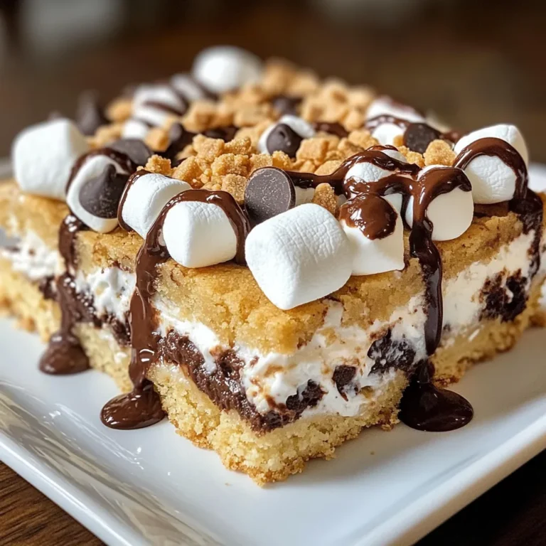 - 1 cup unsalted butter (softened) - 1 cup brown sugar (packed) - 1/2 cup granulated sugar - 2 large eggs - 1 teaspoon vanilla extract - 2 cups all-purpose flour - 1 teaspoon baking soda - 1/2 teaspoon salt - 1 cup mini chocolate chips - 1 cup mini marshmallows - 1 cup crushed graham crackers - Types of chocolate (dark, milk, or white) - Additional toppings (chocolate sauce, sprinkles) These ingredients come together to create a treat that everyone loves. The soft butter helps make the bars chewy. Brown sugar adds a nice depth of flavor. The granulated sugar gives just the right amount of sweetness. Eggs bind everything, making it all hold together. Using mini chocolate chips means each bite has rich chocolate. Mini marshmallows provide that fluffy texture and sweet taste. Crushed graham crackers add crunch and a taste of classic s'mores. You can switch up the chocolate type based on your taste. Dark chocolate gives a richer flavor, while white can be sweeter. Adding chocolate sauce on top makes it even more special. Feel free to mix in sprinkles for fun colors! These ingredients are simple but create a big impact. They make your S'mores Cookie Bars a true delight for all ages. {{ingredient_image_1}} - Preheat the oven to 350°F (175°C). - Grease or line a 9x13-inch baking pan. This helps with easy removal later. - In a large bowl, cream together 1 cup of softened butter, 1 cup of brown sugar, and 1/2 cup of granulated sugar. Mix until light and fluffy. - Add 2 large eggs, one at a time. Mix well after each egg. Stir in 1 teaspoon of vanilla extract to enhance the flavor. - In another bowl, whisk together 2 cups of all-purpose flour, 1 teaspoon of baking soda, and 1/2 teaspoon of salt. Gradually add this dry mix to the wet ingredients. Mix until just combined. - Fold in 1 cup of mini chocolate chips and 1 cup of crushed graham crackers. This gives the bars that classic s'mores flavor. - Press half of the cookie dough evenly into the bottom of the prepared pan. - Sprinkle 1 cup of mini marshmallows over the dough layer. Then, take the rest of the cookie dough and spread it gently over the marshmallows. - Bake the bars in the preheated oven for 25-30 minutes. Look for golden brown edges and a set center to know they're done. To get the best texture, start by creaming the butter and sugars. Use room temperature butter for easy mixing. Beat them together until the mix looks light and fluffy. This step adds air, making the bars soft. Be careful not to overmix the dough once you add the flour. Mix until just combined. Overmixing can lead to tough bars. For a great presentation, cut the S'mores Cookie Bars into squares. You can drizzle some chocolate sauce on top. A sprinkle of crushed graham crackers adds a nice crunch. These bars taste amazing with a scoop of ice cream or a dollop of whipped cream. The cold creaminess balances the warm, gooey bars. One common mistake is overbaking or underbaking the bars. Keep an eye on them while baking. Look for golden edges and a set center. Also, distribute the toppings evenly. If you don’t, some bites will have too much or too little topping. This can change how each piece tastes. Pro Tips Use Room Temperature Ingredients: Ensure your butter and eggs are at room temperature for better mixing and a smoother dough. Don't Overmix: Mix the dry ingredients into the wet until just combined to keep the bars tender and chewy. Cool Before Cutting: Let the bars cool for at least 15 minutes in the pan to set properly, making them easier to cut into squares. Storage Tips: Store leftover bars in an airtight container at room temperature for up to a week for the best texture and flavor. {{image_2}} You can take your S'mores Cookie Bars to the next level with fun flavors. Add a layer of peanut butter or Nutella for a rich twist. This will give your bars a creamy texture that pairs well with the chocolate. You can also mix in nuts or dried fruits for a tasty crunch. Chopped walnuts or cranberries can give you extra flavor and texture. If you need gluten-free options, swap all-purpose flour with almond flour or a gluten-free blend. These options will keep your bars delicious and safe for those with gluten issues. For a dairy-free version, use coconut oil instead of butter. You can find dairy-free chocolate chips to keep the chocolate flavor strong without the dairy. Make your S'mores Cookie Bars festive with themed versions. Use colored marshmallows for holidays like Easter or Halloween. You can add sprinkles or themed toppings to match the season. This fun touch makes your bars not only tasty but also great for parties and celebrations. To keep your S'mores Cookie Bars fresh, use an airtight container. A glass or plastic container works well. Layer parchment paper between the bars to prevent sticking. Store them at room temperature for up to five days. If you want to keep them longer, place them in the fridge. Just remember, cold can change the texture a bit. Freezing S'mores Cookie Bars is simple. First, cut them into squares. Wrap each piece tightly in plastic wrap. Then, place the wrapped bars in a freezer-safe bag or container. Make sure to remove as much air as possible. They can last up to three months in the freezer. When you're ready to eat, take out a bar. Let it thaw in the fridge or on the counter for about an hour. If you prefer warm bars, pop them in the microwave for about 15 seconds. Enjoy your tasty treat! Yes, you can use regular marshmallows. They will melt and create a gooey layer. However, they may not spread evenly. Mini marshmallows work better for even coverage. You should also consider the texture. Mini marshmallows mix well into the dough, while regular ones can create large clumps. This can change the look and feel of your bars. Look for golden brown edges. The center should be set but still soft. A toothpick inserted should come out with a few moist crumbs. If it comes out wet, bake a few more minutes. Keep an eye on the time. You want them soft, not hard. Let them cool slightly before cutting to help them hold shape. Yes, you can make these bars ahead of time. Bake them and let them cool completely. Then, store them in an airtight container. They will stay fresh for about 3 days at room temperature. You can also freeze them for up to 3 months. Just wrap them well in plastic wrap and foil. Thaw them in the fridge when you’re ready to enjoy! In this blog post, I shared a simple recipe for S'mores Cookie Bars. You saw the ingredients, step-by-step instructions, and tips for perfect texture. You can customize these bars with different flavors and toppings to suit your taste. Remember to store them properly to keep them fresh. Baking doesn’t have to be hard. With these tips, you can enjoy tasty treats any time. Get creative and have fun with your baking!