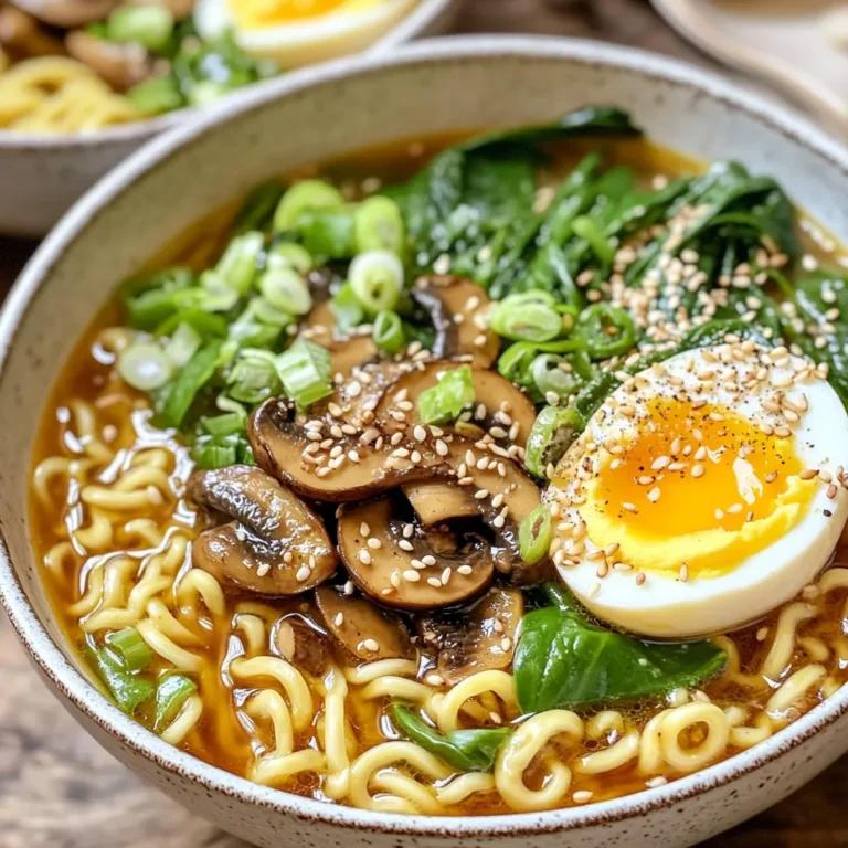 - 200g ramen noodles - 2 cups vegetable broth - 1 tablespoon sesame oil - 2 cloves garlic, minced - 1-inch piece of ginger, grated - 200g shiitake mushrooms, sliced - 3 tablespoons soy sauce (or tamari) - 1 tablespoon rice vinegar - 1 tablespoon chili paste - 2 green onions, chopped - 1 cup baby spinach - 1 tablespoon sesame seeds - Optional: Soft-boiled eggs for garnish - Salt and pepper to taste To make your Sesame Soy Mushroom Ramen, start with fresh ingredients. The ramen noodles are the base. Choose good quality noodles for the best texture. Next, the vegetable broth adds rich flavor. I prefer homemade, but store-bought works too. The sesame oil gives a nutty taste. Garlic and ginger add warmth and spice. Shiitake mushrooms bring an umami kick. You can swap them for other mushrooms if you like. Soy sauce adds saltiness, while rice vinegar balances the flavors. Chili paste adds heat, but you can adjust it to your taste. Green onions and baby spinach add color and nutrients. Don’t skip the sesame seeds; they add crunch! Lastly, if you like, top with soft-boiled eggs. They make the dish even richer. Always taste and adjust with salt and pepper before serving. Enjoy your cooking! {{ingredient_image_1}} - Cook 200g of ramen noodles according to the package. Drain and set aside. - Mince 2 cloves of garlic and grate a 1-inch piece of ginger. - Slice 200g of shiitake mushrooms and chop 2 green onions. - In a large pot, heat 1 tablespoon of sesame oil over medium heat. - Add the minced garlic and grated ginger. Sauté for about 1 minute until you smell a lovely aroma. - Next, add the sliced shiitake mushrooms. Cook them for 5 to 7 minutes until they soften and release their juices. - Pour in 2 cups of vegetable broth, 3 tablespoons of soy sauce, 1 tablespoon of rice vinegar, and 1 tablespoon of chili paste. Bring this to a gentle boil. - Reduce the heat and let it simmer for about 5 minutes. - Stir in 1 cup of baby spinach and the chopped green onions. Let the spinach wilt for 2 to 3 minutes. - Season the broth with salt and pepper to your taste. - Divide the cooked ramen noodles into bowls. Ladle the hot mushroom broth over each bowl. - If you like, top with a soft-boiled egg and sprinkle 1 tablespoon of sesame seeds on top for a nice crunch. To get the right noodle texture, cook your ramen noodles just until they are al dente. This means they should be firm but not hard. Rinse them under cold water after cooking. This stops the cooking process and keeps them from getting mushy. To perfect the broth flavor, start with high-quality vegetable broth. Use fresh garlic and ginger to bring out rich flavors. Sauté them in sesame oil to enhance the aroma. Add shiitake mushrooms for a deep umami taste. The soy sauce and rice vinegar balance the flavors perfectly. Ramen pairs well with many dishes. Try serving it with a side of crispy tempura vegetables. A light salad with sesame dressing also complements the meal. For toppings, think beyond soft-boiled eggs. Add toasted sesame seeds for crunch. You can also include sliced radishes or pickled ginger for a zesty kick. Fresh herbs like cilantro or basil can elevate your ramen too. One mistake is overcooking the noodles. This can make them mushy and unappealing. Always check the package for the right cooking time. Another common issue is misbalancing flavors in the broth. Taste your broth before serving. Adjust with more soy sauce or a splash of vinegar if needed. Remember, a well-balanced broth is key to great ramen. Pro Tips Use Fresh Ingredients: Fresh mushrooms and greens enhance the flavors and texture of your ramen, making it more vibrant and delicious. Customize the Broth: Feel free to add other vegetables like bok choy or carrots for extra nutrients and flavor depth. Perfect Soft-Boiled Eggs: For the best soft-boiled eggs, cook them for exactly 6-7 minutes in boiling water, then plunge into ice water to stop the cooking. Adjust Heat Level: Modify the amount of chili paste based on your preference for spice; you can also add sliced fresh chili for an extra kick. {{image_2}} You can switch up the mushrooms in this recipe. If you don’t have shiitake, try button or portobello mushrooms. Both give a nice taste. You can even use tofu for a different texture. For those on a gluten-free diet, feel free to use tamari instead of soy sauce. It tastes great and keeps the dish flavorful. You can also find gluten-free ramen noodles in stores. To change the heat, adjust the chili paste. If you like it mild, use less. If you want it spicier, add more. You can also try adding crushed red pepper or a dash of hot sauce for extra kick. For more flavor, you can mix in spices like garlic powder or onion powder. These add depth without changing the dish too much. You can easily make this recipe vegan. Simply skip the soft-boiled eggs. The dish is still rich and tasty without them. If you're on a keto diet, choose konjac noodles instead of traditional ramen. They are low in carbs and still give you that noodle feel. You can also cut down on the broth by adding fewer veggies. To keep leftover ramen fresh, store the broth and noodles separately. Place the ramen noodles in an airtight container. This keeps them from getting soggy. For the broth, let it cool to room temperature before transferring it to another container. Seal tightly. It’s best to eat the leftovers within three days. When you want to reheat, warm the broth in a pot. Do this over low heat. You can also reheat the noodles in hot water for a minute. This helps them regain their texture. Combine both when ready to eat. Yes, you can freeze ramen! Just follow these steps. First, cool the broth completely. Pour it into a freezer-safe container. Don’t forget to leave some space at the top for expansion. For noodles, you can freeze them too. Place them in a separate bag or container. To thaw, put the broth in the fridge overnight. For noodles, you can run them under hot water. This way, they’ll be ready to eat. Avoid refreezing once thawed. Leftover ramen can last up to three days in the fridge. If you freeze it, the broth can last for up to three months. The noodles are best used within one month for the best taste. Always check for any signs of spoilage before eating. For ramen, shiitake mushrooms are my top choice. They add a rich flavor. Other great options include cremini and oyster mushrooms. These mushrooms also work well in ramen dishes. They offer a nice texture and taste. You can mix different types too for more depth. Yes, you can use store-bought broth. It saves time and works well in a pinch. However, homemade broth often tastes fresher and more flavorful. Store-bought may have added salt or preservatives. If you choose store-bought, look for low-sodium options. This helps control the saltiness in your dish. You can enhance your ramen with various proteins and veggies. Try adding tofu for a vegetarian option. Grilled chicken or pork belly also work great. For veggies, consider bok choy, carrots, or snap peas. They add color and crunch. Don't forget to top with soft-boiled eggs for richness! If your broth is too salty, add more water or broth. You can also include more veggies. This dilutes the saltiness without losing flavor. Another tip is to add a dash of sugar. It helps balance the salty taste. Taste as you go to find the right mix! This article covered everything you need to make delicious ramen. We discussed key ingredients, step-by-step cooking methods, and tips to avoid common mistakes. I also shared variations, storage tips, and answered frequently asked questions. Ramen can be your canvas for creativity. Experiment with flavors, styles, and ingredients. Embrace this tasty dish, and make it your own! Enjoy your ramen adventure.