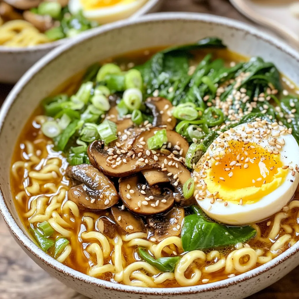 - 200g ramen noodles - 2 cups vegetable broth - 1 tablespoon sesame oil - 2 cloves garlic, minced - 1-inch piece of ginger, grated - 200g shiitake mushrooms, sliced - 3 tablespoons soy sauce (or tamari) - 1 tablespoon rice vinegar - 1 tablespoon chili paste - 2 green onions, chopped - 1 cup baby spinach - 1 tablespoon sesame seeds - Optional: Soft-boiled eggs for garnish - Salt and pepper to taste To make your Sesame Soy Mushroom Ramen, start with fresh ingredients. The ramen noodles are the base. Choose good quality noodles for the best texture. Next, the vegetable broth adds rich flavor. I prefer homemade, but store-bought works too. The sesame oil gives a nutty taste. Garlic and ginger add warmth and spice. Shiitake mushrooms bring an umami kick. You can swap them for other mushrooms if you like. Soy sauce adds saltiness, while rice vinegar balances the flavors. Chili paste adds heat, but you can adjust it to your taste. Green onions and baby spinach add color and nutrients. Don’t skip the sesame seeds; they add crunch! Lastly, if you like, top with soft-boiled eggs. They make the dish even richer. Always taste and adjust with salt and pepper before serving. Enjoy your cooking! {{ingredient_image_1}} - Cook 200g of ramen noodles according to the package. Drain and set aside. - Mince 2 cloves of garlic and grate a 1-inch piece of ginger. - Slice 200g of shiitake mushrooms and chop 2 green onions. - In a large pot, heat 1 tablespoon of sesame oil over medium heat. - Add the minced garlic and grated ginger. Sauté for about 1 minute until you smell a lovely aroma. - Next, add the sliced shiitake mushrooms. Cook them for 5 to 7 minutes until they soften and release their juices. - Pour in 2 cups of vegetable broth, 3 tablespoons of soy sauce, 1 tablespoon of rice vinegar, and 1 tablespoon of chili paste. Bring this to a gentle boil. - Reduce the heat and let it simmer for about 5 minutes. - Stir in 1 cup of baby spinach and the chopped green onions. Let the spinach wilt for 2 to 3 minutes. - Season the broth with salt and pepper to your taste. - Divide the cooked ramen noodles into bowls. Ladle the hot mushroom broth over each bowl. - If you like, top with a soft-boiled egg and sprinkle 1 tablespoon of sesame seeds on top for a nice crunch. To get the right noodle texture, cook your ramen noodles just until they are al dente. This means they should be firm but not hard. Rinse them under cold water after cooking. This stops the cooking process and keeps them from getting mushy. To perfect the broth flavor, start with high-quality vegetable broth. Use fresh garlic and ginger to bring out rich flavors. Sauté them in sesame oil to enhance the aroma. Add shiitake mushrooms for a deep umami taste. The soy sauce and rice vinegar balance the flavors perfectly. Ramen pairs well with many dishes. Try serving it with a side of crispy tempura vegetables. A light salad with sesame dressing also complements the meal. For toppings, think beyond soft-boiled eggs. Add toasted sesame seeds for crunch. You can also include sliced radishes or pickled ginger for a zesty kick. Fresh herbs like cilantro or basil can elevate your ramen too. One mistake is overcooking the noodles. This can make them mushy and unappealing. Always check the package for the right cooking time. Another common issue is misbalancing flavors in the broth. Taste your broth before serving. Adjust with more soy sauce or a splash of vinegar if needed. Remember, a well-balanced broth is key to great ramen. Pro Tips Use Fresh Ingredients: Fresh mushrooms and greens enhance the flavors and texture of your ramen, making it more vibrant and delicious. Customize the Broth: Feel free to add other vegetables like bok choy or carrots for extra nutrients and flavor depth. Perfect Soft-Boiled Eggs: For the best soft-boiled eggs, cook them for exactly 6-7 minutes in boiling water, then plunge into ice water to stop the cooking. Adjust Heat Level: Modify the amount of chili paste based on your preference for spice; you can also add sliced fresh chili for an extra kick. {{image_2}} You can switch up the mushrooms in this recipe. If you don’t have shiitake, try button or portobello mushrooms. Both give a nice taste. You can even use tofu for a different texture. For those on a gluten-free diet, feel free to use tamari instead of soy sauce. It tastes great and keeps the dish flavorful. You can also find gluten-free ramen noodles in stores. To change the heat, adjust the chili paste. If you like it mild, use less. If you want it spicier, add more. You can also try adding crushed red pepper or a dash of hot sauce for extra kick. For more flavor, you can mix in spices like garlic powder or onion powder. These add depth without changing the dish too much. You can easily make this recipe vegan. Simply skip the soft-boiled eggs. The dish is still rich and tasty without them. If you're on a keto diet, choose konjac noodles instead of traditional ramen. They are low in carbs and still give you that noodle feel. You can also cut down on the broth by adding fewer veggies. To keep leftover ramen fresh, store the broth and noodles separately. Place the ramen noodles in an airtight container. This keeps them from getting soggy. For the broth, let it cool to room temperature before transferring it to another container. Seal tightly. It’s best to eat the leftovers within three days. When you want to reheat, warm the broth in a pot. Do this over low heat. You can also reheat the noodles in hot water for a minute. This helps them regain their texture. Combine both when ready to eat. Yes, you can freeze ramen! Just follow these steps. First, cool the broth completely. Pour it into a freezer-safe container. Don’t forget to leave some space at the top for expansion. For noodles, you can freeze them too. Place them in a separate bag or container. To thaw, put the broth in the fridge overnight. For noodles, you can run them under hot water. This way, they’ll be ready to eat. Avoid refreezing once thawed. Leftover ramen can last up to three days in the fridge. If you freeze it, the broth can last for up to three months. The noodles are best used within one month for the best taste. Always check for any signs of spoilage before eating. For ramen, shiitake mushrooms are my top choice. They add a rich flavor. Other great options include cremini and oyster mushrooms. These mushrooms also work well in ramen dishes. They offer a nice texture and taste. You can mix different types too for more depth. Yes, you can use store-bought broth. It saves time and works well in a pinch. However, homemade broth often tastes fresher and more flavorful. Store-bought may have added salt or preservatives. If you choose store-bought, look for low-sodium options. This helps control the saltiness in your dish. You can enhance your ramen with various proteins and veggies. Try adding tofu for a vegetarian option. Grilled chicken or pork belly also work great. For veggies, consider bok choy, carrots, or snap peas. They add color and crunch. Don't forget to top with soft-boiled eggs for richness! If your broth is too salty, add more water or broth. You can also include more veggies. This dilutes the saltiness without losing flavor. Another tip is to add a dash of sugar. It helps balance the salty taste. Taste as you go to find the right mix! This article covered everything you need to make delicious ramen. We discussed key ingredients, step-by-step cooking methods, and tips to avoid common mistakes. I also shared variations, storage tips, and answered frequently asked questions. Ramen can be your canvas for creativity. Experiment with flavors, styles, and ingredients. Embrace this tasty dish, and make it your own! Enjoy your ramen adventure.
