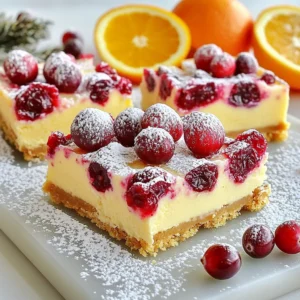- 1 ½ cups graham cracker crumbs - 2 cups cream cheese, softened - 1 cup fresh or frozen cranberries, roughly chopped The graham cracker crumbs form the base of these cheesecake bars. They give a sweet crunch that pairs well with the creamy filling. Cream cheese creates a smooth and rich texture. You can use fresh or frozen cranberries, depending on what you have. Both options add a bright, tangy flavor that works perfectly with the sweetness. - ½ cup unsalted butter, melted - 1 cup granulated sugar - 2 tablespoons all-purpose flour Unsalted butter binds the crust and adds richness. Granulated sugar sweetens your filling and crust. The flour helps set the cheesecake, giving it a nice structure when baked. This balance of ingredients creates a perfect blend of flavors and textures. - 1 tablespoon vanilla extract - Zest of 1 large orange - ¼ teaspoon salt Vanilla extract brings warmth and depth to the bars. The zest of the orange adds a bright, citrusy note that enhances the overall flavor. Salt balances the sweetness, making each bite more enjoyable. These flavor enhancers are key to making your cheesecake bars stand out. {{ingredient_image_1}} - Grease and line the baking pan with parchment paper. This makes it easy to lift out the bars later. - Preheat the oven to 325°F (160°C). A warm oven helps the bars bake evenly. - In a medium bowl, mix 1 ½ cups of graham cracker crumbs with ½ cup of melted butter. Add 2 tablespoons of sugar for sweetness. - Press this mixture firmly into the bottom of the baking pan. Make sure it is even and compact. - Bake the crust for about 10 minutes. It should be lightly golden. Let it cool slightly. - In a large bowl, beat 2 cups of softened cream cheese until smooth. This step takes about 2-3 minutes. - Gradually add 1 cup of granulated sugar and mix well. Scrape the bowl's sides to get all the sugar mixed in. - Add 3 large eggs one at a time, mixing well after each. Then, stir in 1 tablespoon of vanilla extract and the zest of 1 large orange. - Gently fold in 2 tablespoons of all-purpose flour and ¼ teaspoon of salt. Be careful not to overmix. - Add 1 cup of roughly chopped cranberries and mix gently. This adds a burst of flavor to each bite. - Pour the cheesecake mixture over the pre-baked crust. Spread it evenly with a spatula. - Bake for 40-45 minutes. Check if the center is set but still jiggles a little. This means it’s done. - Take the cheesecake bars out of the oven and let them cool at room temperature for about 1 hour. - After cooling, refrigerate for at least 3 hours, or overnight for the best taste. - Once chilled, lift the bars out using the parchment paper. Cut them into squares and enjoy! - Mix the cheesecake filling gently. Overmixing makes it dense. - Bake at a steady temperature. This helps the bars rise evenly. - Dust the bars with powdered sugar before serving. This makes them look fancy. - Add orange slices and cranberries on top. They add color and flavor. - Swap cranberries for other fruits like blueberries or cherries. This creates new tastes. - Change the sugar amount based on your taste. A little less can be great. Pro Tips Chill for Better Texture: Allow the cheesecake bars to chill overnight for a firmer texture and enhanced flavors. Use Fresh Ingredients: Fresh cranberries will give a brighter flavor compared to frozen. If using frozen, ensure they are thawed and drained well. Don’t Overmix: Overmixing can lead to cracks. Mix just until ingredients are combined, especially after adding eggs. Perfect Cuts: Use a sharp knife dipped in warm water to make clean cuts when slicing the bars for a neat presentation. {{image_2}} You can easily change some of the ingredients for your needs. For a gluten-free treat, use gluten-free graham crackers instead of regular ones. This swap keeps the flavor while making it safe for those with gluten allergies. If you want a different texture, try using ricotta or mascarpone instead of cream cheese. Both will give a creamy feel but with a unique taste. You can add fun spices to change the flavor. Nutmeg and cinnamon add warmth and depth, making each bite a little cozier. If you love chocolate, mix in some chocolate chips. This twist gives a rich contrast to the tart cranberries and bright orange zest. It’s a simple way to switch things up and impress your guests. Pair these bars with a scoop of ice cream or a dollop of whipped cream. The cold creaminess complements the tangy cheesecake perfectly. You can also serve them with a side of cranberry sauce. This adds a fresh burst of flavor and looks great on the plate. Your guests will enjoy the extra touch and the chance to customize their dessert! To keep your cranberry orange cheesecake bars fresh, store them in an airtight container in the refrigerator. This helps maintain their creamy texture. If you want to save some for later, you can freeze them. Wrap each bar in plastic wrap, then place them in a freezer-safe bag. This method prevents freezer burn. In the refrigerator, these cheesecake bars last up to five days. If you freeze them, they can stay good for about three months. When you’re ready to enjoy frozen bars, take them out and let them thaw in the refrigerator overnight. This slow process helps keep the texture nice. To warm leftover cheesecake bars, you can use the microwave. Heat them for about 10-15 seconds. Be careful not to overheat, or they may become too soft. For the best texture, consider letting them sit at room temperature for a bit before serving. Enjoy the sweet flavors again! Yes, you can make these bars a day in advance. Prepare them and let them cool completely. Once cool, cover the pan with plastic wrap. Store it in the fridge overnight. This helps the flavors meld together. It also makes serving them easy for parties or gatherings. These bars pair well with various items. You can serve them with whipped cream on top. A scoop of vanilla ice cream is a great choice too. For drinks, try a cup of coffee or tea. You can even serve them with a sparkling beverage for a fun twist! You can use dried cranberries, but the taste will change. Dried cranberries are sweeter and chewier. This can affect the texture of your bars. If you choose dried ones, chop them into smaller pieces. This way, they mix well into the cheesecake filling. Look for a few signs to check doneness. The edges should look set and firm. The center may still jiggle slightly when shaken. It should not be too wobbly. You can also insert a toothpick in the center. If it comes out clean, your bars are ready! You now have a clear guide on making delicious Cranberry Orange Cheesecake Bars. We covered key ingredients, step-by-step instructions, and helpful tips for perfect results. Remember, using fresh cranberries adds a unique touch. Experiment with flavors and toppings to make them your own. Store them properly to enjoy later. These bars can be a hit for any gathering or as a tasty treat at home. Enjoy the baking and the tasty reward!