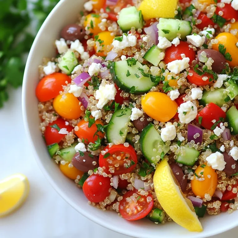 To make this tasty Greek quinoa salad, you will need: - 1 cup quinoa, rinsed - 2 cups water - 1 cucumber, diced - 1 cup cherry tomatoes, halved - 1 red bell pepper, diced - 1/2 red onion, finely chopped - 1 cup Kalamata olives, pitted and halved - 1/2 cup feta cheese, crumbled - 1/4 cup fresh parsley, chopped - 3 tablespoons olive oil - 2 tablespoons lemon juice - 1 teaspoon dried oregano - Salt and pepper to taste You can make this salad your own by changing some ingredients. Here are some ideas: - Swap quinoa for bulgur or farro for a different grain. - Use any type of olives you like, such as green olives. - If you don’t like feta, try goat cheese or skip the cheese. - Add a splash of red wine vinegar for extra flavor. - Use fresh herbs like dill or mint instead of parsley. Each serving of this salad packs a nutritious punch. Here’s what you get: - Calories: 250 - Protein: 8g - Carbohydrates: 30g - Dietary Fiber: 5g - Total Fat: 12g - Saturated Fat: 3g - Calcium: 100mg - Iron: 2mg This Greek quinoa salad is fresh and filling. It’s perfect for lunch or dinner. You can feel good about what you eat! {{ingredient_image_1}} To cook the quinoa, start with one cup of rinsed quinoa. Place it in a medium saucepan with two cups of water. Bring the water to a boil over medium-high heat. Once it boils, turn the heat down low. Cover the pan and let it simmer for about 15 minutes. The quinoa is done when the water is absorbed and the grains look fluffy. Use a fork to fluff the quinoa gently. Let it cool slightly before mixing with the veggies. While the quinoa cools, you can prepare the vegetables. Dice one cucumber and a red bell pepper. Cut one cup of cherry tomatoes in half. Finely chop half a red onion. Take one cup of Kalamata olives, pit them, and halve them. These colorful veggies add crunch and flavor to the salad. Place all the chopped veggies in a large mixing bowl. Now it’s time to combine the quinoa and veggies. Add the cooled quinoa to the bowl with the vegetables. Crumble half a cup of feta cheese and add it to the mix. In a small bowl, whisk together three tablespoons of olive oil, two tablespoons of lemon juice, one teaspoon of dried oregano, and some salt and pepper. Pour this dressing over the quinoa salad. Mix everything gently until well combined. Just before serving, stir in a quarter cup of fresh chopped parsley for a burst of flavor. Cooking quinoa is easy if you follow a few steps. First, always rinse your quinoa before cooking. Rinsing removes the bitter coating called saponin. Use a fine mesh strainer to rinse it well. Next, use a 2:1 water-to-quinoa ratio. For 1 cup of quinoa, add 2 cups of water. Bring the water to a boil over medium-high heat. Once boiling, lower the heat and cover the pot. Let it simmer for about 15 minutes. After that, check if the water is absorbed. If it is, fluff the quinoa with a fork. This helps separate the grains and makes it light. To make your Greek quinoa salad burst with flavor, focus on the dressing. A simple mix of olive oil, lemon juice, oregano, salt, and pepper adds a zesty touch. Whisk these ingredients together until smooth. Pour the dressing over your salad just before serving. This keeps the veggies fresh and crispy. You can also try adding fresh herbs like mint or dill. They add a lovely twist. If you like spice, a pinch of red pepper flakes works well too. Mixing in some chopped garlic gives a strong flavor kick. Presentation makes your dish more inviting. Serve the salad in a large, shallow bowl. This allows the colors to shine. Garnish with extra parsley on top for a fresh look. Adding lemon wedges on the side brightens the dish and offers a pop of color. For an added touch, consider using a colorful platter. A bright blue or white platter enhances the salad's colors. Arrange the ingredients in groups for a fun effect. This not only looks good but also makes it easy for guests to scoop their portions. Pro Tips Rinse the Quinoa: Rinsing quinoa before cooking helps remove its natural coating, called saponin, which can give a bitter taste. Let It Cool: Allowing the quinoa to cool slightly before mixing it with the vegetables prevents wilting and maintains the crispness of the salad. Customize the Veggies: Feel free to add or substitute your favorite vegetables like bell peppers, zucchini, or even avocados to make the salad your own. Serve Fresh: This salad is best served fresh, but can be stored in the fridge for up to 3 days. Just give it a good stir before serving again! {{image_2}} This Greek quinoa salad is naturally vegetarian. To make it vegan, simply skip the feta cheese. You can use avocado instead for creaminess. It adds good fats and a fresh taste. Another option is to toss in some nuts or seeds. Sunflower seeds or pumpkin seeds work well. They give a nice crunch and extra nutrition. Want to boost the protein? Try adding chickpeas or black beans. They blend well and add texture. You can also use grilled chicken or shrimp for a meatier version. Just cook your protein choice and mix it in with the salad. This makes it a filling meal for lunch or dinner. Feel free to swap in seasonal vegetables. In summer, add zucchini or bell peppers. In fall, try roasted sweet potatoes or butternut squash. These swaps keep the salad fresh and exciting. You can even mix up the herbs! Basil or mint can add a new twist to your salad. This way, you can enjoy new flavors all year long. To keep your Greek quinoa salad fresh, store it in an airtight container. Place it in the fridge. It will stay good for up to three days. Make sure to seal it well to avoid extra moisture. If you notice any liquid forming, drain it before serving. You can freeze the salad, but it may change texture. To freeze, pack it in a freezer-safe container. Leave some space for expansion. It can last up to two months in the freezer. When ready to eat, thaw it in the fridge overnight. Mix it well before serving. Each ingredient has a different shelf life. Quinoa can last for years if stored dry. Fresh vegetables should be used within a week. Feta cheese stays good for about a week after opening. Kalamata olives can last a few weeks, but check for any signs of spoilage. Always store ingredients separately for the best taste and texture. I recommend using tri-color quinoa. It adds a nice crunch and color. You can also use white quinoa. It has a mild taste and cooks easily. Both types are good choices for a Greek quinoa salad. Just remember to rinse the quinoa before cooking. This helps remove the bitter coating called saponin. Yes, you can make this salad ahead. It tastes even better after sitting for a few hours. The flavors mix well as it chills in the fridge. Just keep the dressing separate until you are ready to serve. This way, the veggies stay crisp and fresh. You can store it in an airtight container for up to three days. Quinoa is a superfood packed with nutrients. It is high in protein, which helps build muscles. It has fiber, which aids digestion and keeps you full. Quinoa is gluten-free, making it safe for those with gluten allergies. It also contains vitamins and minerals like magnesium and iron. Eating quinoa can support heart health and help maintain a healthy weight. This blog post covered how to make a tasty quinoa salad. We talked about key ingredients and helpful substitutes. I shared step-by-step cooking instructions and tips to enhance flavor. You learned different variations to keep it exciting and easy ways to store leftovers. Quinoa is good for your health and flexible for meals. With these tips, you can build your own salads that are both fun and nutritious. Enjoy experimenting with flavors and ingredients!