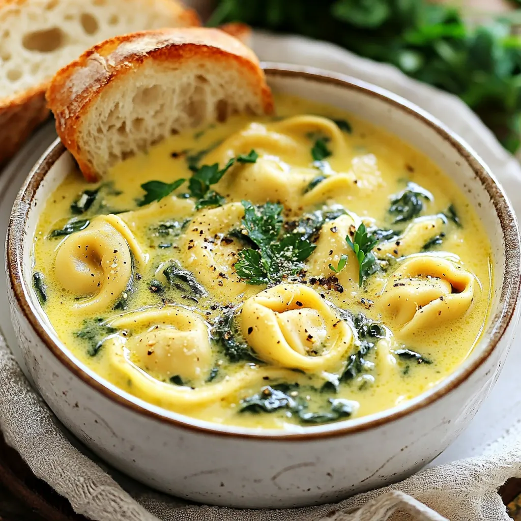 To make a tasty creamy spinach tortellini soup, you will need: - 2 tablespoons olive oil - 1 medium onion, diced - 3 cloves garlic, minced - 4 cups vegetable broth - 1 package (9 oz) cheese tortellini - 2 cups fresh spinach, chopped - 1 cup heavy cream - 1 teaspoon Italian seasoning - Salt and pepper to taste - Fresh parsley, chopped (for garnish) These ingredients create a rich and flavorful soup. The cheese tortellini adds a nice texture, while the spinach gives it a fresh taste. If you have dietary needs, there are easy swaps you can make: - Use gluten-free tortellini for a gluten-free option. - Swap heavy cream for coconut milk for a dairy-free soup. - Try vegetable broth made from homemade stock for more flavor. These substitutions keep the soup delicious while fitting your diet. You will need a few basic tools to prepare this soup: - Large pot for cooking - Wooden spoon for stirring - Knife and cutting board for chopping - Measuring cups and spoons Having these tools ready makes cooking smooth and easy. Enjoy your cooking journey! {{ingredient_image_1}} To make creamy spinach tortellini soup, start by heating olive oil in a large pot. Use medium heat. Add your diced onion and sauté it for about five minutes. Wait until the onion is soft and clear. Then, add minced garlic and cook for one more minute. You want it to smell great! Next, pour in four cups of vegetable broth. Bring the broth to a boil. Add the cheese tortellini to the pot. Cook it as the package says, which is usually around three to four minutes. Once the tortellini is done, lower the heat. Stir in two cups of fresh spinach and one cup of heavy cream. Season the soup with one teaspoon of Italian seasoning. Add salt and pepper to taste. Mix it all well. Let it simmer for two to three more minutes. This will warm everything and blend the flavors. Taste your soup and adjust the seasoning if needed. Keep an eye on the tortellini while it cooks. Overcooking can make it mushy. Once it floats, it usually means it’s cooked. After adding spinach, just let it wilt. This takes only a minute. When you add the heavy cream, stir gently. You want it mixed well, but don’t boil it again. This keeps the cream smooth and tasty. If your soup is too thick, add a little more broth or water. Stir well to mix. If it's too thin, let it simmer longer. This helps it thicken up. If you find the soup bland, add more salt or Italian seasoning. Taste as you go to avoid overdoing it. Lastly, if the spinach looks wilted but not cooked, that's fine. It adds flavor and color. Enjoy your creamy spinach tortellini soup! To make your soup pop, use fresh herbs. Basil and thyme add fresh notes. Italian seasoning brings warmth and depth. Add salt and pepper to taste. Taste as you go. This way, you can find the perfect balance. For a rich texture, use heavy cream. It gives the soup a smooth mouthfeel. Stir in the cream gently after cooking the tortellini. This keeps it creamy without curdling. If you want a lighter option, try half-and-half or coconut milk. Serve the soup in warm bowls. This keeps it hot longer. Top with fresh parsley for color and flavor. A slice of crusty bread is great for dipping. Try pairing it with a simple salad for a complete meal. Pro Tips Use Fresh Ingredients: Fresh spinach and high-quality cheese tortellini will enhance the flavor and texture of your soup. Adjust Creaminess: For a lighter soup, you can substitute half-and-half or milk for the heavy cream, adjusting the richness to your preference. Flavor Boost: Add a squeeze of lemon juice just before serving for a fresh, zesty flavor that complements the creaminess. Make It Ahead: This soup can be made ahead of time; just add the spinach and cream just before serving to maintain freshness. {{image_2}} You can swap some ingredients to change the flavor. For a bolder taste, add sun-dried tomatoes. They bring a sweet and tangy flavor. You can also use different greens like kale or Swiss chard. Each green adds its own taste. If you want a spicy kick, mix in some red pepper flakes. This small change can transform your soup. To make this soup vegan, replace the cheese tortellini with a plant-based version. Use coconut milk instead of heavy cream. It adds creaminess and a hint of sweetness. You can also use vegetable broth for depth. Don't forget to check the labels to ensure all ingredients are vegan. This version is just as tasty and rich. If you want more protein, add cooked chicken or sausage. You can use shredded rotisserie chicken for ease. Just stir it in before serving. For sausage, cook it first before adding to the pot. It adds a hearty flavor to the soup. This makes the dish more filling and satisfying. To keep your creamy spinach tortellini soup fresh, store it in an airtight container. Allow the soup to cool down before sealing it. This prevents moisture buildup, which can lead to spoilage. Place the container in the fridge. If you plan to eat it later, you can freeze it. When you are ready to enjoy your soup again, reheat it gently. Pour it into a pot over low heat. Stir it often to prevent sticking. You might need to add a splash of broth or cream to keep it creamy. Heat until hot, but do not boil it. In the fridge, your soup lasts about 3 to 4 days. If you freeze it, it can last up to 2 to 3 months. To freeze, use a freezer-safe container. Leave some space at the top for expansion. When you want to eat it, thaw it overnight in the fridge before reheating. You can use whole milk or half-and-half for a lighter option. Coconut milk works too, giving a nice flavor. If you want a non-dairy choice, try cashew cream. Blend soaked cashews with water until smooth to get a creamy texture. Yes, you can use frozen tortellini. Just add it directly to the boiling broth. Frozen tortellini may take a minute or two longer to cook, so check the package for exact times. To add some heat, try adding red pepper flakes or a dash of hot sauce. You can also stir in some diced jalapeños for a fresh kick. Adjust the spice to match your taste. Yes, this soup can be made ahead of time. Just store it in the fridge without the cream. When you're ready to eat, heat it and stir in the cream for the best flavor and texture. Fresh parsley adds a nice touch and color. You can also sprinkle grated Parmesan cheese for extra flavor. A swirl of olive oil or a dash of chili oil can make it even better. Enjoy with a slice of crusty bread for dipping! This blog post covered everything you need to make a delicious spinach tortellini soup. We explored essential ingredients, suitable substitutions, and tools you'll need. I provided a step-by-step cooking guide along with tips to enhance flavor and texture. We also discussed variations to try, storage methods, and answered common questions. Enjoy experimenting with your own twists on the recipe. With these insights, you can create a comforting and tasty meal every time.
