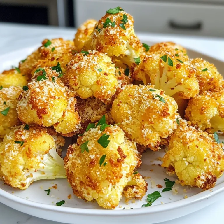 To make this tasty dish, you will need: - 1 medium head of cauliflower, cut into florets - 1 cup breadcrumbs (panko for extra crispiness) - 1/2 cup grated Parmesan cheese - 2 teaspoons garlic powder - 1 teaspoon paprika - 1/2 teaspoon black pepper - 1/2 teaspoon salt - 2 large eggs - 1/4 cup milk (dairy or plant-based) - Fresh parsley, chopped (for garnish) These ingredients create a great base for crispy cauliflower. The key is the panko breadcrumbs and Parmesan cheese, which give the florets that delightful crunch. You can add more flavor with these extras: - Lemon zest for a bright taste - Cayenne pepper for heat - Onion powder for depth These options can make your dish more exciting. Feel free to mix and match based on your taste. If you need to switch any ingredients, here are some ideas: - Use nutritional yeast instead of Parmesan for a vegan option. - Substitute egg with a flax egg (1 tablespoon flaxseed meal + 2.5 tablespoons water). - Choose gluten-free breadcrumbs if you need a gluten-free dish. These substitutions ensure everyone can enjoy this recipe. Remember, cooking is all about finding what works for you! {{ingredient_image_1}} Start by cutting your medium head of cauliflower into small florets. Aim for even sizes so they cook the same. Rinse them under cold water and dry them well with a clean towel. This helps the coating stick better. Preheat your air fryer to 375°F (190°C) while you work on the next steps. In a large bowl, combine breadcrumbs, grated Parmesan cheese, garlic powder, paprika, black pepper, and salt. Mix these ingredients well. In a separate bowl, whisk together the eggs and milk until smooth. Take each cauliflower floret and dip it into the egg mixture. Let any extra egg drip off. Then, coat it in the breadcrumb mix. Press lightly to make sure it sticks. This double-dipping helps create a crispy texture. Place the coated florets in the air fryer basket in a single layer. If your air fryer is small, cook in batches. Air fry the cauliflower for 15-20 minutes. Halfway through, shake the basket to turn the florets for even cooking. They should turn golden brown and crispy when ready. Once done, remove them carefully and transfer to a serving dish. Garnish with chopped fresh parsley for a nice touch before serving. Enjoy this easy and tasty treat! To get your cauliflower crispy, make sure you use panko breadcrumbs. They create a great crunch. Keep your florets dry before coating them. Too much moisture makes them soggy. When you coat them, press the breadcrumb mix on gently. This helps it stick well. Air frying at 375°F (190°C) is key. Don’t overcrowd the basket; give them space to breathe. Shake the basket halfway through cooking for even crispiness. One common mistake is skipping the egg wash. The egg helps the breadcrumbs stick better. Another error is not preheating the air fryer. This step is vital for even cooking. Also, avoid using regular breadcrumbs; they won’t give the same crunch. If you don’t shake the basket, some florets may not cook evenly. Lastly, don’t rush the cooking time; let them fry until golden brown. Crispy air fryer cauliflower is great on its own, but you can make it even better. Try serving it with a spicy dipping sauce like sriracha mayo. It also pairs well with ranch or garlic aioli. For a full meal, serve it alongside grilled chicken or fish. You can make a fun cauliflower bowl with grains, greens, and your favorite protein. Garnish with fresh parsley for added flavor and color. Pro Tips Choose Fresh Cauliflower: Select a medium head of cauliflower that is firm and has tightly packed florets for the best texture and flavor. Use Panko Breadcrumbs: Opt for panko breadcrumbs instead of regular breadcrumbs to achieve an extra crispy coating. Preheat the Air Fryer: Make sure to preheat your air fryer to ensure even cooking and optimal crispiness of the cauliflower. Don’t Overcrowd the Basket: Air fry in batches if necessary; overcrowding can lead to uneven cooking and soggy florets. {{image_2}} To make a spicy version, add heat to your cauliflower. Mix in 1-2 teaspoons of cayenne pepper with the breadcrumbs. This gives your dish a nice kick. You can also toss the cooked florets in a spicy sauce. Try sriracha or buffalo sauce for extra flavor. The crunch pairs well with the heat. For a cheesy twist, increase the Parmesan to 3/4 cup. Add 1 teaspoon of garlic powder to the breadcrumb mix. You can also sprinkle some shredded mozzarella on top after cooking. Return the cauliflower to the air fryer for an extra 2-3 minutes. The cheese will melt and create a delicious layer. For a vegan-friendly option, swap the eggs and milk with plant-based choices. Use a flax egg made from 1 tablespoon of ground flaxseed and 2.5 tablespoons of water. Let it sit for a few minutes to thicken. You can also use almond or oat milk in place of dairy milk. This keeps the crispy texture while being plant-based. Store any leftover crispy cauliflower in an airtight container. Make sure it cools first. Keep it in the fridge for up to three days. You can also place parchment paper between layers to keep it crispy. To reheat, use the air fryer again. Set it to 350°F (175°C). Heat for about 5 to 7 minutes. This helps maintain the crunch. You can also use an oven at the same temperature. Just keep an eye on it to avoid sogginess. For freezing, let the cooked cauliflower cool completely. Place it in a freezer-safe bag or container. Make sure to remove as much air as possible. It can last for up to three months in the freezer. When ready to eat, thaw it in the fridge overnight. Reheat in the air fryer for best texture. Yes, you can make crispy air fryer cauliflower without eggs. Use a mix of flour and water instead. This helps the breadcrumbs stick well. You can also use a plant-based milk for a lighter option. The result is still crunchy and tasty. To keep your cauliflower crispy, make sure to dry it well. Pat the florets with a paper towel after washing. Avoid overcrowding the air fryer basket. Give each piece space to cook evenly. Shaking the basket halfway through helps too. This keeps the heat flowing around the cauliflower. Crispy cauliflower tastes great with many dips. Here are some ideas: - Ranch dressing for a classic choice. - Spicy mayo adds a nice kick. - Buffalo sauce gives it a bold flavor. - Sweet chili sauce offers a tasty contrast. Try different dips to find your favorite! This guide showed you how to make crispy air fryer cauliflower. We covered key ingredients, prepping methods, and cooking tips for the best results. I shared tasty variations and smart storage options. Remember to avoid common mistakes for perfect texture. Enjoy your crunchy bites with your favorite dips. Now, get cooking and delight in this easy, flavorful dish!