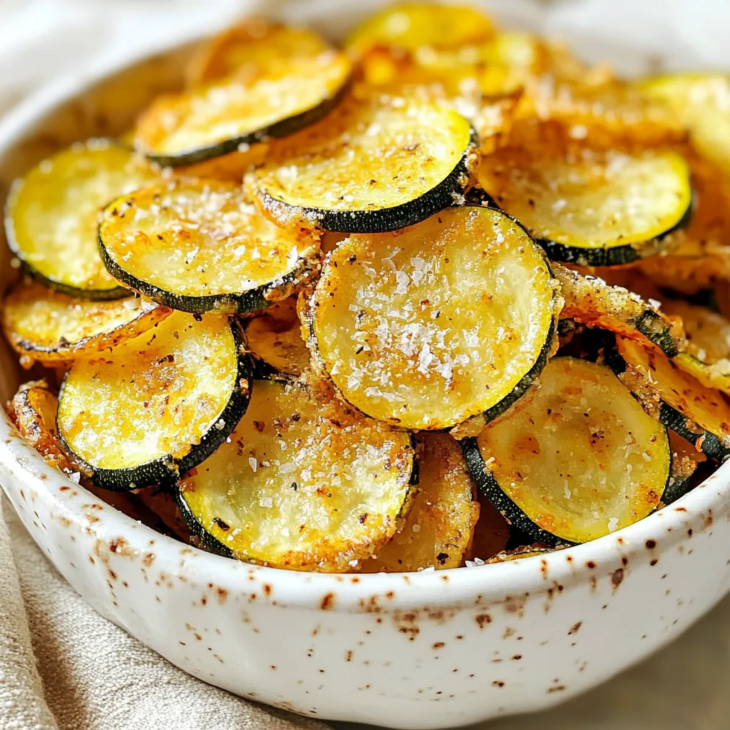 To make these tasty Garlic Parmesan Zucchini Chips, you need a few simple ingredients. Here’s what you will need: - 2 medium zucchinis - 1 cup grated Parmesan cheese - 1 teaspoon garlic powder - 1 teaspoon onion powder - ½ teaspoon paprika - Salt and pepper to taste - 1 tablespoon olive oil - Cooking spray These ingredients come together to create a crunchy and flavorful snack. The zucchinis provide a light base. The Parmesan adds a savory kick. Garlic and onion powder give it a nice depth, while paprika adds a hint of warmth. The olive oil helps the chips crisp up perfectly in the oven. When you gather these items, you set yourself up for a delicious treat. I love the mix of textures and flavors. The chips are not just healthy; they are also fun to make! {{ingredient_image_1}} 1. First, preheat your oven to 225°F (110°C). While it heats, line a baking sheet with parchment paper. This helps prevent sticking and makes cleanup easy. 2. Next, wash and dry the zucchinis. Use a mandoline slicer or a sharp knife to cut them into thin slices, about 1/8 inch thick. Thin slices will yield the best crunch. 3. Now, prepare the seasoning mixture in a bowl. Combine 1 cup of grated Parmesan cheese, 1 teaspoon of garlic powder, 1 teaspoon of onion powder, ½ teaspoon of paprika, and salt and pepper to taste. Mix well until all ingredients blend. 1. Place the zucchini slices in a large bowl. Drizzle 1 tablespoon of olive oil over them. This step adds flavor and helps the coating stick. 2. Toss gently to coat each slice with olive oil. Ensure every slice is covered for maximum taste. 3. Sprinkle the Parmesan mixture over the zucchini slices. Toss again to ensure all slices are evenly coated with the seasoning. 1. Arrange the zucchini slices in a single layer on the prepared baking sheet. Make sure they don’t overlap. Overlapping may cause uneven cooking and soggy chips. 2. Lightly spray the tops of the zucchini slices with cooking spray. This helps promote crisping during baking. 3. Bake in the preheated oven for about 2 hours. Flip the chips halfway through to ensure they cook evenly. Look for a golden brown color and a crispy texture. Once done, let them cool for a few minutes to enhance crispiness. To make your zucchini chips crispy, slice them thin. Aim for about 1/8 inch thick. Thin slices allow for even cooking and a better crunch. If they are too thick, they may end up soggy. Set your oven to 225°F (110°C). This low temperature helps dry the zucchini slowly, avoiding burnt edges. Baking at a lower heat for a longer time creates the perfect crispy texture. For a great presentation, serve the chips in a basket. Line it with parchment paper for a rustic look. This adds charm and keeps the chips from getting soggy. Pair your zucchini chips with a tasty dip. A zesty ranch or garlic aioli works wonders. These flavors complement the garlic and cheese perfectly. One common mistake is overlapping the slices. Make sure each slice lays flat on the baking sheet. Overlapping leads to uneven cooking and soggy chips. Also, prepare your baking sheet well. Line it with parchment paper to prevent sticking. This easy step keeps your chips intact and makes cleanup a breeze. Pro Tips Slice Uniformly: Ensure all zucchini slices are cut to the same thickness for even baking and consistent crispiness. Use Fresh Ingredients: For the best flavor, opt for freshly grated Parmesan cheese rather than pre-packaged varieties. Season to Taste: Adjust the seasoning according to your preference; add more garlic powder or spices for a bolder flavor. Monitor Baking Time: Keep an eye on the chips towards the end of baking, as ovens may vary and they can burn quickly. {{image_2}} You can easily change the taste of your Garlic Parmesan Zucchini Chips. Adding different seasonings can make a big difference. Italian herbs like oregano or basil add a fresh taste. You could also try a pinch of red pepper flakes for some heat. Switching up the cheese can also enhance the flavor. Instead of Parmesan, consider using cheddar or even a spicy pepper jack. Each cheese brings its unique taste to the chips. Experiment with what you like best! If you want to make these chips faster, use an air fryer. Set it to 375°F (190°C) and fry for about 15 minutes. Shake the basket halfway through for even cooking. You’ll get crispy chips in less time! You can also adjust oven temperatures. If you want quicker chips, try 300°F (150°C) for about one hour. Just keep an eye on them to make sure they don’t burn. Zucchini chips are not just a snack! You can use them as salad toppings. They add a nice crunch and flavor to your greens. Incorporating them into other dishes is also fun. Try using them in wraps or as a side with your favorite dip. They make any meal more interesting! To store leftover garlic Parmesan zucchini chips, let them cool completely. Place the chips in an airtight container. This helps keep them fresh. Store them in the fridge. They can last up to three days. The chips may lose some crispness, but they will still taste good. To reheat the chips, use the oven for the best results. Preheat your oven to 350°F (175°C). Spread the chips on a baking sheet. Heat them for about 5 to 10 minutes. This method helps maintain their crunchiness. You can also use an air fryer if you have one. Set it to 350°F for about 3 to 5 minutes. Yes, you can freeze zucchini chips! To freeze, let them cool fully. Arrange them in a single layer on a baking sheet. Place the sheet in the freezer for one hour. This will help them freeze separately. Once frozen, transfer the chips to a freezer bag. Remove as much air as you can before sealing. When you’re ready to eat them, thaw in the fridge overnight. Reheat in the oven or air fryer to restore crispiness. Garlic Parmesan Zucchini Chips are a tasty snack made from thinly sliced zucchini. They have a crunchy texture and a savory flavor. The garlic powder and Parmesan cheese give them a strong, rich taste. When baked, they turn golden brown and crispy. You can enjoy them on their own or with a dip, like ranch or garlic aioli. They make a great alternative to regular chips. Yes, you can easily make Garlic Parmesan Zucchini Chips gluten-free. Just ensure that the Parmesan cheese you use is labeled gluten-free. Most brands are safe, but it's good to check. You can also try using gluten-free breadcrumbs if you want extra crunch. This way, you keep all the flavor without any gluten. You’ll know the chips are done when they turn golden brown and feel crispy to the touch. It takes about 2 hours at 225°F (110°C). Make sure to flip the chips halfway through baking for even crispiness. Let them cool for a few minutes after baking. This helps them become even crunchier. Yes, you can use other vegetables to make chips. Try using sweet potatoes, carrots, or beets. Just slice them thinly, like the zucchini, and adjust the baking time as needed. Each vegetable will bring a unique flavor and texture, so feel free to experiment! You’ve learned how to make delicious garlic Parmesan zucchini chips, using simple steps and common ingredients. Remember to slice your zucchinis evenly for the best crispiness. Try different seasonings and cheeses to find your favorite flavor. Don’t forget the tips for storing and reheating to keep them tasty. With the right techniques, you can make a great snack or side dish any time. Enjoy your cooking and share these crispy treats with friends and family!