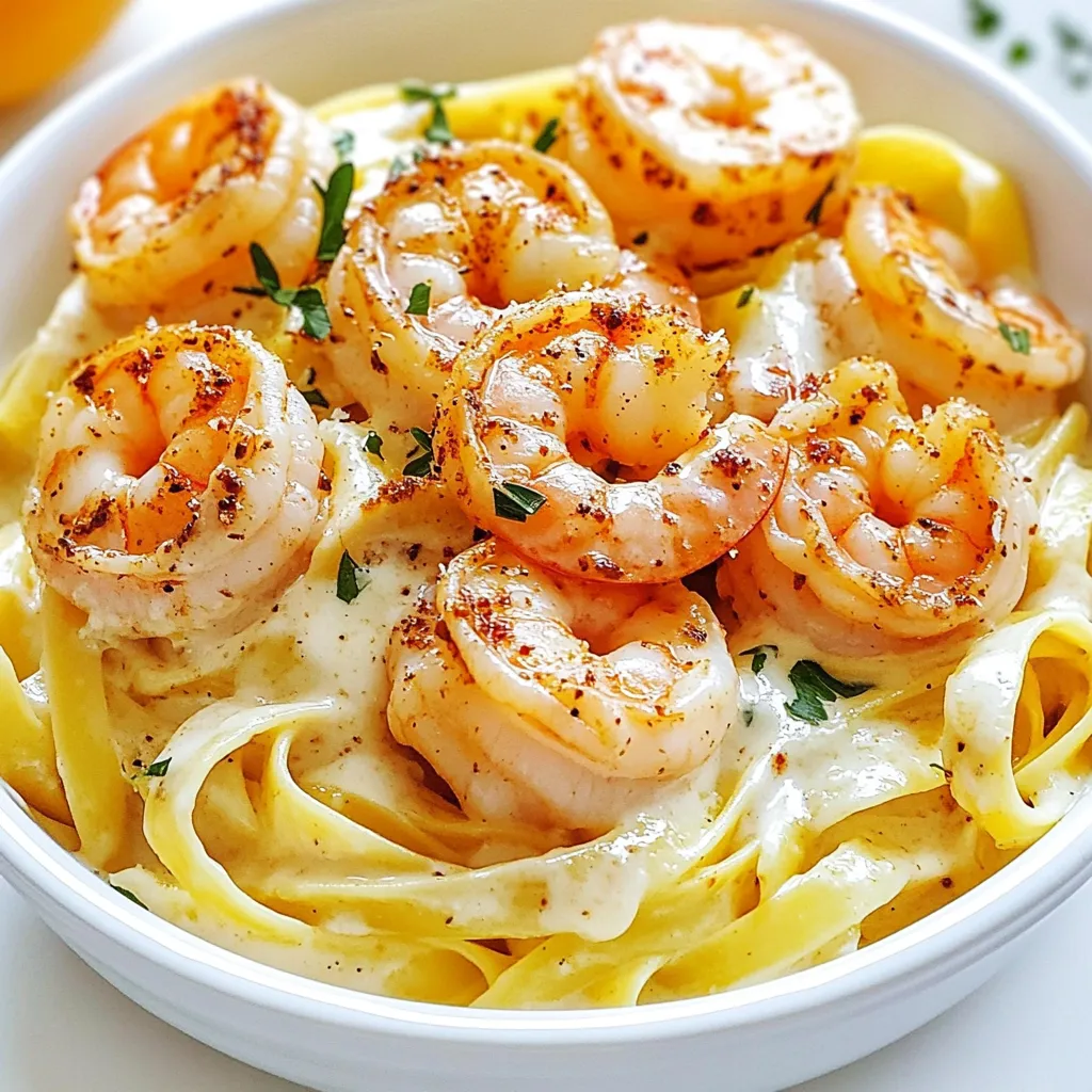 - 12 oz fettuccine pasta - 1 lb large shrimp, peeled and deveined - 2 tablespoons Cajun seasoning - 3 tablespoons olive oil - 2 cloves garlic, minced - 1 cup heavy cream - 1 cup grated Parmesan cheese - 1/2 cup chicken broth - Salt and pepper to taste - Fresh parsley, chopped for garnish To create a tasty Cajun Shrimp Alfredo, gather the right ingredients. Start with 12 ounces of fettuccine pasta for a hearty base. You need one pound of large shrimp, already peeled and deveined. The Cajun seasoning brings heat and flavor, so use two tablespoons. For cooking, have three tablespoons of olive oil ready. You will also need two cloves of minced garlic to add depth. One cup of heavy cream makes the sauce rich. One cup of grated Parmesan cheese adds creaminess and a cheesy kick. A half cup of chicken broth helps to balance the sauce. Finally, season with salt and pepper to taste. Garnish your dish with fresh parsley for a pop of color and freshness. With these ingredients, you will make a dish that is both simple and flavorful. Each component plays an important role, making every bite delicious. Enjoy the process of gathering these items. The right ingredients will set the stage for a fantastic meal! {{ingredient_image_1}} - First, fill a large pot with water. Add a generous amount of salt. - Bring the water to a full boil. This step is key for flavor. - Add 12 oz of fettuccine pasta. Cook it until al dente, usually 8-10 minutes. - Once cooked, drain the pasta. Reserve 1/2 cup of the pasta water for later. - In a medium bowl, take 1 lb of shrimp. Make sure they are peeled and deveined. - Toss the shrimp with 2 tablespoons of Cajun seasoning. Coat them well. - Heat 2 tablespoons of olive oil in a large skillet over medium-high heat. - Add the seasoned shrimp. Sauté for about 2-3 minutes on each side. - Cook until shrimp turn pink and opaque. Remove them from the skillet and set aside. - In the same skillet, add another tablespoon of olive oil. - Toss in 2 cloves of minced garlic. Sauté for 30 seconds until fragrant. - Pour in 1/2 cup of chicken broth and 1 cup of heavy cream. Stir well to combine. - Bring this mixture to a simmer for about 2-3 minutes. - Gradually whisk in 1 cup of grated Parmesan cheese. Let it melt to form a smooth sauce. - If the sauce seems too thick, add reserved pasta water a little at a time. - Add the cooked fettuccine and the sautéed shrimp back into the skillet. - Toss everything together until the pasta and shrimp are well coated with the sauce. - Taste and adjust the seasoning with salt and pepper as needed. To get the perfect shrimp texture, start with large shrimp. They cook quickly and stay juicy. When seasoning, coat the shrimp well with Cajun seasoning. This brings out their flavor. Sauté shrimp for just 2-3 minutes per side. Watch for them to turn pink and opaque. This means they are done. If your sauce is too thick, don’t worry! Use the reserved pasta water to adjust the consistency. Add a little at a time until you reach your desired creaminess. The sauce should coat the pasta without being too heavy. For visual appeal, serve Cajun Shrimp Alfredo in shallow bowls. The wide surface shows off the colorful dish. Sprinkle fresh parsley on top for a pop of green. This adds freshness and looks nice. You can also add an extra sprinkle of Parmesan. It enhances the flavors and makes the dish feel special. Consider serving with a slice of garlic bread or a simple salad on the side. These make a great balance to the rich pasta. Pro Tips Perfectly Cooked Pasta: Always cook your pasta al dente for the best texture. It should have a slight bite to it that complements the creamy sauce. Shrimp Searing: Ensure your skillet is hot enough before adding the shrimp. This will give them a nice sear and enhance their flavor. Cheese Quality Matters: Use freshly grated Parmesan cheese instead of pre-grated versions for a creamier sauce. The flavor and texture are significantly better. Adjusting Sauce Consistency: If your sauce is too thick, add the reserved pasta water gradually. This not only thins the sauce but also helps it adhere to the pasta. {{image_2}} You can swap the fettuccine for other pasta types. Penne or linguine works well too. If you want a fun twist, try using whole wheat or zucchini noodles. For proteins, shrimp is great, but chicken or sausage also shines in this dish. You can use grilled chicken for a lighter option. Andouille sausage adds a nice Cajun kick. Add vegetables to boost flavor and nutrition. Spinach wilts nicely into the sauce. Bell peppers add sweetness and color. You can sauté them with the shrimp for a tasty mix. Experiment with spice blends for different heat levels. You can use smoked paprika for a smoky flavor. Or try cayenne pepper to kick it up a notch. Want a lighter version? Swap heavy cream for half-and-half or Greek yogurt. This keeps that creamy texture but cuts the fat. If you're gluten-free, choose gluten-free pasta. Many brands make great alternatives that taste good. Look for options made from brown rice or chickpeas for added nutrition. To keep your Cajun Shrimp Alfredo fresh, store it in the fridge. Use an airtight container. This will help keep moisture in and flavors strong. If stored well, it lasts for up to three days. Make sure to let it cool to room temperature before sealing. Reheating pasta can be tricky. You want to keep it tasty and creamy. I find the best way is to use the stove. Place the pasta in a skillet over low heat. Add a splash of chicken broth or water to help it heat evenly. Stir often to avoid sticking. This way, you keep the pasta smooth and creamy. You can also use the microwave. Just cover the dish and add a bit of liquid. Heat in short bursts, stirring in between. This keeps the sauce from drying out. Enjoy your delicious leftovers! You can use half-and-half or whole milk. They will make the sauce thinner. If you want a richer taste, try using cream cheese or sour cream. These options will also add some tang and creaminess. Yes, you can prep a few parts in advance. Cook the pasta and shrimp separately, then store them. Keep them in the fridge for up to two days. When you are ready, warm the shrimp and pasta in the sauce. This keeps everything fresh and tasty. The spice comes from the Cajun seasoning. It can vary by brand. Usually, it has a nice kick but is not too hot. If you like more heat, add extra seasoning or some hot sauce. Adjust it to your taste! Great sides include garlic bread or a fresh salad. You could also serve roasted vegetables or steamed broccoli. These sides balance the rich flavors of the dish and keep your meal light. This blog post covers how to make a tasty Cajun Shrimp Alfredo. You learned about the key ingredients and their roles in the dish. We reviewed clear step-by-step instructions, cooking tips, and creative variations to suit your taste. Try these ideas to make this dish your own. With simple swaps, you can adjust flavors or make it lighter. Enjoy making this creamy pasta dish, and share your results with others! Cooking can be fun, so dive in and savor every bite.