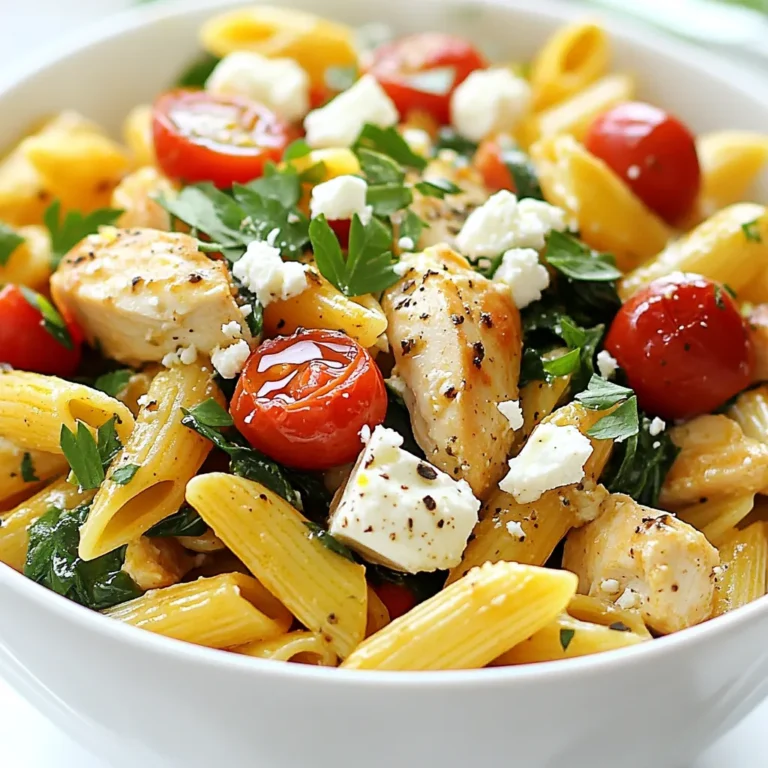 For a tasty Greek chicken pasta, you need fresh and vibrant ingredients. Here’s what you'll use: - Chicken and Pasta Components - 2 boneless, skinless chicken breasts, diced - 8 oz penne pasta - Vegetables and Seasonings - 1 cup cherry tomatoes, halved - 1 cup spinach, roughly chopped - 1/2 cup Kalamata olives, pitted and sliced - 2 cloves garlic, minced - 2 tablespoons olive oil - 1 tablespoon lemon juice - 1 teaspoon dried oregano - 1/2 teaspoon salt - 1/4 teaspoon black pepper - Toppings and Garnishes - 1/2 cup feta cheese, crumbled - Fresh parsley for garnish These ingredients bring bright flavors and textures. The chicken gives protein, while the pasta adds heartiness. Fresh veggies keep it healthy. The olives and feta add a salty punch. Each bite is a taste of the Mediterranean! {{ingredient_image_1}} Start by boiling water in a large pot. Add a pinch of salt to the water. Once it boils, add the penne pasta. Cook it according to the package's instructions. You want it to be al dente. This usually takes around 8 to 10 minutes. After cooking, drain the pasta and set it aside. In a large skillet, heat 2 tablespoons of olive oil over medium heat. Once hot, add 2 diced chicken breasts. Sprinkle in 1/2 teaspoon of salt and 1/4 teaspoon of black pepper. Cook the chicken for about 5 to 7 minutes. It should turn golden brown and cook all the way through. Next, add 2 cloves of minced garlic to the skillet. Cook it for 1 more minute until you smell the garlic. Now, toss in 1 cup of halved cherry tomatoes and 1 cup of chopped spinach. Cook everything together until the spinach wilts and the tomatoes soften. This should take about 2 to 3 minutes. Now it’s time to bring everything together. Add the cooked pasta to the skillet with the chicken and vegetables. Then, mix in 1/2 cup of sliced Kalamata olives and 1/2 cup of crumbled feta cheese. Sprinkle in 1 teaspoon of dried oregano and add 1 tablespoon of lemon juice. Toss everything well for about 2 minutes. This allows all the flavors to meld together. Once done, remove the skillet from heat. Serve it hot, garnished with fresh parsley. Enjoy your vibrant Greek chicken pasta! To get the best out of your Greek chicken pasta, timing is key. Cook the penne pasta in boiling salted water for about 10-12 minutes. Aim for al dente, which means slightly firm. For the chicken, cook it for 5-7 minutes in a hot skillet. You want it golden and fully cooked. Stir often to avoid burning. When you add the garlic and vegetables, keep cooking for just a few minutes. This brings out their flavors. This dish is great for lunch or dinner. You can serve it warm or at room temperature. I love adding extra Kalamata olives for a briny kick. Fresh lemon wedges on the side make it even better. You can pair it with a light salad for a balanced meal. A glass of white wine complements the flavors nicely too. To make your dish look fancy, use bowls instead of plates. First, add the pasta. Then, sprinkle extra feta cheese and parsley on top. A drizzle of olive oil adds shine. For a pop of color, place lemon wedges around the dish. This not only looks nice but also gives your guests a fresh burst of flavor when they squeeze the lemon juice over their serving. Pro Tips Marinate the Chicken: For extra flavor, marinate the diced chicken in olive oil, lemon juice, and oregano for at least 30 minutes before cooking. Use Fresh Ingredients: Opt for fresh spinach and ripe cherry tomatoes to enhance the overall taste and texture of the dish. Cook Pasta Al Dente: Ensure the penne pasta is cooked al dente, as it will continue to cook slightly when mixed with the hot chicken and vegetables. Garnish Creatively: Experiment with garnishes like toasted pine nuts or a sprinkle of red pepper flakes for an added crunch and kick. {{image_2}} If you want a meat-free meal, try swapping chicken with chickpeas. Use one can, drained and rinsed. This adds protein and keeps the dish hearty. You can also add more veggies like zucchini or bell peppers. They will give your pasta more color and taste. Just sauté them with garlic before adding the other ingredients. For a gluten-free version, choose gluten-free penne pasta. Many brands offer great options that taste good, too. You can also use spiralized veggies like zucchini or carrots. They are fun and healthy. Just cook them briefly before adding them to the mix. Feel free to mix in your favorite flavors. Try adding sun-dried tomatoes for a sweet touch. You can also toss in artichoke hearts or capers for a salty kick. For heat, add red pepper flakes or fresh chili. Don't forget to adjust the lemon juice to balance the flavors. The key is to make it your own! To store leftover Greek Chicken Pasta, first let it cool. Place it in an airtight container. Make sure to cover it tightly. This will help keep it fresh. Store it in the fridge for up to three days. You can also separate the chicken from the pasta if you like. When you're ready to eat the leftovers, reheating is easy. You can use a microwave or a stovetop. For the microwave, place the pasta in a bowl. Cover it with a damp paper towel to keep moisture. Heat for about 1-2 minutes. Stir halfway through to warm evenly. If using the stovetop, add a splash of water to the pan. Heat over low heat until warm, stirring often. Freezing Greek Chicken Pasta is also simple. First, let the dish cool completely. Then, portion it into freezer-safe containers. Leave some space at the top, as the pasta will expand. Seal the containers tightly and label them with the date. You can freeze it for up to two months. To defrost, place it in the fridge overnight before reheating. You can serve Greek Chicken Pasta with a fresh salad. A simple Greek salad works great. Just mix cucumbers, tomatoes, and olives. You can also add a side of garlic bread. This adds crunch and flavor. Another option is to serve with lemon wedges. They give a bright taste that balances the dish. Yes, you can use many types of pasta. Penne is great, but try rotini or fusilli too. These shapes hold sauce well. For a lighter option, use zucchini noodles or spaghetti squash. They add a nice twist to the dish. Just adjust cooking times as needed for fresh veggies. To spice it up, add red pepper flakes. Start with a pinch and taste it. You can also include diced jalapeños for heat. If you like sauces, try adding a spicy marinara. Another idea is to mix in some hot sauce. This gives a kick without changing much of the dish. This blog post covered everything you need for Greek Chicken Pasta. We listed key ingredients and shared simple steps for cooking. I offered tips for perfecting your dish and ideas for variations. You also learned how to store and reheat leftovers. Cooking can be fun and rewarding. With these insights, you can create a meal that impresses. Enjoy your cooking journey!