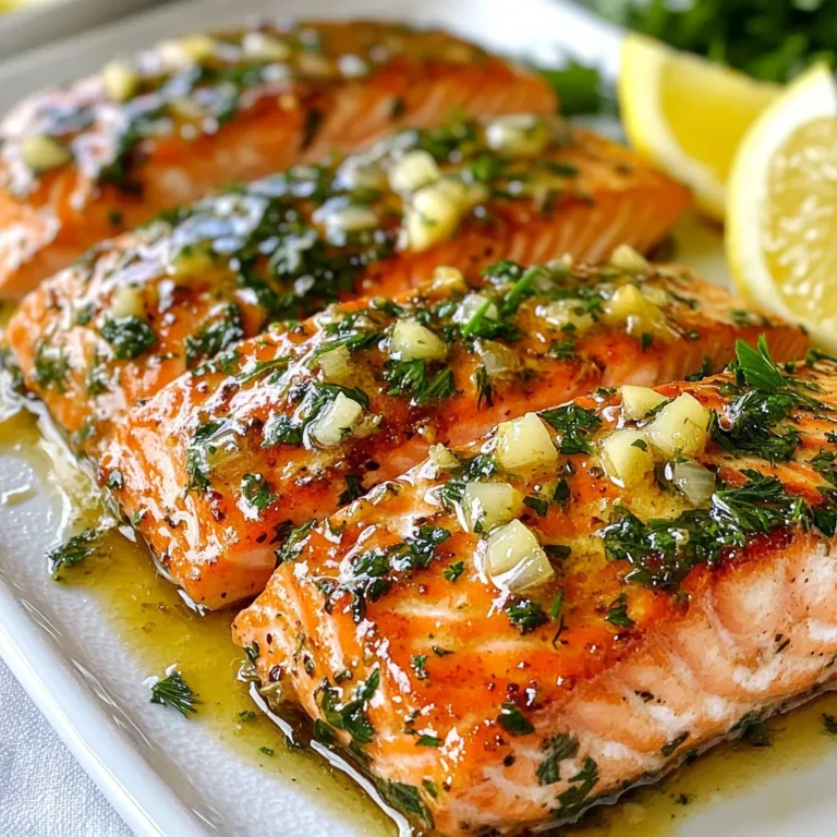 - 4 salmon fillets (6 ounces each) - 4 tablespoons unsalted butter - 5 cloves garlic, minced - 2 tablespoons fresh parsley, finely chopped - 2 tablespoons fresh dill, finely chopped - 1 tablespoon lemon juice - Salt and pepper, to taste - Lemon wedges, for serving For this garlic herb butter salmon, you need fresh and simple ingredients. Salmon fillets are the star. They should be fresh for the best taste. Use unsalted butter for a rich flavor. Garlic adds a nice punch that pairs well with the fish. Fresh herbs, like parsley and dill, bring brightness. A splash of lemon juice balances the dish. Don't forget salt and pepper to enhance all the flavors. Finally, lemon wedges give a fresh squeeze at the end. Enjoy your cooking! {{ingredient_image_1}} 1. Preheating the oven Start by preheating your oven to 400°F (200°C). This step is key for even cooking. 2. Melting the butter and sautéing garlic In a small saucepan, melt 4 tablespoons of unsalted butter over medium heat. Once melted, add 5 minced garlic cloves. Sauté them for 1-2 minutes until they smell great but do not turn brown. 3. Mixing in herbs and lemon juice Remove the pan from heat. Stir in 2 tablespoons of finely chopped parsley, 2 tablespoons of finely chopped dill, and 1 tablespoon of fresh lemon juice. Set this mix aside. 1. Placing salmon in the baking dish Pat 4 salmon fillets with a paper towel to remove moisture. Place them in a baking dish lined with parchment paper. 2. Seasoning the fillets Sprinkle salt and pepper on both sides of each salmon fillet. This adds flavor to the fish. 3. Pouring herb butter mixture over salmon Take the garlic herb butter mixture and pour it evenly over the seasoned salmon. Make sure to cover each piece well. 4. Baking time and doneness tips Bake the salmon in your preheated oven for 12-15 minutes. The fish is done when it flakes easily with a fork. 1. Resting the salmon Once baked, remove the salmon from the oven. Let it rest for a couple of minutes. This helps keep the fish moist. 2. Accompaniments and garnishing tips Serve the salmon with lemon wedges on the side. You can also add a bed of sautéed spinach or roasted veggies for a colorful plate. Garnish with extra fresh herbs for a nice touch. - Ensuring perfect doneness: Cook salmon until it flakes easily with a fork. This usually takes 12-15 minutes at 400°F. Always check it a bit early to avoid overcooking. - Flavor enhancements: Add a splash of white wine to the garlic butter for depth. You can also try different herbs like thyme or basil for a twist. - Plating ideas: Serve salmon on a bed of sautéed spinach or beside colorful roasted veggies. This makes a beautiful plate that pleases the eye. - Garnishing with herbs: Scatter fresh herbs like parsley or dill over the fish before serving. This adds color and freshness to your dish. - Overcooking salmon: Keep a close eye on the time. Overcooked salmon becomes dry and tough. Trust your fork to check for flakiness. - Skipping seasoning: Don’t skip the salt and pepper. They help enhance the natural flavor of the salmon. A little seasoning goes a long way in making the dish pop. Pro Tips Fresh Ingredients: Always use fresh herbs and high-quality salmon for the best flavor. Don’t Overcook: Keep an eye on the salmon while it bakes; it should be just cooked through and flake easily. Customize Your Herbs: Feel free to mix and match herbs based on your preference; tarragon or chives work beautifully too. Serve Immediately: For the best taste and texture, serve the salmon right after it comes out of the oven. {{image_2}} You can change the flavor of your garlic herb butter salmon by using different fresh herbs. Try basil, thyme, or cilantro for a fresh twist. Each herb adds a unique taste. You can also mix herbs for more complex flavors. For example, combine parsley and thyme. This adds depth and freshness that makes the dish even better. Another option is to use spice blends. Adding a pinch of smoked paprika or Italian seasoning can elevate your salmon. These blends give a nice kick and can change the whole flavor profile. Just remember to balance the herbs with the spices to keep the flavor bright and fresh. You can cook salmon in several ways: grilling, baking, or pan-searing. Grilling gives a smoky flavor and crispy edges. Just be sure to oil the grill grates to prevent sticking. Baking is easy and hands-off. It keeps the salmon moist and tender. The oven cooks it evenly, making it simple to get perfect doneness. Pan-searing is another great option. It gives a nice crust on the outside, while keeping the inside juicy. Start on the stovetop and finish in the oven for the best of both worlds. This method can make your garlic herb butter salmon feel gourmet with just a little extra effort. Adding vegetables can make your dish more colorful and healthy. Try asparagus, bell peppers, or cherry tomatoes. These veggies roast well and add flavor. You can place them around the salmon in the baking dish. They soak up the garlic herb butter and create a great side. For more protein options, consider using chicken or shrimp. Both can work well with the garlic herb butter. Chicken needs a bit longer to cook, so adjust your time. Shrimp cooks quickly, so add it near the end to prevent overcooking. This way, you can enjoy different proteins while keeping the same tasty garlic herb butter flavor. After you enjoy your garlic herb butter salmon, store leftovers right away. Place them in an airtight container. This keeps the salmon fresh. You can store it in the fridge for up to three days. Make sure it cools to room temperature before sealing it. If you want to save it longer, freezing is an option. Wrap the salmon tightly in plastic wrap. Then place it in a freezer bag or container. It can last up to three months in the freezer. Label the bag with the date. To reheat salmon, avoid the microwave if possible. It can dry out the fish. Instead, use the oven for the best results. Preheat the oven to 350°F (175°C). Place the salmon on a baking sheet. Cover it with foil to keep moisture in. Heat for about 10-15 minutes until warm. You can also use a skillet. Heat it over medium heat and add a bit of butter. Once the butter melts, add the salmon. Cook for a few minutes on each side. This method helps keep the flavor and texture. Enjoy your salmon just as tasty as when it was fresh! How do I know when salmon is cooked? You can tell salmon is cooked when it flakes easily with a fork. The flesh should change from a bright pink to a more opaque color. A good tip is to check the thickest part of the fillet. If it is opaque and separates easily, your salmon is ready! Using an instant-read thermometer, you can also check for a temperature of 145°F (63°C) for safe eating. Can I use frozen salmon? Yes, you can use frozen salmon. Just make sure to thaw it first. You can do this overnight in the fridge or quickly in cold water. If you bake it from frozen, add a few extra minutes to the cooking time. This way, it will cook evenly without drying out. What to serve with garlic herb butter salmon? Garlic herb butter salmon pairs well with many sides. I recommend serving it with sautéed spinach or roasted vegetables. You can also add a fresh salad or some fluffy rice. Lemon wedges on the side add a nice touch. They give a burst of flavor when squeezed over the top. How to adjust the recipe for different servings? To adjust the recipe, simply change the number of salmon fillets. For example, if you need to serve six, use six fillets and increase the butter and herbs in the same ratio. If you want to serve two, just halve the ingredients. This makes it easy to scale depending on your needs. Baking salmon with garlic and herbs is simple and tasty. I shared key ingredients, steps, and tips to make this dish shine. Remember to check doneness and avoid overcooking. Feel free to experiment with different herbs and cooking methods for variety. Proper storage will keep your leftovers fresh. Enjoy your cooking journey and relish each bite of your flavorful salmon.