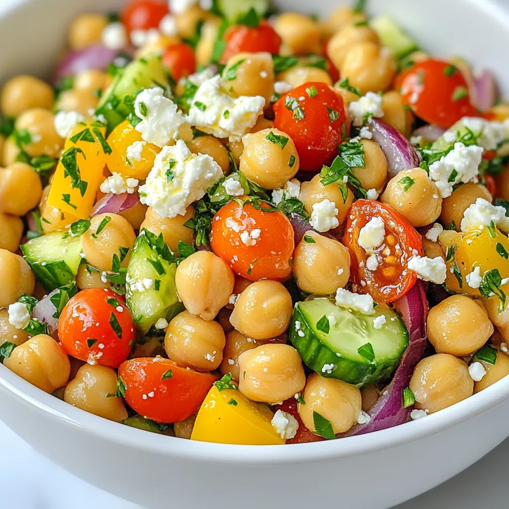 - 1 can (15 oz) chickpeas, drained and rinsed - 1 cup cherry tomatoes, halved - 1 cucumber, diced - 1 bell pepper (any color), diced - 1/2 red onion, finely chopped - 1/4 cup Kalamata olives, pitted and sliced - 1/4 cup feta cheese, crumbled (optional) - 1/4 cup fresh parsley, chopped Chickpeas are the star of this dish. They are packed with protein and fiber. Fresh vegetables add crunch and color. Cherry tomatoes bring sweetness, while cucumbers cool the mix. Bell peppers add a sweet bite. Red onion gives a sharp taste. Kalamata olives add a salty kick. Feta cheese, if used, adds creaminess. Fresh parsley brightens the salad. - 3 tablespoons olive oil - 2 tablespoons lemon juice - 1 teaspoon dried oregano - Salt and pepper to taste The dressing is simple yet tasty. Olive oil provides a rich base. Lemon juice adds zing and freshness. Dried oregano gives a classic Mediterranean flavor. Use salt and pepper to enhance the taste. - Serve the salad chilled or at room temperature. - Pair it with pita bread or grilled chicken for a full meal. - Enjoy it as a light lunch or a side dish at dinner. This salad looks great in a bowl. The colors pop, making it inviting. You can add extra olives or cheese for a twist. {{ingredient_image_1}} Combining the ingredients Start by rinsing and draining one can of chickpeas. Place the chickpeas in a large mixing bowl. Next, add one cup of halved cherry tomatoes, one diced cucumber, and one diced bell pepper. Toss in half a finely chopped red onion and a quarter cup of sliced Kalamata olives. If you like, fold in a quarter cup of crumbled feta cheese and a quarter cup of chopped fresh parsley. Mix everything gently to combine. Making the dressing In a small bowl, whisk together three tablespoons of olive oil, two tablespoons of lemon juice, and one teaspoon of dried oregano. Add salt and pepper to taste. This dressing will brighten up the salad and bring all the flavors together. Tossing the salad Pour the dressing over the salad ingredients. Use a spatula to toss everything gently. Make sure every piece is coated in that tasty dressing. This step is key to ensure every bite is full of flavor. Allowing to rest After tossing, let the salad sit for about ten minutes. This resting time helps the flavors meld together. It also allows the vegetables to soak up the dressing, making each bite even more delicious. Presentation tips When ready to serve, you can plate the salad in a large bowl. For a nice touch, sprinkle some extra feta and parsley on top. You can also serve it in individual bowls for a more personal feel. Recommended serving size This recipe serves four people. It makes a great side dish or a light main meal. Enjoy it with some crusty bread or as part of a picnic spread. Fresh ingredients make a big difference. Use ripe cherry tomatoes and crisp cucumbers. Look for bright bell peppers and fresh parsley. Rinse your chickpeas well to remove extra salt. This keeps your salad light and tasty. When mixing, use a large bowl. Gently fold in the ingredients. This helps keep the veggies whole. You want nice bites, not mush. Feel free to add or swap ingredients. You can use other beans like black beans or kidney beans. Add some avocado for creaminess. If you like heat, toss in jalapeños. They give a nice kick! Adjust your seasonings to match your taste. Add more lemon juice for tang. Or sprinkle in extra dried oregano for more flavor. You can make this salad ahead of time. It tastes even better after sitting for a while. Let the flavors meld together in the fridge. Store your salad in an airtight container. It lasts about 3 days. If you want to keep it longer, store dressings separately. This keeps your salad fresh and crunchy. Pro Tips Use Fresh Ingredients: Whenever possible, opt for fresh vegetables and herbs to enhance the flavor and nutritional value of your salad. Chill Before Serving: For an even more refreshing taste, refrigerate the salad for 30 minutes before serving. This allows the flavors to blend beautifully. Customize Your Salad: Feel free to add other ingredients like avocado, arugula, or even grilled chicken for additional flavor and protein. Keep it Vegan: If you're vegan, simply omit the feta cheese or replace it with a plant-based alternative to keep the dish dairy-free. {{image_2}} You can change the base of your Mediterranean chickpea salad. Quinoa or couscous works great. They bring a nice texture and flavor. If you want a different twist, try using other beans. Black beans or kidney beans add a unique taste. Just make sure to drain and rinse them, too. To boost the flavor, add spices or herbs. Try cumin or fresh basil for a twist. You can also mix in different cheeses. Goat cheese or mozzarella can make this salad even tastier. Just remember to crumble or slice them small for even distribution. You can adapt this salad for each season. In summer, add fresh corn or ripe peaches. These ingredients make it light and refreshing. For fall, consider roasted sweet potatoes or butternut squash. They add warmth and richness to the dish. Embrace what’s fresh and in season for the best flavors! To keep your Mediterranean chickpea salad fresh, use the right storage methods. Place the salad in an airtight container. This helps keep air out and flavors in. Glass containers work best, but BPA-free plastic ones are fine too. Make sure the container is clean and dry before adding your salad. How long can it stay in the fridge? When stored well, your salad can last up to three days. After that, it may lose its crunch and taste. Look for signs of spoilage. If the salad smells sour or the veggies look mushy, it's time to toss it. Always trust your nose and eyes! Can you freeze chickpea salad? Freezing is not the best choice for this salad. It can change the texture of the veggies and make them mushy. However, you can freeze the components. For example, freeze the chickpeas and the dressing separately. To freeze, place them in freezer-safe bags. Squeeze out air and seal tightly. When ready to use, thaw in the fridge overnight. Mix everything fresh when you're ready to enjoy! To make a vegan version, simply leave out the feta cheese. This salad still tastes great without it. You can add extra olives or avocado for creaminess. For dressings, try using tahini or a mix of olive oil and lemon juice. Both options keep the salad fresh and tasty. Yes, you can make this salad ahead of time! For best results, prepare the salad and store it in the fridge. This keeps it cool and crisp. The flavors mix well when it sits. I recommend letting it chill for at least an hour before serving. This allows the taste to deepen. Chickpeas pack a punch with protein and fiber. They help keep you full and satisfied. One cup offers about 15 grams of protein and 12 grams of fiber. They also provide vitamins and minerals, like iron and folate. Eating chickpeas can support heart health and digestion too. This blog post guided you through making a tasty Mediterranean chickpea salad. We explored the main ingredients, from chickpeas to fresh veggies. You learned how to prepare the dressing and assemble the salad. Tips helped you enhance flavors and keep it fresh for longer. Incorporating variations can add excitement to your meals. Remember, meal prep makes life easier. Enjoy creating your own versions, and don't be afraid to experiment. With these steps, you’ll serve a delicious dish that can impress anyone!
