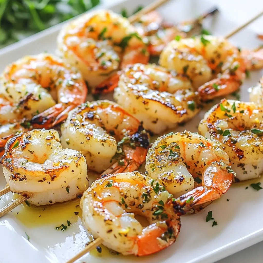 To make Garlic Herb Shrimp Skewers, gather these main ingredients: - 1 pound large shrimp, peeled and deveined - 4 tablespoons olive oil - 4 cloves garlic, minced - 1 teaspoon smoked paprika - 1 teaspoon dried oregano - 1 teaspoon dried thyme - 1 teaspoon lemon zest - Salt and pepper to taste - Fresh parsley, chopped (for garnish) - 10-12 wooden or metal skewers These ingredients create a tasty marinade that brings out the shrimp's natural flavor. The combination of olive oil and garlic makes the shrimp juicy. The spices add depth and warmth. You can add more flavors to your skewers. Here are some optional ingredients: - Red pepper flakes for heat - Fresh lemon juice for added tang - Baby tomatoes for color and sweetness - Bell peppers for crunch These extras enhance the dish. They make the skewers even more appealing and delicious. To make this dish, you will need a few kitchen tools: - A large mixing bowl for the marinade - Whisk for mixing - Skewers (wooden or metal) for grilling - Grill or grill pan for cooking - Tongs for flipping the skewers These tools help with preparation and cooking. They ensure you can easily assemble and grill the shrimp skewers. {{ingredient_image_1}} If you use wooden skewers, soak them in water. This step keeps them from burning. Soak them for at least 30 minutes. If you forget to soak, you can use metal skewers instead. In a large bowl, combine the olive oil and minced garlic. Add smoked paprika, oregano, thyme, and lemon zest. Mix in salt and pepper to taste. Whisk everything together until it blends well. This marinade gives the shrimp great flavor. Add the peeled and deveined shrimp to the bowl. Toss them gently in the marinade. Make sure all shrimp are well-coated. Let the shrimp sit for 15 to 20 minutes. This time allows the flavors to soak in. Preheat your grill to medium-high heat. Thread the marinated shrimp onto the skewers. Leave some space between each shrimp. Place the skewers on the hot grill. Cook for about 2 to 3 minutes on each side. The shrimp should turn pink and opaque. Once done, take the skewers off the grill. Let them rest for a few minutes before serving. To cook shrimp just right, keep an eye on the time. Shrimp cook fast. They need only 2-3 minutes on each side. When they turn pink and opaque, they are done. Overcooking makes them tough. Always use fresh shrimp when you can. Fresh shrimp taste better and have a firmer texture. To boost the taste, let the shrimp marinate. A soak in the garlic herb marinade for 15-20 minutes works wonders. The olive oil adds richness, while garlic brings depth. Smoked paprika gives a nice smoky kick. Don't forget the lemon zest! It adds brightness to the dish. You can also toss in a pinch of red pepper flakes for heat. Preheat the grill to medium-high heat for the best results. This helps the shrimp cook evenly. If using wooden skewers, soak them in water for 30 minutes. This keeps them from burning. When grilling, space the shrimp evenly on the skewers. This allows for even cooking. Flip the skewers carefully to avoid losing any shrimp. Let the skewers rest for a few minutes after grilling. This helps the juices settle back into the shrimp. Pro Tips Marinate Longer for Better Flavor: If you have time, let the shrimp marinate for up to 30 minutes. This allows the flavors to penetrate deeper, resulting in a more flavorful dish. Use Fresh Herbs: Whenever possible, opt for fresh herbs instead of dried. They will elevate the dish with a brighter and more vibrant flavor profile. Check for Doneness: Shrimp cook quickly; they are done when they turn pink and opaque. Overcooking can lead to a rubbery texture, so keep a close eye on them. Pair with a Dipping Sauce: Enhance your skewers by serving them with a complementary dipping sauce, such as a garlic aioli or a zesty lemon vinaigrette. {{image_2}} You can use other proteins for these skewers. Chicken works great. Cut it into bite-sized pieces. Beef or pork can also fit well. Just adjust the cooking time. Fish like salmon or tilapia adds a nice flavor. Make sure to marinate them just like shrimp. Feel free to mix up the herbs. Fresh basil or cilantro can brighten the dish. Try adding a pinch of red pepper flakes for heat. You might love the taste of fresh dill or chives too. Lemon thyme can add a nice twist. Each herb brings its charm, so experiment! Serve these skewers with a fresh salad. A simple green salad adds crunch. Grilled vegetables like bell peppers and zucchini pair well. You can also offer rice or couscous on the side. A light dipping sauce can enhance the dish too. Try a garlic aioli for a creamy touch. Enjoy your meal with a glass of chilled white wine for a complete experience! After enjoying your garlic herb shrimp skewers, you might have some left. Store them in an airtight container. Make sure to let them cool first. Place a paper towel inside to absorb extra moisture. This helps keep the shrimp fresh. Store in the fridge for up to three days. When it's time to eat your leftovers, reheating is key. The best way to reheat shrimp skewers is in a skillet. Heat the skillet on medium. Add a little olive oil and place the skewers in the pan. Cook for about 2-3 minutes on each side. This method keeps the shrimp juicy and tasty. You can also use the microwave, but be careful. Heat for only 30 seconds at a time. Check often to avoid overcooking. If you want to save shrimp skewers for later, freezing is a great option. First, let the skewers cool completely. Wrap them tightly in plastic wrap. Then, place them in a freezer bag. Remove as much air as possible to prevent freezer burn. You can freeze them for up to three months. When ready to enjoy, thaw in the fridge overnight. Reheat using the skillet method for the best flavor. You should marinate shrimp for 15 to 20 minutes. This time lets the shrimp soak up the flavors. If you marinate too long, the shrimp may become tough. Keep an eye on the time for the best taste. Yes, you can use frozen shrimp. Just make sure to thaw them first. Place the shrimp in the fridge overnight or run them under cold water. Once thawed, peel and devein them if needed. This will keep your shrimp fresh and tasty. Some great sides include: - Rice or quinoa for a hearty base - Grilled vegetables for a colorful plate - A fresh salad for crunch - Garlic bread for a fun twist These sides will balance the flavors of the shrimp and make your meal complete. To make this recipe gluten-free, simply check all your ingredients. Olive oil, garlic, and spices are gluten-free. Just ensure the skewers are safe too. If you use store-bought options, read labels to avoid gluten. Enjoy this dish without worry! In this blog post, we explored delicious garlic herb shrimp skewers. We covered key ingredients, including options for flavor. You learned how to prepare the skewers, make a tasty marinade, and grill them. I shared tips for perfect cooking and flavor tricks. We also discussed variations, storage, and common questions. Remember, these skewers are simple to make and super tasty. Enjoy experimenting with flavors and sharing them with others! Cooking should be fun and creative, so don't be afraid to try new things.