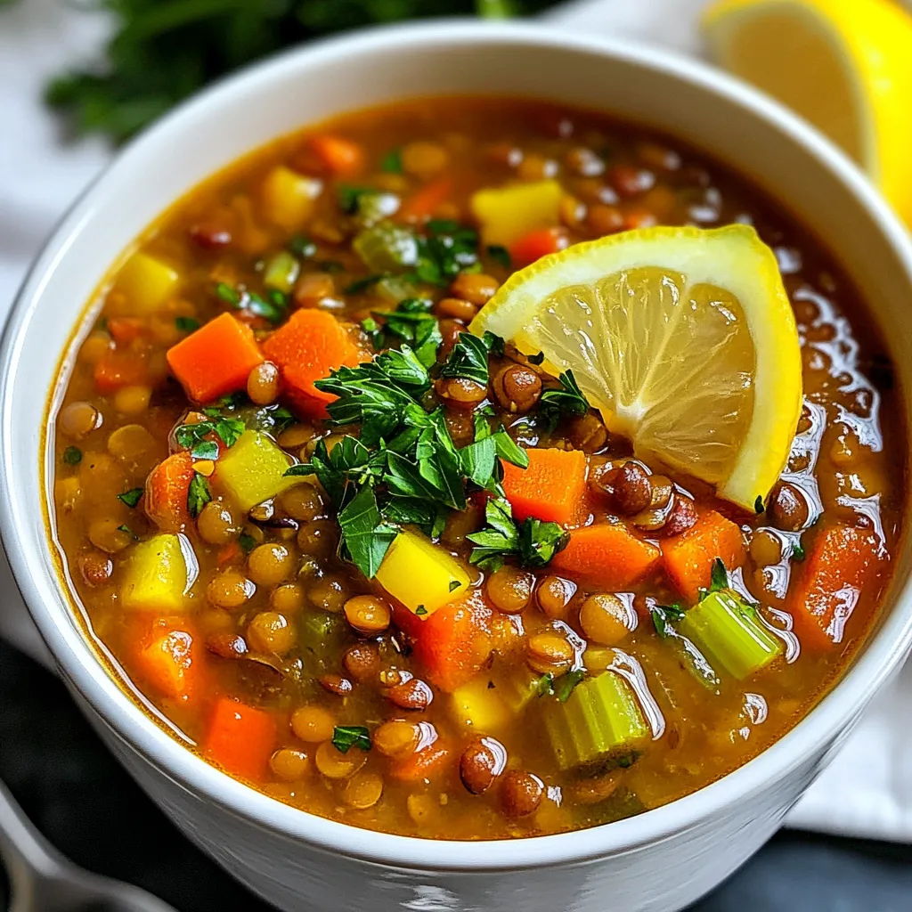To make a tasty Mediterranean lentil soup, you need some key ingredients. Here’s what you will gather: - 1 cup green or brown lentils, rinsed - 1 large onion, diced - 2 cloves garlic, minced - 2 medium carrots, diced - 2 celery stalks, diced - 1 red bell pepper, diced - 1 can (14 oz) diced tomatoes, with juice - 4 cups vegetable broth - 2 tablespoons olive oil - 1 teaspoon ground cumin - 1 teaspoon smoked paprika - ½ teaspoon dried oregano - Salt and pepper to taste - Juice of 1 lemon - Fresh parsley, chopped (for garnish) These ingredients work together to create a rich and hearty soup. The lentils provide protein and fiber. The fresh veggies add crunch and color. Each spice brings a unique flavor to the dish. While the essential ingredients shine, you can add a few optional items for extra taste. Consider these: - A pinch of red pepper flakes for heat - A bay leaf for depth - Fresh spinach or kale for added greens - A splash of balsamic vinegar for tang These additions can elevate the soup. They give you room to be creative. Experiment and find what flavors you enjoy most. Mediterranean lentil soup is not just delicious; it’s also good for you. Here are some health benefits: - High in protein: Lentils are a great plant-based protein source. - Rich in fiber: This helps with digestion and keeps you full longer. - Low in fat: The olive oil adds healthy fats without excess calories. - Packed with vitamins: The veggies provide essential nutrients like vitamin A and C. Enjoying this soup can support a balanced diet. It’s healthy, filling, and perfect for any meal. {{ingredient_image_1}} To make Mediterranean lentil soup, start by gathering all your ingredients. You will need: - 1 cup green or brown lentils, rinsed - 1 large onion, diced - 2 cloves garlic, minced - 2 medium carrots, diced - 2 celery stalks, diced - 1 red bell pepper, diced - 1 can (14 oz) diced tomatoes, with juice - 4 cups vegetable broth - 2 tablespoons olive oil - 1 teaspoon ground cumin - 1 teaspoon smoked paprika - ½ teaspoon dried oregano - Salt and pepper to taste - Juice of 1 lemon - Fresh parsley, chopped (for garnish) Make sure to rinse the lentils well. This step helps remove dirt and debris. Dice the onions and other vegetables into small pieces. This helps them cook evenly. In a large pot, add olive oil and heat it over medium heat. Once hot, add the diced onion. Sauté it for about 5 minutes until it becomes soft and clear. Next, add minced garlic, diced carrots, celery, and red bell pepper. Cook these vegetables for 5 to 7 minutes. Stir them often to avoid burning. Now, add the rinsed lentils to the pot. Mix them well with the vegetables. Pour in the can of diced tomatoes and vegetable broth. Then, add ground cumin, smoked paprika, oregano, salt, and pepper. Bring the mixture to a boil, then reduce the heat to low. Cover the pot and let it simmer for 25 to 30 minutes. Check occasionally to stir, ensuring nothing sticks to the bottom. When the lentils are tender, remove the pot from heat. Squeeze in the juice of one lemon. This adds a fresh, bright taste. To enhance the flavor of your soup, try these simple tips: - Use fresh herbs like parsley or thyme. They add freshness. - Toast spices in the oil before adding vegetables. This brings out their full flavor. - Add a splash of vinegar or a pinch of sugar. This can balance the soup's taste. - Taste as you go. Adjust salt and pepper based on your preference. These tips will help you create a soup that is not just healthy but also bursting with flavor. Enjoy your cooking adventure! When making Mediterranean lentil soup, avoid these common mistakes: - Not rinsing lentils: Rinse them to remove dirt and debris. - Overcooking vegetables: Sauté them until just soft to keep their crunch. - Skipping spices: Use cumin, smoked paprika, and oregano for flavor. - Ignoring the broth: A good vegetable broth makes a big difference. To add creaminess to your soup, try these tips: - Blend part of the soup: Use an immersion blender for a thick texture. - Add coconut milk: Stir in a can for a rich, creamy flavor. - Use pureed beans: White beans can add creaminess without changing the taste. Reheating Mediterranean lentil soup is easy. Here’s how: - Stovetop: Heat in a pot over medium heat, stirring often. - Microwave: Place in a microwave-safe bowl, cover, and heat in short bursts. - Serve with toppings: Add fresh parsley, a squeeze of lemon, or a dollop of yogurt for extra flavor. Pro Tips Choose Your Lentils: Green or brown lentils work best for this soup, as they hold their shape well during cooking and add a nice texture. Enhance Flavor Depth: Consider adding a bay leaf during simmering for an extra layer of flavor; just remember to remove it before serving. Make It Creamy: For a creamier texture, blend a portion of the soup with an immersion blender before serving, while leaving some lentils whole. Storage Tips: This soup stores well in the fridge for up to 4 days. You can also freeze it for up to 3 months; just reheat gently. {{image_2}} You can mix up your soup with different veggies. Try adding spinach or kale for greens. Zucchini or sweet potatoes can add a nice twist too. Just chop them small so they cook well. You can use any seasonal veggies you have on hand. This makes the soup fun and colorful! If you want a heartier dish, add protein. Chickpeas or white beans work great in lentil soup. You can also add diced chicken or sausage for a meatier flavor. Just cook the protein first, then add it to the pot with the lentils. This way, you will get a filling meal in no time! Changing the spices can create new tastes. For a spicy kick, add some cayenne pepper or red pepper flakes. If you want a more Mediterranean vibe, try adding rosemary or thyme. You can also use curry powder for an exotic twist. Adjusting spices is easy, and it makes your soup unique every time! To store leftover soup, let it cool first. Transfer the soup to an airtight container. You can keep it in the fridge for up to five days. Make sure to label the container with the date. This helps you remember when you made it. If you want to freeze the soup, use freezer-safe containers. Leave some space at the top for expansion. You can also use freezer bags. Remove excess air, then seal them tightly. The soup will last for about three months in the freezer. To thaw your soup, move it to the fridge overnight. If you need it fast, place the sealed bag in cold water. Once thawed, you can reheat it in a pot over medium heat. Stir it often to heat evenly. If it's too thick, add a splash of broth or water. Enjoy your warm Mediterranean lentil soup! Yes, you can use other lentils. Red lentils cook faster and break down more. They will make the soup thicker. Black lentils stay firmer, giving a nice texture. Feel free to experiment. Each type adds a different taste and look to the soup. Absolutely! This soup is vegan-friendly. It uses vegetable broth and no animal products. The lentils provide protein and fiber, making it healthy. You can enjoy this soup without any concerns about meat or dairy. To add heat, try these ideas: - Add red pepper flakes. Start with a pinch and taste. - Mix in diced jalapeños for fresh heat. - Use spicy paprika instead of smoked paprika. - Add a dash of hot sauce before serving. Experiment until you find the right spice level for you. Mediterranean lentil soup combines simple ingredients for great taste and health. You learned about essential and optional items that boost flavor. Following my step-by-step guide ensures delicious results every time. I shared tips to avoid common mistakes and ways to customize your soup. Storing leftovers correctly helps keep the flavor intact for later. This soup is versatile, easy to adjust, and perfect for anyone. Dive into this recipe, and enjoy the warmth of homemade soup. You’ll create a hearty meal that satisfies!
