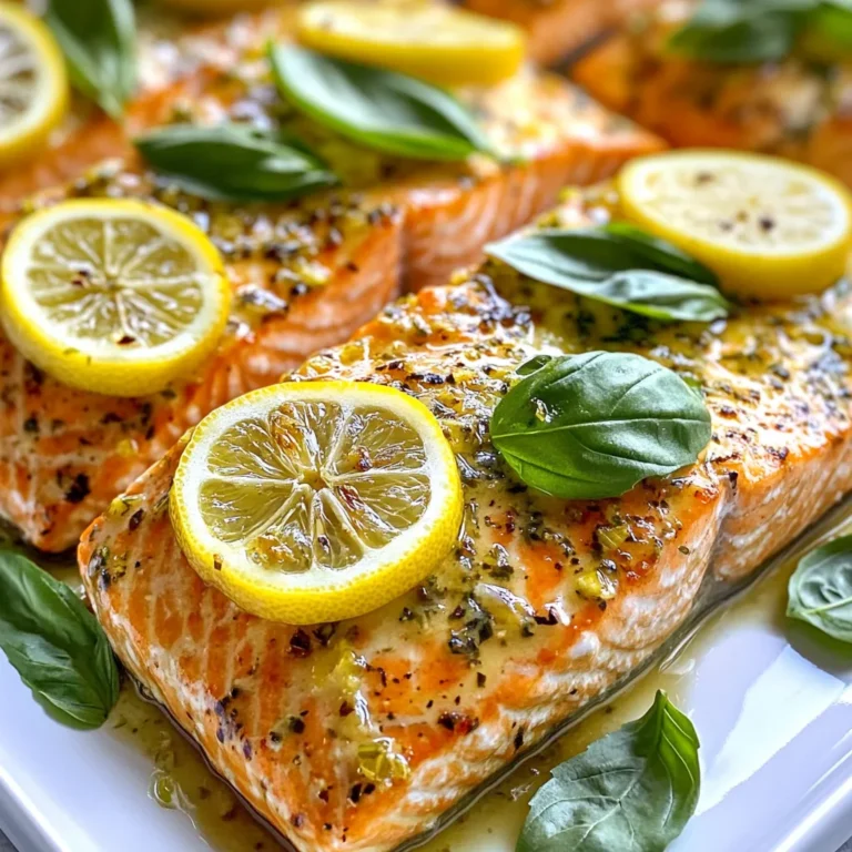 - 4 salmon fillets - 2 lemons (zested and juiced) - 1/4 cup fresh basil leaves, chopped - 2 tablespoons olive oil - 3 garlic cloves, minced - Salt and pepper to taste - Lemon slices for garnish - Fresh basil sprigs for garnish You can add some extra flavor to your Lemon Basil Salmon. Here are a few ideas: - A pinch of red pepper flakes for heat. - A tablespoon of honey for sweetness. - A splash of white wine for depth. - Capers for a briny touch. These options can bring new layers to your dish. Feel free to mix and match! Using fresh ingredients makes a big difference. Here are tips to keep them fresh: - Keep salmon fillets in the coldest part of your fridge. Use within two days. - Store lemons at room temperature for easy access. If cut, wrap in plastic. - Basil leaves last longer in a glass of water, like a bouquet. - Check garlic for firmness and avoid sprouted cloves. These simple steps help your dish shine with flavor and freshness! {{ingredient_image_1}} 1. Start by preheating your oven to 400°F (200°C). 2. Grab a mixing bowl and add the juice and zest of two lemons. 3. Chop up a quarter cup of fresh basil leaves. 4. Mince three garlic cloves, then add them to the bowl. 5. Pour in two tablespoons of olive oil. 6. Season the mix with salt and pepper to taste. 7. Stir all the ingredients well to make a marinade. 8. Place four salmon fillets in a shallow baking dish. 9. Pour the marinade over the salmon, coating each piece well. 10. Allow the salmon to marinate for at least 15 minutes. 1. After marinating, place the salmon fillets in the oven. 2. Bake them for 12 to 15 minutes. 3. Look for the fish to flake easily with a fork. 4. Once done, carefully take the salmon out of the oven. 5. Let it rest for a couple of minutes to keep moisture. To check if your salmon is done, use a fork. Gently poke the thickest part of the fillet. If it flakes easily, it is ready to eat. The salmon should appear opaque and slightly pink in the center. If it still looks raw, bake it for another minute or two. Always trust your fork for the best results! To get the best flavor from your Lemon Basil Salmon, marinating is key. Start by mixing lemon juice, zest, chopped basil, olive oil, minced garlic, salt, and pepper in a bowl. This mix creates a tasty marinade. Make sure you coat the salmon well. Let it sit for at least 15 minutes. For even more flavor, marinate the salmon in the fridge for an hour. This allows the salmon to soak up all those bright lemon and basil tastes. Pair your Lemon Basil Salmon with fresh and light sides. Here are some great options: - Steamed asparagus - Roasted broccoli - Quinoa salad - Garlic mashed potatoes - A crisp green salad These sides add color and texture to your meal. They also balance the flavors of the salmon. When making Lemon Basil Salmon, some common mistakes can ruin the dish. Avoid these pitfalls: - Skipping the marinade: This step is crucial for flavor. - Overcooking the salmon: Cook it until it flakes easily with a fork. - Not using fresh ingredients: Fresh basil and lemons make a big difference. - Ignoring resting time: Let the salmon rest before serving. This helps keep it juicy. By following these tips, you’ll create a delicious and memorable meal! Pro Tips Marinate Longer for Extra Flavor: If you have time, let the salmon marinate for up to 2 hours in the refrigerator. This allows the flavors to penetrate the fish more deeply. Check for Doneness: To ensure your salmon is perfectly cooked, use a fork to gently flake the thickest part. It should flake easily and appear opaque. Use Fresh Ingredients: Fresh basil and lemons will enhance the dish’s flavor significantly. Avoid using dried basil for this recipe. Experiment with Herbs: Try adding other fresh herbs like dill or parsley along with the basil for a different flavor profile. {{image_2}} Grilling Lemon Basil Salmon adds a smoky flavor. Start by marinating your salmon as usual. Then, heat your grill to medium-high. Place the salmon fillets on the grill skin-side down. Cook for about 6 to 8 minutes. Flip the salmon gently and grill for another 6 minutes. The salmon should be flaky and tender. Serve with lemon slices for a bright touch. You can swap basil for other herbs. Try dill or parsley for a fresh taste. Oregano works well if you want a bolder flavor. For a spicy kick, add some red pepper flakes to the marinade. These changes can help you find your favorite twist on the dish. This recipe is naturally gluten-free and dairy-free. Use fresh ingredients to keep it healthy. If you want to add creaminess, consider using avocado or a dairy-free alternative. This keeps the dish light but still delicious. Make sure your seasonings are gluten-free, especially if you use pre-made sauces or marinades. To store leftover salmon, wait for it to cool. Place it in an airtight container. Cover it tightly. You can keep it in the fridge for up to three days. If you want to keep it longer, freeze it. When you reheat salmon, do it gently. Preheat your oven to 275°F (135°C). Place the salmon on a baking sheet. Cover it with foil to keep it moist. Heat it for about 15 minutes. This keeps the flavor fresh and the texture nice. To freeze your salmon, wrap it tightly in plastic wrap. Then, put it in a freezer bag. Remove as much air as you can. Label the bag with the date. Frozen salmon is best used within three months. When ready to use, thaw it in the fridge overnight. The best way to season salmon is simple. Use salt, pepper, and lemon juice. These flavors bring out the fish's natural taste. Fresh herbs like basil also add a great touch. For Lemon Basil Salmon, the marinade mixes lemon zest, garlic, and chopped basil. This blend enhances the salmon's flavor while keeping it light and fresh. You can use dried basil, but fresh is better. Fresh basil has a bright flavor and aroma. Dried basil can taste more muted. If you must use dried, use less. About one teaspoon of dried basil equals one tablespoon of fresh. Keep in mind that the taste will change slightly. To know if salmon is fully cooked, look for color and texture. The fish should turn from a deep pink to a lighter shade. It should also flake easily with a fork. You can use a food thermometer. The ideal internal temperature is 145°F (63°C). Checking these signs helps ensure a perfect meal. Yes, Lemon Basil Salmon is healthy! Salmon is rich in omega-3 fatty acids, which are great for your heart. The lemon and basil add vitamins and antioxidants. Olive oil is also a healthy fat that supports good health. This dish is a balanced option for any meal. Enjoy it without guilt! In this article, we explored the best ingredients for Lemon Basil Salmon and how to prepare it. I shared tips on marinating and suggested side dishes to complement your meal. Remember to check for doneness to ensure perfect cooking. Variations can add fun, like grilling or using different herbs. Proper storage and reheating help you enjoy leftovers. Lemon Basil Salmon is tasty and healthy, making it a great choice for any meal. Embrace these tips to create a delightful dish that impresses everyone.