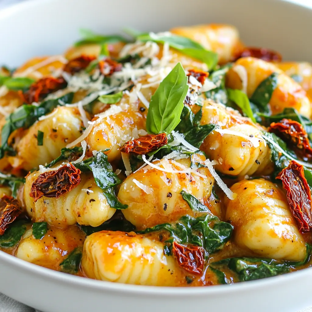 - 1 package (16 oz) gnocchi - 1 cup sun dried tomatoes, chopped (in oil) - 2 tablespoons olive oil (from sun dried tomatoes) - 3 cloves garlic, minced - 1 cup heavy cream - 1 cup vegetable broth - 1 cup fresh spinach, roughly chopped - 1 teaspoon dried basil - 1 teaspoon Italian seasoning - Salt and pepper to taste - Grated Parmesan cheese for serving - Fresh basil leaves for garnish Using high-quality ingredients makes a big difference. Choose fresh gnocchi for the best taste. Look for sun dried tomatoes packed in oil; they add great flavor. Fresh spinach adds a nice texture and color to the dish. Use fresh garlic for a stronger taste. When picking your heavy cream, go for one without additives for a richer sauce. If you can't find gnocchi, you can use pasta like penne or fettuccine. For a lighter version, swap heavy cream with half-and-half or coconut milk. If you want a vegan option, use a plant-based cream and skip the cheese. You can also replace sun dried tomatoes with roasted red peppers for a different flavor. If you want a protein boost, try adding cooked chicken or shrimp. {{ingredient_image_1}} Start by boiling water in a large pot. Add a pinch of salt to the water for flavor. Once it boils, add the gnocchi. Cook them as per the package guide. Watch closely; the gnocchi will float when they are done. This takes about 2-3 minutes. After they float, drain them and set aside. This step makes the base for our creamy dish. In the same pot or a large skillet, heat olive oil over medium heat. Use the oil from the sun-dried tomatoes for extra flavor. Add minced garlic and chopped sun-dried tomatoes. Sauté for about 2 minutes until you smell the garlic. Next, pour in the vegetable broth. Bring it to a simmer and let it reduce for about 3-4 minutes. This thickens the sauce. Now, lower the heat and stir in heavy cream. Mix well until combined. Add the roughly chopped spinach, dried basil, and Italian seasoning. Sprinkle in some salt and pepper to taste. Cook until the spinach wilts, which takes about 2 minutes. This adds color and nutrition to the sauce. Gently fold in the cooked gnocchi. Make sure each piece is coated with the creamy sauce. Cook everything on low heat for an additional 2-3 minutes. This warms it through. Once ready, serve it immediately. Top with grated Parmesan cheese and fresh basil leaves for a beautiful touch. Enjoy every creamy bite of this delightful dish! To get the best gnocchi, start with fresh ones. Cook them in boiling water until they float. This shows they are ready. Avoid overcooking, as they can get mushy. If you make your own gnocchi, use a light hand. Too much flour makes them dense. You can add more flavor by using fresh herbs. Try parsley or thyme for a nice touch. Adding a squeeze of lemon juice brightens the dish. A pinch of red pepper flakes gives it a nice kick. You can also mix in cooked chicken or shrimp for protein. One common mistake is undercooking the garlic. If it’s not cooked long enough, it can taste raw. Another error is not seasoning the sauce properly. Taste as you go and adjust salt and pepper. Lastly, don’t forget to coat the gnocchi well in the sauce. This ensures every bite is creamy and flavorful. Pro Tips Use Fresh Ingredients: Whenever possible, opt for fresh spinach and high-quality sun dried tomatoes to enhance the flavor and texture of the dish. Adjust Creaminess: For a lighter version, substitute half of the heavy cream with additional vegetable broth or use a plant-based cream alternative. Customize Seasoning: Feel free to experiment with different herbs and spices, such as oregano or crushed red pepper, to tailor the flavor to your liking. Serving Suggestions: This dish pairs beautifully with a side of garlic bread or a fresh green salad for a complete meal. {{image_2}} You can easily make this dish vegan. Start by swapping the heavy cream for coconut cream or cashew cream. Use vegetable broth instead of any dairy-based liquids. For the cheese, use a vegan Parmesan or nutritional yeast to add a cheesy taste. This way, you keep all the creamy goodness without any animal products. If you want to add protein, chicken and shrimp work great. For chicken, use boneless pieces. Cook them in the pot before adding garlic and sun dried tomatoes. For shrimp, add them after the broth, as they cook quickly. Both options add flavor and make your meal more filling. Feel free to mix in your favorite veggies. Zucchini, bell peppers, or mushrooms add great taste and texture. Just chop them up and sauté them with garlic and sun dried tomatoes. You can also add peas or broccoli at the end for a pop of color and nutrition. These variations keep the dish exciting and fresh. Store any leftover creamy sun dried tomato gnocchi in an airtight container. Let the dish cool to room temperature first. Then, place it in the fridge. It stays fresh for up to three days. If you know you won’t eat it soon, consider freezing it. To reheat, place the gnocchi in a skillet over low heat. Add a splash of vegetable broth or cream to keep it moist. Stir often until heated through. You can also use a microwave. Heat in short intervals, stirring in between, until warm. For freezing, make sure the gnocchi cools completely. Transfer it to a freezer bag or container. Remove as much air as possible. This helps prevent freezer burn. The gnocchi can last up to three months in the freezer. To enjoy it later, thaw it overnight in the fridge before reheating. Yes, you can make creamy sun-dried tomato gnocchi ahead of time. Cook the gnocchi and prepare the sauce as directed. Once done, mix the gnocchi with the sauce. Store it in the fridge for up to three days. When you are ready to eat, reheat it on low heat. Add a splash of broth or cream to loosen the sauce. If you don’t have gnocchi, you can use other pasta. Small shapes like penne or fusilli work well. You can also use homemade dumplings or even cooked potatoes. Just adjust the cooking time based on what you choose. The creamy sauce will still taste great with these options. Yes, creamy sun-dried tomato gnocchi is great for meal prep. It keeps well in the fridge. Portion it into containers for easy lunches or dinners. Just remember to reheat gently to keep the sauce creamy. This way, you can enjoy a delicious meal all week long! This article covered all you need to make creamy sun-dried tomato gnocchi. You learned about key ingredients and how their quality matters. We discussed clear steps for making the dish and tips for perfect texture. You can even explore variations with proteins or vegetables. Lastly, proper storage tips ensure your leftovers stay fresh. With this knowledge, you're ready to impress with a delicious meal!
