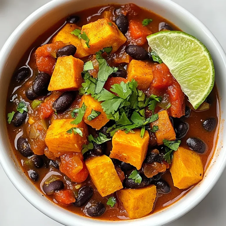 - 2 medium sweet potatoes, peeled and diced - 1 can (15 oz) black beans, drained and rinsed - 1 can (14 oz) diced tomatoes with green chilies - 1 medium onion, finely chopped - 3 cloves garlic, minced - 1 bell pepper (any color), chopped - 2 cups vegetable broth - 2 teaspoons ground cumin - 1 teaspoon smoked paprika - 1 teaspoon chili powder - 1/2 teaspoon cayenne pepper (adjust to taste) - Salt and pepper to taste - 1 tablespoon olive oil - 1 lime, juiced - Fresh cilantro for garnish I love using fresh sweet potatoes. They add a nice sweetness and texture. You can swap them with regular potatoes if you want. Canned black beans save time. If you prefer dried beans, soak them overnight and cook them first. Use any bell pepper color; each adds its own twist. For the tomatoes, choose ones with added green chilies for heat. If you want less spice, skip the cayenne pepper. Fresh cilantro brightens the dish, so don’t skip it! Each serving has about: - Calories: 240 - Protein: 10g - Carbohydrates: 50g - Fiber: 15g - Fat: 4g - Sodium: 400mg This chili is not just tasty; it's also packed with nutrients! Sweet potatoes provide vitamins and fiber. Black beans add protein and more fiber. You get a hearty meal that feels good and tastes great. {{ingredient_image_1}} First, gather all your ingredients. You will need: - 2 medium sweet potatoes, peeled and diced - 1 can (15 oz) black beans, drained and rinsed - 1 can (14 oz) diced tomatoes with green chilies - 1 medium onion, finely chopped - 3 cloves garlic, minced - 1 bell pepper (any color), chopped - 2 cups vegetable broth - 2 teaspoons ground cumin - 1 teaspoon smoked paprika - 1 teaspoon chili powder - 1/2 teaspoon cayenne pepper (adjust to taste) - Salt and pepper to taste - 1 tablespoon olive oil - 1 lime, juiced - Fresh cilantro for garnish Next, peel and dice the sweet potatoes. Chop the onion and bell pepper. Mince the garlic. Rinse the black beans. This prep makes your cooking smooth and fun. Start by heating the olive oil in a large pot or Dutch oven over medium heat. Add the chopped onion and bell pepper. Cook them for about five minutes until they soften. Then, add the minced garlic. Cook it for another minute. This step brings out the aroma. Next, toss in the diced sweet potatoes. Stir them well to mix with the onions and peppers. Pour in the vegetable broth, diced tomatoes (with their juices), and black beans. Stir everything together. Season the chili with cumin, smoked paprika, chili powder, cayenne pepper, salt, and pepper. Stir well again. Bring the chili to a boil. Once it boils, reduce the heat to low, cover the pot, and let it simmer. Cook for 25-30 minutes until the sweet potatoes are tender. Stir occasionally, so nothing sticks to the pot. When ready, taste the chili. You can adjust the seasoning if needed. Squeeze in the lime juice and mix it well. This adds a bright flavor. Always taste your chili before serving. If it needs more spice, add more cayenne pepper. For more depth, add an extra dash of smoked paprika. If it feels too thick, just add a bit more vegetable broth. For garnish, sprinkle fresh cilantro on top before serving. You can also add a lime wedge on the side. This makes your dish look great and adds flavor. Enjoy your hearty and healthy meal! To make the best sweet potato black bean chili, start with fresh ingredients. Fresh sweet potatoes bring a natural sweetness. Use ripe tomatoes for a richer flavor. Always rinse canned beans to reduce sodium. Cook the chili low and slow for deep taste. Stir often to avoid sticking. Add layers of flavor by using spices wisely. Ground cumin and smoked paprika add warmth. Adjust cayenne pepper for your spice level. A squeeze of lime brightens the dish. For extra texture, top with crunchy tortilla chips. Fresh cilantro adds a nice herbaceous note. Try adding corn for a sweet pop. Don’t skip sautéing the onions and peppers; this builds flavor. Avoid overcooking the sweet potatoes, or they may turn mushy. Be cautious with salt; taste before adding more. If it’s too thick, add more broth. Lastly, don’t forget to taste and adjust before serving. Pro Tips Choosing Sweet Potatoes: Opt for firm, smooth sweet potatoes without any blemishes to ensure the best flavor and texture. Enhancing Flavor: For a deeper flavor, consider roasting the sweet potatoes before adding them to the chili. Adjusting Heat: If you prefer your chili spicier, feel free to add more cayenne pepper or include chopped jalapeños. Make-Ahead Option: This chili can be made ahead of time; it tastes even better the next day after the flavors have melded together. {{image_2}} This chili is naturally vegan. It has no meat and uses plant-based ingredients. The sweet potatoes and black beans give it a hearty texture. You can add more beans or even lentils for extra protein. Feel free to skip the lime juice if you prefer. Good news! This chili is gluten-free. All the ingredients are safe for a gluten-free diet. Just make sure to check the labels on canned goods. Some brands may add gluten as a thickener. Use a gluten-free vegetable broth to keep it safe. You can make this chili your own. Try adding corn for a sweet crunch. Chopped zucchini or carrots can add more veggies. For a spicy kick, toss in jalapeños or habaneros. Fresh herbs like parsley or basil can brighten the dish. You might even add quinoa for more texture and protein. Each change can make your chili unique and delicious! To store your leftover sweet potato black bean chili, let it cool first. Once cooled, transfer it into an airtight container. Make sure to seal it well to keep air out. You can keep it in the fridge for up to five days. Label the container with the date, so you know when it was made. If you want to freeze the chili, it’s simple. Place the cooled chili in freezer-safe containers or heavy-duty bags. Leave some space at the top because liquids expand when frozen. Your chili will stay fresh for up to three months. When you are ready to eat it, thaw it in the fridge overnight before reheating. To reheat the chili, you have a few options. You can use the stove, microwave, or oven. If using the stove, pour the chili into a pot over medium heat. Stir it often until it’s hot. For the microwave, place the chili in a microwave-safe bowl and heat in 1-minute intervals, stirring in between. If using the oven, cover it with foil and heat at 350°F until warm. Always check that it’s heated through before serving. Enjoy your delicious chili! Yes, you can make this chili ahead of time. It tastes even better the next day. The flavors blend well when it sits overnight in the fridge. Just keep it in an airtight container. When you're ready to eat, heat it in a pot over medium heat. You can serve this chili with a variety of sides. Crusty bread or tortilla chips work great for dipping. A side salad adds freshness. You might also try some avocado slices or sour cream on top for creaminess. To add more heat, use more cayenne pepper. You can also add chopped fresh jalapeños. If you like smoky flavors, try adding smoked chipotle peppers. Adjust the spice levels to fit your taste. Yes, you can use other beans if you prefer. Kidney beans or pinto beans are great choices. Just make sure to rinse and drain them well. This keeps the chili flavorful and not too salty. If you don’t have sweet potatoes, try using regular potatoes. You can also use squash or carrots. Each will give a different taste but still keep it hearty and filling. This chili lasts about 4-5 days in the fridge. Make sure to store it in an airtight container. If you want to keep it longer, consider freezing it. To freeze, let the chili cool first. Then, transfer it to a freezer-safe container. Leave some space at the top for expansion. It can last up to 3 months in the freezer. Absolutely! You can add corn, zucchini, or spinach. Just chop them into small pieces and add them during cooking. This boosts nutrition and adds color to your dish. You now have all the tools to make a great chili. We explored the key ingredients, how to prepare and cook, and tips to enhance flavor. I shared variations for vegan and gluten-free options. You learned how to store leftovers and answered common questions about this dish. Chili can be simple or complex, but it’s all about what you like. Get creative and enjoy each bite! Cooking is a journey, so make it fun.