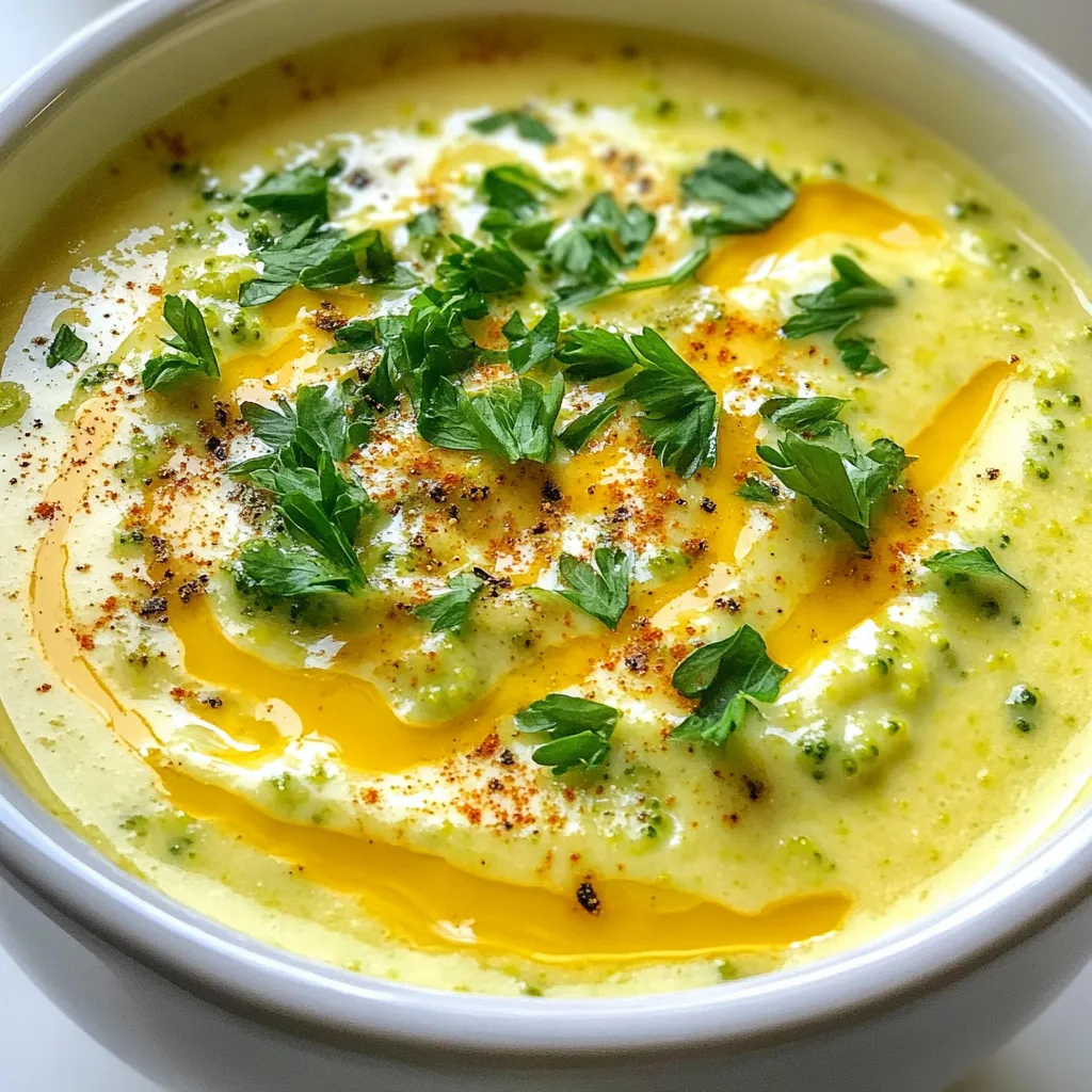 - 4 cups fresh broccoli florets - 1 medium onion, chopped - 2 cloves garlic, minced - 3 tablespoons unsalted butter - 4 cups vegetable broth - 1 cup heavy cream - 2 cups sharp cheddar cheese, grated - 1 teaspoon dijon mustard - Salt and pepper to taste - 1/2 teaspoon smoked paprika - Fresh parsley, chopped, for garnish Gathering the right ingredients makes all the difference. Fresh broccoli gives the soup a bright taste. The onion and garlic add a savory base. Butter brings richness, while vegetable broth adds depth. Heavy cream is key for creaminess. Sharp cheddar cheese melts beautifully and adds flavor. Dijon mustard gives a nice tang. Salt and pepper round out the taste. For extra flavor, consider adding smoked paprika. It gives a warm, smoky note. Fresh parsley adds a pop of color and freshness when you serve the soup. Enjoy mixing and matching these ingredients for a delightful bowl of creamy broccoli cheddar soup! {{ingredient_image_1}} Start by gathering your fresh broccoli florets, onion, and garlic. Chop the onion into small pieces. Mince the garlic cloves carefully. This helps release their strong flavor. Measure out your butter, vegetable broth, heavy cream, and cheese. Having everything ready makes cooking easier and quicker. In a large pot, melt the unsalted butter over medium heat. Once melted, add the chopped onion. Sauté the onion for about 5 minutes. You want it to turn translucent. Next, stir in the minced garlic. Cook for another 1 to 2 minutes until you smell its aroma. Now, add the broccoli florets to the pot. Pour in the vegetable broth. Bring this mixture to a gentle boil. After that, reduce the heat and let it simmer for 15 to 20 minutes. This step cooks the broccoli until it is soft. Once your broccoli is tender, you need to purée the soup. Use an immersion blender for this. If you don’t have one, transfer the soup carefully to a blender in batches. Blend until it's smooth. Pour the soup back into the pot. Now it’s time to add the heavy cream and dijon mustard. If you like, sprinkle in the smoked paprika for extra flavor. Stir in the grated cheddar cheese next. Mix it well until the cheese melts and the soup becomes creamy. Add salt and pepper to taste. Let it heat through on low for another 5 minutes. When ready, serve hot. Garnish with fresh parsley and extra cheddar cheese if you wish. To boost the flavor of your creamy broccoli cheddar soup, try these tips: - Use fresh ingredients: Fresh broccoli and onions give a bright taste. - Add spices: A pinch of smoked paprika adds a nice touch. - Incorporate dijon mustard: This gives a tangy depth that pairs well with cheese. - Finish with cheese: Adding more cheddar on top enhances that rich, cheesy flavor. These small changes can make your soup shine. For a wonderfully creamy soup, follow these steps: - Use heavy cream: This adds richness and smoothness to your soup. - Blend well: After cooking, blend the soup until it’s very smooth. - Heat gently: When adding cheese, stir over low heat until melted. This prevents it from clumping. These tips ensure a velvety texture every time. Avoid these common pitfalls for the best results: - Overcooking broccoli: Cook it just until tender. This keeps the bright color and flavor. - Skipping the blend: Blending is key for a smooth soup. Don’t skip it! - Adding cheese too quickly: Stir it in slowly. If it’s too hot, the cheese can separate. By steering clear of these mistakes, you’ll serve a perfect bowl of soup. Pro Tips Fresh Broccoli is Best: Use fresh broccoli florets for the best flavor and texture. Avoid overcooking to maintain their vibrant color and nutrients. Cheese Temperature: Ensure the cheddar cheese is at room temperature before adding it to the soup. This helps it melt more smoothly into the creamy mixture. Adjusting Thickness: If you prefer a thicker soup, blend in a couple of small boiled potatoes or add more cheese. For a thinner consistency, simply add more broth. Herb Variations: Experiment with different herbs like thyme or dill for added flavor. Fresh herbs can elevate the dish and provide a new twist to the classic recipe. {{image_2}} You can make a vegan version of this soup. Start by using plant-based butter. Replace heavy cream with coconut cream or cashew cream. For cheese, use a vegan cheese that melts well. This keeps the soup creamy and rich without any animal products. The flavor remains tasty and satisfying. This soup is already quite friendly to gluten-free diets. Just ensure that the vegetable broth does not contain gluten. Most store-bought brands are gluten-free, but always check the label. If you use packaged cheese, confirm it is gluten-free too. With these simple swaps, you can enjoy this dish without worry. Want to add some heat? You can spice it up easily! Add a pinch of red pepper flakes when cooking the onions and garlic. For a bolder taste, toss in diced jalapeños with the broccoli. If you like smokiness, use smoked paprika in a larger amount. This adds depth and flavor to your creamy soup. You can store creamy broccoli cheddar soup in the fridge. Let it cool first. Transfer it to an airtight container. It will stay fresh for about 3 to 4 days. Make sure to label the container with the date. This way, you know when to use it. To freeze the soup, wait until it cools completely. Pour the soup into freezer-safe bags or containers. Leave some space for the soup to expand. Seal tightly and label each container. The soup can last in the freezer for up to 3 months. When you're ready to eat it, just thaw in the fridge overnight. Reheat the soup on the stove for the best results. Place it in a pot over low heat. Stir often to prevent sticking. If it seems too thick, add a splash of vegetable broth or cream. You can also use the microwave. Heat in short bursts, stirring in between. Make sure it’s hot all the way through before serving. Yes, you can use frozen broccoli. It saves time and is easy to find. Just make sure to thaw it first. Drain any excess water before adding it to the pot. Cooking time may be shorter, so check for tenderness after 10-15 minutes. If you want a lighter soup, try whole milk or half-and-half. You can also use coconut milk for a dairy-free option. Just add it in the same way as heavy cream. The soup will still taste great and be creamy. If your soup is too thin, there are a few tricks. You can add more cheese, which will help thicken it. Another option is to mix 1 tablespoon of cornstarch with 2 tablespoons of water. Stir this mixture into the soup and heat until thickened. You can also blend in some extra broccoli for added texture. In this post, we covered the key steps to make a great broccoli cheddar soup. We explored fresh ingredients, pantry staples, and optional flavors. The cooking process and blending tips helped create a creamy texture. Avoiding common mistakes and adding variations let you customize the soup. Lastly, proper storage and reheating tips ensure you enjoy every bite later. With these insights, you can craft a delicious soup that suits your taste. Happy cooking!